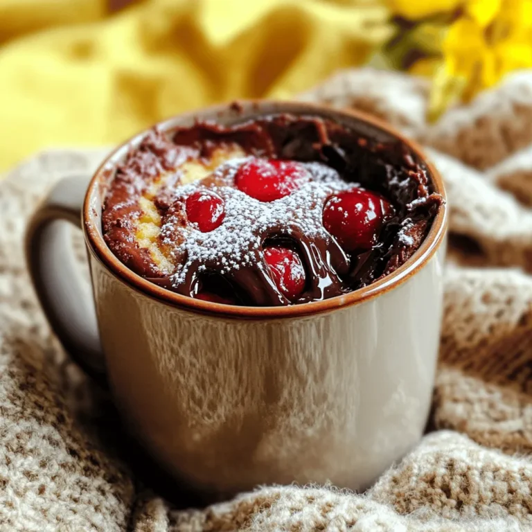 - 4 tablespoons all-purpose flour - 2 tablespoons unsweetened cocoa powder - 4 tablespoons granulated sugar - 1/8 teaspoon baking powder - 1/4 cup milk - 2 tablespoons vegetable oil - 1/4 teaspoon pure vanilla extract - 1/4 cup dark chocolate chips - 2 tablespoons cherry pie filling (or fresh cherries, pitted and chopped) - A pinch of salt Each ingredient plays a big role in this recipe. The all-purpose flour gives the cake its structure. The unsweetened cocoa powder adds rich chocolate flavor. Granulated sugar sweetens the cake, while the baking powder helps it rise. Milk and vegetable oil keep the cake moist and tender. Pure vanilla extract adds warmth and depth. Dark chocolate chips give oozy pockets of melted chocolate. Cherries bring a burst of tartness, balancing the sweetness. For flour, I like using King Arthur or Bob's Red Mill. Both brands provide great quality. Ghirardelli is my go-to for cocoa powder and chocolate chips. They have a deep, rich taste that enhances the cake. If you want to switch it up, try using fresh raspberries or strawberries instead of cherries. You can also use almond milk for a dairy-free option, or coconut oil in place of vegetable oil for a hint of tropical flavor. For the full recipe, check out the Cherry Chocolate Lava Mug Cake section. First, grab a large microwave-safe mug. In it, combine your dry ingredients. You need 4 tablespoons of all-purpose flour, 2 tablespoons of unsweetened cocoa powder, 4 tablespoons of granulated sugar, 1/8 teaspoon of baking powder, and a pinch of salt. Use a whisk to mix these well. This step is key to a smooth batter. Make sure there are no lumps. Now, add the wet ingredients. Pour in 1/4 cup of milk, 2 tablespoons of vegetable oil, and 1/4 teaspoon of pure vanilla extract. Stir it all together with vigor. Your goal is a smooth and consistent batter. Then, gently fold in 1/4 cup of dark chocolate chips and 2 tablespoons of cherry pie filling or chopped fresh cherries. Mix them evenly into the batter. This adds a burst of flavor in every bite. Place the mug in the microwave. Cook it on high for about 40 to 60 seconds. Keep an eye on it to avoid overflow. The edges should look set, while the center stays soft and gooey. After cooking, let it cool for one minute. This helps prevent burns. You can top it with vanilla ice cream or whipped cream for extra delight. For the full recipe, check the previous section. Enjoy your creation! To get that gooey center, cook the mug cake for just the right time. I recommend starting with 40 seconds. Check it closely. If the edges look set but the middle is soft, it's perfect. Using dark chocolate chips adds to that rich lava feel. They melt nicely and create that delightful ooze when you dig in. One mistake I see often is overcooking. Microwaves vary, so keep an eye on your mug cake. If you cook it too long, it won’t have that lava effect. Another mistake is not mixing well. Make sure your batter is smooth with no lumps. Lastly, don’t forget the salt! It balances the sweetness and enhances the flavors. Toppings can take your mug cake to the next level. I love adding a scoop of vanilla ice cream on top. The cold ice cream melts slightly and mixes with the warm cake. You can also use whipped cream or even a drizzle of chocolate sauce. Fresh cherries on top add a nice touch, too. For a bit of crunch, sprinkle some crushed nuts or chocolate shavings. Enjoy your Cherry Chocolate Lava Mug Cake with your favorite toppings! {{image_4}} You can switch up the cherry filling for other fruits. Try using raspberries, blueberries, or strawberries. Each fruit adds its own taste and flair. For example, blueberries give a sweet burst, while raspberries add a tangy kick. Use the same amount of fruit as in the full recipe. Just fold them into the batter like you would with cherries. This will keep that yummy lava center while changing the flavor. To make a vegan version, swap the milk for a plant-based option. Almond milk or oat milk works great. Replace the egg with one tablespoon of ground flaxseed mixed with three tablespoons of water. Allow it to sit for about five minutes to thicken. It acts as a great binder. Use vegan chocolate chips to keep it dairy-free. With these changes, you still get a rich and gooey treat. If you need a gluten-free cake, switch the all-purpose flour for gluten-free flour. Many brands work well for baking. Check labels to ensure they are safe for your needs. The texture may be slightly different, but it will still be delicious. Always keep an eye on the cooking time, as gluten-free versions may cook faster. Enjoy this treat without worry! If you have leftover Cherry Chocolate Lava Mug Cake, store it in an airtight container. This keeps the cake moist. You can leave it at room temperature for a day. If you want to keep it longer, refrigerate it. Just remember to cover it well to avoid drying out. To reheat, use the microwave. Place the mug in the microwave for about 10-15 seconds. Check it to ensure it warms evenly. You want it warm but not hot. If it feels too cool, add a few more seconds. Enjoy that gooey chocolate center again! The ingredients in this mug cake have different shelf lives. Here’s a quick guide: - All-purpose flour: lasts about a year when stored in a cool, dry place. - Cocoa powder: can last up to two years if sealed tightly. - Sugar: lasts indefinitely if kept dry. - Baking powder: good for about six months after opening. - Milk: typically lasts about a week after opening in the fridge. - Vegetable oil: can last up to a year. - Vanilla extract: remains good for several years if stored well. - Chocolate chips: stay fresh for about a year. - Cherry pie filling: check the can for the best-by date, but opened, it lasts about a week. For the best results, check these items often and replace as needed. This ensures every mug cake is as delicious as the first! To make a Cherry Chocolate Lava Mug Cake, start with a microwave-safe mug. Mix the dry ingredients: flour, cocoa powder, sugar, baking powder, and salt. Then, add milk, vegetable oil, and vanilla extract. Stir until smooth. Fold in dark chocolate chips and cherry filling. Microwave for 40-60 seconds until set around the edges but gooey in the middle. Yes, you can use any chocolate you like. Milk chocolate adds creaminess, while dark chocolate gives a rich taste. You can even try white chocolate for a sweet twist. Each will change the flavor slightly but still work well in this recipe. Watch the edges of the mug cake as it cooks. The edges should look firm, while the center stays soft. If it looks too watery, give it a few more seconds. Just be careful not to overcook it, or it won't have that lava effect. This guide covers all you need for a perfect Lava Mug Cake. We explored ingredients, cooking steps, and tips for success. You learned how to get the right texture and avoid common mistakes. Plus, we discussed fun variations and storage tips. With this knowledge, you can enjoy a tasty treat at home. Give it a try and share your results with friends!
