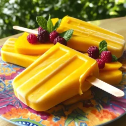 - Ripe mangoes - Creamy coconut milk - Honey or maple syrup (optional) - Fresh lime juice - Sea salt To make mango popsicles, start with ripe mangoes. The best mangoes are sweet and juicy. Choose fruit that feels soft when gently squeezed. You will need two mangoes for this recipe. Next, grab a cup of creamy coconut milk. This adds a rich flavor. If you want some sweetness, add a tablespoon of honey or maple syrup. This step is optional. Fresh lime juice brightens the taste. One tablespoon is enough for a nice zing. Lastly, a pinch of sea salt enhances all the flavors. - Sliced fresh mango - Assorted fresh berries For a fun touch, you can add garnishes. Sliced fresh mango on top gives a nice look. Assorted fresh berries add color and flavor. These garnishes make your popsicles even more exciting! Now that you know the ingredients, you’re ready to make mango popsicles. Check out the Full Recipe for all the steps. Enjoy! To make mango popsicles, start with ripe mangoes. Look for mangoes that are soft to touch. Peel the mangoes and dice them into small pieces. This helps the blending process. For blending, add the diced mangoes to a high-speed blender. Then, pour in one cup of creamy coconut milk. If you like your popsicles sweet, add one tablespoon of honey or maple syrup. Next, squeeze in one tablespoon of fresh lime juice. Finally, add a pinch of fine sea salt to balance the flavors. Blend the mixture until it is smooth and creamy. If needed, pause to scrape down the edges of the blender. Now, it’s time to pour the mixture into popsicle molds. Fill each mold about three-quarters full. This allows room for the popsicles to expand as they freeze. For a fun twist, add fresh mango slices or berries into the molds before filling them. Once filled, insert popsicle sticks into the molds. Make sure they are centered. Place the molds upright in your freezer. Let the popsicles freeze for at least six hours. They need to be frozen solid before you can enjoy them. When your popsicles are ready, it’s time to remove them. Run warm water over the outside of the molds for a few seconds. This will help loosen the popsicles. Then, gently tug on the sticks to release the popsicles. They should come out easily. For the full recipe, check the details above. Enjoy your refreshing mango popsicles! To make tasty mango popsicles, adjust sweetness to your liking. You can start with a tablespoon of honey or maple syrup. Blend, then taste. If you want it sweeter, add more. This simple step makes a big difference! Next, achieving the right creamy texture is key. Use ripe mangoes and creamy coconut milk. Blend until smooth. You want a thick but pourable mix. The creamy base helps your popsicles feel rich and flavorful. Get creative when presenting your mango popsicles! Try arranging them on a colorful plate. Add fresh mint leaves for a pop of color. You can also serve them in fun cups. This makes for a great treat at summer parties. Pair your popsicles with other summer delights. A scoop of sorbet or a slice of cake works well. You can even serve them with fresh fruit. This adds taste and makes your dessert table look great! For perfect mango popsicles, use a good blender. A high-speed blender works best. It ensures a smooth and creamy mixture. If you don’t have one, a food processor can work too, but it may take longer. Next, choose the right popsicle molds. Silicone molds are easy to use. They allow for quick release of your popsicles. Look for molds with fun shapes to make your treats more exciting! For the full recipe, check out the Mango Bliss Popsicles recipe. {{image_4}} You can make mango popsicles even better by adding other fruits. Try mixing in berries for a burst of flavor. Citrus fruits like oranges or lemons can add a zesty twist. You can also infuse your popsicles with herbs. Mint gives a cool taste, while basil adds a unique touch. These infusions make every bite exciting. If you want to change the flavor, use almond or oat milk. These options add a nutty taste that pairs well with mango. For a vegan sweetener, try agave syrup or coconut nectar. These choices keep your popsicles plant-based and delicious. Adding yogurt to your popsicle mix creates a creamy texture. You can swirl in your favorite yogurt or a yogurt alternative. It gives a nice contrast to the fruity mango. Also, consider adding pieces of fruit inside the popsicle. This adds a fun surprise and extra flavor with each bite. For the full recipe, check out the Mango Bliss Popsicles section. Enjoy your creative twists! To store mango popsicles right, use airtight containers or freezer bags. This keeps them fresh. Make sure to label each bag with the date. You can enjoy your popsicles for up to two months without losing taste. After that, the texture may change, and the flavor could fade. When you want to eat a popsicle, run warm water over the mold for a few seconds. This helps loosen the popsicle. You can also leave it at room temperature for a few minutes. If they have been in the freezer for a long time, add a splash of fresh lime juice. This gives them a bright flavor boost. How to make mango popsicles with or without added sugar? To make mango popsicles, blend ripe mangoes with coconut milk. You can add honey or maple syrup for sweetness if you like. If you want to skip the sugar, just blend the mangoes and coconut milk. The ripe fruit already has natural sweetness! Can I use frozen mango for this recipe? Yes, you can use frozen mango! It makes the popsicles extra cool and creamy. Just blend the frozen mango with coconut milk and other ingredients. No need to thaw; it works perfectly. What is the nutritional value of mango popsicles? Mango popsicles are low in calories and packed with vitamins. Mangoes are rich in vitamin C and A. Coconut milk adds healthy fats. If you add honey, it will increase the sugar content a bit. Overall, it’s a healthy treat! How long do homemade popsicles last in the freezer? Homemade popsicles can last up to three months in the freezer. Keep them in a sealed container or wrap them tightly. This helps prevent freezer burn and keeps them fresh. What are the benefits of making homemade mango popsicles? Making homemade mango popsicles allows you to control the ingredients. You can adjust the sweetness and use fresh fruit. Plus, it’s a fun activity for kids! You can also avoid preservatives found in store-bought options. Best brands and types of store-bought mango popsicles available? If you prefer store-bought, look for brands like Outshine or Goodpop. They offer options made with real fruit. Check the labels for fewer added sugars and natural ingredients. Mango popsicles are simple, fun, and refreshing. We covered the ingredients, like ripe mangoes and coconut milk, and how to blend them for the perfect texture. I shared tips for serving, various flavor options, and storage advice. You can create great popsicles for summer fun. With these ideas, making and enjoying mango popsicles will be a breeze. Dive into this sweet treat and experiment with your own yummy versions!