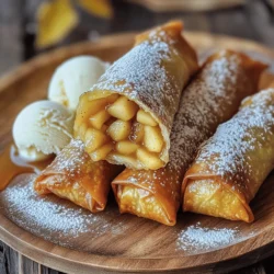 - 2 cups apples, peeled, cored, and diced - 1/2 cup packed brown sugar - 1 teaspoon ground cinnamon - 1/4 teaspoon ground nutmeg - 1 tablespoon fresh lemon juice - 1 tablespoon cornstarch - 12 egg roll wrappers - Oil for frying - Powdered sugar for dusting When I make apple pie egg rolls, I start with fresh apples. They bring a bright flavor and nice texture. I prefer a mix of tart and sweet apples for balance. Next, I add brown sugar for sweetness and richness. The cinnamon and nutmeg add warmth and depth. A splash of fresh lemon juice brightens everything up. Cornstarch helps thicken the filling, making it less runny. I use egg roll wrappers because they crisp up nicely when fried. They are easy to work with and hold the filling well. You can find these wrappers in most grocery stores. For frying, I choose vegetable or canola oil. They have a high smoke point and won’t burn easily. Finally, I always keep powdered sugar on hand. A dusting of it adds a sweet finish to the crispy rolls. These simple ingredients come together to create a fun and tasty treat. To start, combine the diced apples, brown sugar, cinnamon, nutmeg, lemon juice, and cornstarch in a medium saucepan. Stir everything well to mix the ingredients. Next, place the saucepan over medium heat. Cook the mixture, stirring often. Keep an eye on it for about 5-7 minutes. The apples will soften, and the sugar will turn syrupy. Once your apple filling cools slightly, grab an egg roll wrapper. Lay it flat on a clean surface with one corner pointing towards you. Spoon about 2 tablespoons of the cooled apple filling into the center of the wrapper. Now, fold the bottom corner of the wrapper up over the filling. Then, fold in the side corners. Roll the wrapper tightly away from you. Make sure to moisten the top corner with a bit of water to seal the egg roll well. Repeat this for all the wrappers and filling until you finish. For frying, heat about 2 inches of oil in a deep pan over medium-high heat. The oil should reach around 350°F (175°C). Gently place a few egg rolls in the hot oil. Don’t overcrowd the pan. Fry them for about 3-4 minutes. They should turn golden brown and crispy on all sides. Use a slotted spoon to take the egg rolls out of the oil. Place them on a plate lined with paper towels to drain any extra oil. Before you serve, dust the warm egg rolls with powdered sugar. Enjoy your tasty treat! To get that amazing crispiness in your apple pie egg rolls, oil choice matters. I recommend using vegetable or canola oil. These oils heat well and give a nice flavor. You should heat about 2 inches of oil in a deep pan. Use a thermometer to check the oil temperature. It should reach around 350°F (175°C). If the oil is too cold, your egg rolls will be soggy. If it's too hot, they can burn quickly. Fry a few egg rolls at a time. This stops them from sticking together and helps them cook evenly. Fry each roll for about 3-4 minutes. Look for a golden brown color before taking them out. If you want a healthier option, consider baking or using an air fryer. For baking, preheat your oven to 400°F (200°C). Place the egg rolls on a baking sheet lined with parchment paper. Brush them lightly with oil for a nice finish. Bake for about 15-20 minutes, flipping halfway through. They won’t be as crispy as fried ones but still tasty. For an air fryer, set it to 375°F (190°C). Spray the basket with cooking spray. Cook the egg rolls for about 10-12 minutes, shaking halfway through. The result is a crispy treat with less oil. Choose the method that fits your taste and health goals! {{image_4}} You can make your apple pie egg rolls even better with a few simple tweaks. Adding raisins or nuts can give your filling extra texture and flavor. Chopped walnuts or pecans add a nice crunch. Raisins add sweetness and a chewy bite. Both options blend well with the apple mix. Incorporating different spices can change the whole taste. Try adding a pinch of allspice or ginger for a warm twist. Cardamom also works well, giving a unique flavor. You can mix and match spices to suit your taste. Experimenting with flavors can make each batch special. Pair your apple pie egg rolls with ice cream or sauces for a fun treat. A scoop of vanilla ice cream on the side makes a great contrast to the warm egg rolls. Drizzling caramel or chocolate sauce on top adds extra sweetness. You can also use these egg rolls as a brunch item. Serve them with fresh fruit or a light yogurt dip. They can work as a dessert at dinner, too. Their crispy texture and sweet filling make them a hit at any meal. To keep your apple pie egg rolls fresh, store them properly. Place them in an airtight container. This helps maintain their crispness. Refrigerate them if you plan to eat them within a few days. If you want to keep them longer, freezing is a great option. Wrap each egg roll in plastic wrap, then place them in a freezer bag. This prevents freezer burn. When you are ready to eat them, thaw overnight in the fridge. Reheating is easy. For best results, use an oven. Preheat your oven to 375°F (190°C). Place the egg rolls on a baking sheet. Heat for about 10-15 minutes, until they are warm and crisp again. You can also use an air fryer for reheating. Set it to 350°F (175°C) and cook for about 5-7 minutes. In the fridge, apple pie egg rolls last about 3-4 days. Keep an eye on them to enjoy them at their best. If they start to smell odd or look soggy, it's time to toss them. Signs of spoilage include a change in color or a mushy texture. Always trust your senses. If something feels off, it’s safer to discard them. To make apple pie egg rolls less sweet, I suggest reducing the brown sugar. You can start by cutting it in half. Instead of 1/2 cup, use 1/4 cup. You can also add a bit more lemon juice. This helps balance the sweetness. Try using tart apples like Granny Smith. They add a nice, natural tartness. Yes, you can use pre-made apple filling. Look for options that are low in sugar or made with fresh ingredients. Brands like Lucky Leaf or Mott's offer good choices. Just make sure to check the label for added sugars. Using pre-made filling saves time and still tastes great. Some great dipping sauces include caramel sauce, vanilla ice cream, or whipped cream. For a twist, try a warm chocolate sauce. You can also serve with a side of cinnamon sugar. This adds a fun flavor boost. Each sauce pairs perfectly with the crispy egg rolls. In this blog post, I covered how to make delicious apple pie egg rolls. You learned about the ingredients, how to prepare the filling, and the best ways to fry them until crispy. I also shared tips for storage and answered common questions. So, get creative with variations and serving ideas. These egg rolls can be a fun treat or a sweet dessert. Enjoy making and sharing this tasty snack!