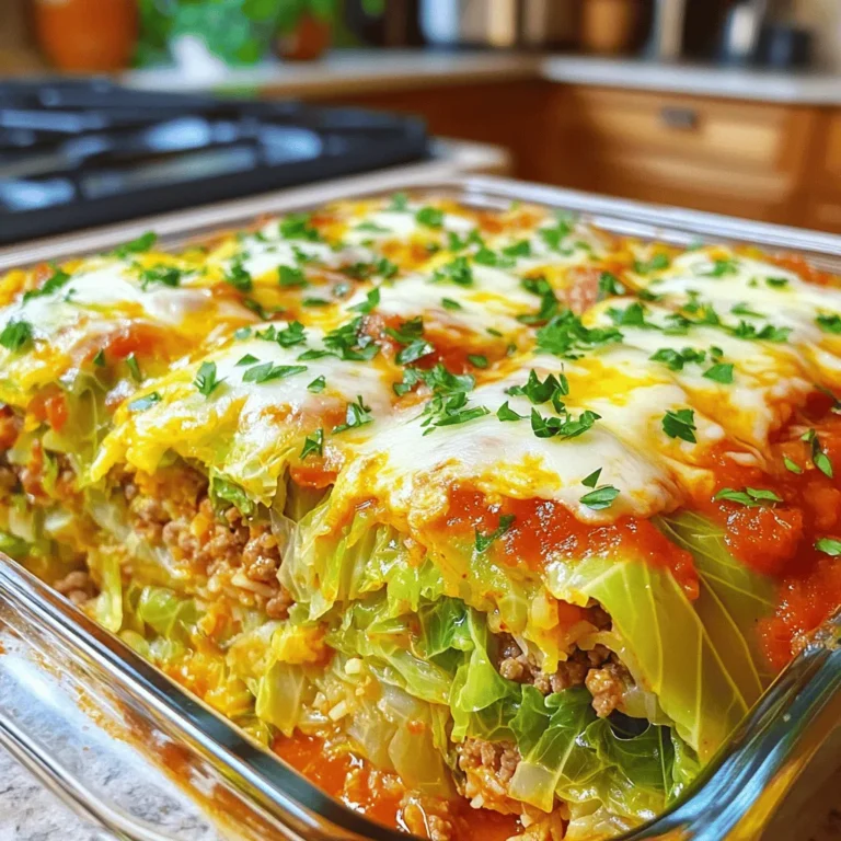 - 1 medium head of green cabbage, roughly chopped - 1 pound ground beef or turkey (your choice) - 1 cup uncooked rice (either white or brown works well) - 1 can (15 oz) diced tomatoes, undrained - 1 can (15 oz) tomato sauce - 1 small onion, finely chopped - 2 cloves garlic, minced - 1 tablespoon olive oil - 2 teaspoons paprika (smoked paprika for added depth) - 1 teaspoon dried oregano - Salt and pepper to taste - 1 cup shredded mozzarella cheese - Fresh parsley, finely chopped (for garnish) You can add different spices to change the dish's taste. Consider using: - Red pepper flakes for heat - Worcestershire sauce for richness - Fresh basil or thyme for a fresh twist If you need alternatives, here are some easy swaps: - Use ground chicken or plant-based meat for a lighter option. - Swap rice for quinoa or cauliflower rice to cut carbs. - For a dairy-free version, skip the cheese or use a non-dairy cheese. - If you want gluten-free, choose certified gluten-free rice and sauce. These ingredients help you create a hearty and savory dish. Feel free to mix and match to suit your taste! 1. Preheat the Oven: Set your oven to 375°F (190°C). This helps the casserole cook well. 2. Sauté Aromatics: In a large skillet, heat 1 tablespoon of olive oil over medium heat. Add 1 small chopped onion and 2 minced garlic cloves. Cook for 3-4 minutes until the onion is soft. 3. Brown the Meat: Add 1 pound of ground beef or turkey to the skillet. Cook until it turns brown. Break up the meat with a spatula. Drain any extra fat for a lighter dish. 4. Combine Ingredients: Mix in 1 cup of uncooked rice, 1 can of diced tomatoes, and 1 can of tomato sauce. Add 2 teaspoons of paprika, 1 teaspoon of dried oregano, and salt and pepper. Stir well and let it simmer for 5 minutes. 5. Blanch the Cabbage: Boil a large pot of salted water. Add the roughly chopped cabbage and blanch for 3-4 minutes. It should be tender but still bright green. Drain and set aside. 6. Assemble the Casserole: Grease a 9x13 inch baking dish. Place half of the blanched cabbage on the bottom. Spoon half of the meat and rice mix on top. Repeat with the rest of the cabbage and then the meat mixture. 7. Bake Covered: Cover the dish with aluminum foil. Bake in the preheated oven for 30 minutes. This helps the flavors blend together. 8. Add Cheese: After 30 minutes, take off the foil. Sprinkle 1 cup of shredded mozzarella cheese on top. Bake uncovered for another 15 minutes until the cheese is melted and bubbly. 9. Cool & Garnish: Once done, take the casserole out of the oven. Let it cool for a few minutes. Just before serving, top it with fresh parsley. This adds a nice touch and flavor. Serve in bowls with a sprinkle of parsley on top for a lovely meal. To make your cabbage roll casserole shine, follow these tips: - Use fresh cabbage. It gives a better texture and flavor. - Brown the meat well. This adds a rich taste to the dish. - Combine the rice and meat mixture well. This helps the flavors blend. - Don’t skip the blanching step. It keeps the cabbage bright and tender. Avoid these common errors to ensure your casserole is a hit: - Overcooking the cabbage. It should be tender but not mushy. - Not draining excess fat. This keeps your dish lighter and healthier. - Skipping the cheese. It adds a tasty, gooey layer that everyone loves. - Baking without foil initially. This can dry out your casserole. You can elevate your casserole with these herbs and spices: - Add a pinch of red pepper flakes for heat. - Fresh thyme can add a nice earthy flavor. - A bay leaf during cooking can deepen the taste. - Experiment with different cheeses. Try cheddar or feta for a twist. These tips will help you create a warm and tasty cabbage roll casserole that everyone will enjoy. Happy cooking! {{image_4}} You can easily make a vegetarian version of this dish. Instead of meat, use plant-based protein like lentils or chickpeas. Replace the ground beef or turkey with one can of beans. You can also add extra veggies like mushrooms, bell peppers, or zucchini for more flavor. Use vegetable broth instead of water for the rice. This swap adds depth to the dish and keeps it hearty. If you love heat, spice things up! Add red pepper flakes or diced jalapeños to the meat mixture. You can also stir in some hot sauce while cooking. For an extra kick, use spicy sausage instead of regular ground meat. Top with pepper jack cheese instead of mozzarella for a zesty finish. This variation will definitely warm your soul. To make a low-carb version, skip the rice altogether. You can replace it with cauliflower rice. Just pulse cauliflower florets in a food processor until they resemble rice. You can also use a mix of mushrooms and zucchini to create a similar texture. Make sure to check that your tomato sauce has no added sugars. This way, you enjoy a delicious meal without the carbs! After enjoying your cabbage roll casserole, let it cool. Once cooled, cover it tightly with plastic wrap or transfer it to an airtight container. It will stay fresh for up to four days in the fridge. Make sure to label the container with the date to keep track. When you're ready to eat leftovers, preheat your oven to 350°F (175°C). Place the casserole in an oven-safe dish and cover it with foil. Heat for about 20-25 minutes, or until it’s hot. You can also use the microwave. Just place a single serving on a plate and heat for about 2-3 minutes, stirring halfway through. If you want to save some for later, freezing is a great option. First, let the casserole cool completely. Cut it into portions and wrap each piece tightly with plastic wrap. Then, place the wrapped portions in a freezer-safe bag or container. It can last for up to three months in the freezer. When you're ready to enjoy, thaw it in the fridge overnight before reheating. You can serve cabbage roll casserole with several sides. A light salad adds freshness. Garlic bread is a great choice, too. You might like steamed veggies for extra color and crunch. Try a dollop of sour cream on top for creaminess. Yes, you can prepare cabbage roll casserole a day ahead. Just follow the recipe and store it in the fridge. When ready to bake, cover it with foil and cook as directed. This makes weeknight meals easier. Cabbage roll casserole is done when the cheese is melted and bubbly. You can check the meat mixture to ensure it’s hot throughout. A food thermometer can help; it should reach 165°F (74°C). Yes, you can make a gluten-free version. Use gluten-free rice instead of regular rice. Check that your tomato sauce and other ingredients are gluten-free. This way, you can enjoy a tasty meal without gluten. Cabbage roll casserole is a delicious dish full of flavors. We covered key ingredients and options to customize your meal. You also learned step-by-step instructions for making the casserole. Tips and tricks enhanced the cooking process, helping avoid common mistakes. Plus, different variations cater to dietary needs. Finally, we shared storage tips to keep leftovers fresh. Now, you can enjoy this comforting dish any time. Enjoy your cooking journey!