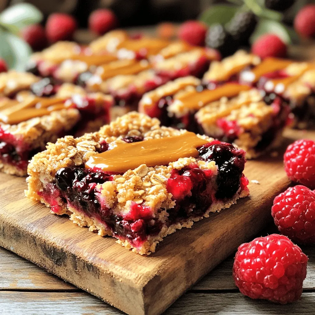 To make these tasty berry oat bars, you will need: - 2 cups rolled oats - 1 cup mixed berries (fresh or frozen) - 1/2 cup almond butter (or any nut butter of your choice) - 1/4 cup honey or maple syrup - 1/2 teaspoon vanilla extract - 1/4 teaspoon salt - 1 teaspoon ground cinnamon - 1/4 cup chopped nuts (walnuts or almonds), optional - 1/4 cup shredded coconut, optional These berry oat bars are not only delicious but also packed with nutrients. Each bar offers: - Around 150 calories - 5g protein - 8g healthy fats - 20g carbs - 3g fiber These nutrients make them a great snack for energy and satiety. You can customize these bars to fit your taste or dietary needs. Here are some easy swaps: - Use peanut butter instead of almond butter for a different flavor. - Swap honey for agave syrup for a vegan option. - Replace rolled oats with gluten-free oats for a gluten-free version. - Mix in seeds like chia or flaxseeds for added nutrition. - Use any berries you love, like blueberries or raspberries, for variety. Feel free to play around with these ingredients to make your perfect berry oat bars! First, preheat your oven to 350°F (175°C). This helps the bars cook evenly. Next, take an 8x8-inch baking pan and line it with parchment paper. Leave some paper hanging over the edges. This makes it easy to lift the bars out later. In a large bowl, mix the rolled oats, salt, and ground cinnamon. If you want, add chopped nuts or shredded coconut for extra flavor. Stir well to combine all the dry ingredients. In another bowl, blend the almond butter, honey or maple syrup, and vanilla extract. Mix until smooth and creamy. Pour the wet mixture into the dry ingredients. Stir until everything is mixed well and no dry oats are left. Now, gently fold in the mixed berries. If you use fresh berries, be careful not to crush them. Spoon the mixture into the baking pan. Press it down evenly with a spoon or your hands. Bake in the oven for 20-25 minutes. The edges should turn golden brown. After baking, let the pan cool for 10 minutes. Use the parchment paper to lift the bars out. Once cool, slice them into your desired size. Enjoy your tasty berry oat bars! To make the best berry oat bars, focus on the oats. Use rolled oats for a chewy texture. Quick oats can make them too mushy. If you want extra crunch, add chopped nuts. They add flavor and a nice bite. A touch of salt enhances the sweetness of the honey or maple syrup. Ground cinnamon adds warmth and depth. Mix dry and wet ingredients well for even baking. This helps the bars hold together nicely. Berry oat bars are great for any time of day. Serve them as a quick breakfast or a snack. Pair them with yogurt for added creaminess. You can also enjoy them with a cup of tea or coffee. For a fun twist, crumble the bars over ice cream. This adds a delightful crunch to every bite. You can also wrap them for lunch or on-the-go munching. Presentation matters when serving food. Arrange your oat bars on a rustic wooden cutting board. Add some fresh berries around the bars for color. A drizzle of almond butter on top looks appealing. You can also sprinkle a little extra cinnamon for a warm touch. Use parchment paper to lift the bars out for serving. This keeps cleanup easy and looks neat. Enjoy your beautiful and tasty treat! {{image_4}} You can mix and match berries for your oat bars. Fresh or frozen, berries are the stars. Try blueberries, raspberries, or strawberries. Each berry adds its own taste. You can even use a mix, like three types at once. This gives your bars a burst of color and flavor. I love using seasonal berries for the best taste. Want to make your oat bars even better? Consider adding nuts or seeds. Chopped walnuts or almonds add a nice crunch. You can also add shredded coconut for extra texture. If you like a little sweetness, toss in chocolate chips. They melt into the bars and create a rich flavor. Don’t forget spices like nutmeg or ginger for a warm kick. You can easily make these bars vegan. Just swap honey for maple syrup. For a gluten-free option, use certified gluten-free oats. This way, everyone can enjoy these tasty snacks. You can also try different nut butters, like cashew or sunflower seed butter. These changes keep your oat bars delicious and healthy. To keep your berry oat bars fresh, store them in an airtight container. This helps prevent moisture loss and keeps them chewy. Place a piece of parchment paper between layers if you stack them. This will stop them from sticking together. You can freeze your oat bars for longer storage. First, let them cool completely. Then, wrap each bar in plastic wrap. Place the wrapped bars in a freezer bag or container. They can last up to three months in the freezer. When you want to eat one, just take it out and let it thaw in the fridge. Berry oat bars stay fresh for about one week at room temperature. If you want them to last longer, store them in the fridge. They may dry out a bit in the fridge, so add a slice of apple or a damp paper towel to keep them moist. Always check for any off smell or change in texture before eating. To make berry oat bars without nuts, use sunflower seed butter or tahini. These options create a creamy texture similar to nut butter. Just replace almond butter with your choice. The rest of the recipe stays the same. You still get a tasty, healthy snack without the nuts. Yes, you can use agave syrup or stevia instead of honey or maple syrup. Adjust the amount to taste, as some sweeteners are sweeter than others. For example, if using stevia, just a small amount will do. This keeps your bars sweet and delicious while fitting your needs. Cut the bars after they cool completely. Use a sharp knife for neat cuts. Store the bars in an airtight container at room temperature for up to a week. For longer storage, wrap them in cling film and freeze. They can last up to three months in the freezer. This guide covered the key points for making tasty berry oat bars. We discussed ingredients and shared nutritional information. You learned about baking steps and got tips for texture and flavor. I included fun variations and helpful storage tips. Remember, making these bars is simple and fun. Use different berries and flavors to make them your own. Enjoy the healthy treats!