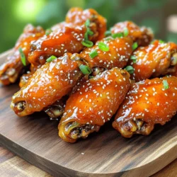 - 2 lbs chicken wings - 1/4 cup honey - 1/4 cup Sriracha sauce - 2 tablespoons soy sauce - 1 tablespoon apple cider vinegar - 1 tablespoon garlic powder - 1 teaspoon ginger powder - 1 tablespoon sesame seeds - 2 green onions, finely chopped To make Honey Sriracha Wings, gather these key ingredients first. Chicken wings are the star of this dish. They are juicy and flavorful. Honey adds a sweet touch, while Sriracha brings the heat. Next, prepare your marinade. Mix the soy sauce, apple cider vinegar, garlic powder, and ginger powder. This blend adds depth and richness to the wings. The marinade works to enhance the chicken's natural flavors. Finally, don’t forget the garnishes! Sesame seeds give a nice crunch. Green onions add a fresh, bright finish. They make your wings look appealing and add more flavor. With these ingredients, you are ready to create a dish that’s bold and delicious! 1. Preheating the oven Set your oven to 400°F (200°C). This high heat helps the wings get crispy. Line a baking sheet with aluminum foil. This makes cleanup easy. 2. Preparing the marinade In a large bowl, mix the following: - 1/4 cup honey - 1/4 cup Sriracha sauce - 2 tablespoons soy sauce - 1 tablespoon apple cider vinegar - 1 tablespoon garlic powder - 1 teaspoon ginger powder - Salt and pepper to taste Whisk until smooth. Make sure all ingredients blend well. 1. Coating the chicken wings Add 2 lbs of chicken wings to the bowl. Toss the wings in the marinade. Ensure each wing gets a good coat of that sweet and spicy sauce. 2. Recommended marination time Let the wings sit in the marinade for at least 30 minutes. If you have time, marinate them for up to 2 hours in the fridge. This helps the flavors soak in. 1. Arranging wings on the baking sheet Place the marinated wings on the prepared baking sheet. Make sure they are spaced out. This allows hot air to flow around each wing, making them crispy. 2. Baking time and flipping instructions Bake the wings for 40 to 45 minutes. Halfway through, flip the wings to ensure they cook evenly. You want them crispy and golden brown. To plate the wings, use a large, clean platter. Spread the wings out evenly. This helps show off the golden color and glaze. You can also add a small bowl of extra Sriracha on the side. This gives your guests an option for more heat. To adjust spiciness, you can add more or less Sriracha. If you want it milder, use less Sriracha. You can also mix in some honey for a sweeter kick. For maximum crispiness, make sure to bake at 400°F. Flip the wings halfway through to get both sides crispy. For baking, use a sturdy baking sheet. I recommend one with a rim to catch any drips. Line it with aluminum foil for easy cleanup. This way, you can enjoy your wings without worrying about scrubbing the pan later. {{image_4}} You can mix up the sauce for your Honey Sriracha Wings. Try these options: - Teriyaki Sauce: This adds a sweet, savory twist. - Buffalo Sauce: If you love heat, this gives a tangy kick. - Barbecue Sauce: A smoky flavor pairs well with the honey. For a spicy honey option, mix honey with chili flakes. This gives a sweet and fiery bite to your wings. Want to cook wings in a different way? Try these methods: - Air Fryer: Preheat to 375°F (190°C), cook wings for 25-30 minutes. Shake halfway for even crispiness. - Grilling: Use medium heat and cook for 20 minutes. Turn often for a smoky flavor. Add some wood chips for extra smoke. These methods can bring out new flavors in your wings. If you need to change some ingredients, here are good swaps: - Gluten-free soy sauce: Use tamari or coconut aminos for a gluten-free option. - Honey substitutes: Maple syrup or agave can replace honey. They add sweetness without losing flavor. These substitutions keep your wings delicious and fit your needs. To keep your Honey Sriracha wings fresh, use airtight containers. Glass or heavy plastic containers work best. Store the wings in the fridge for up to four days. If you want to keep them longer, freezing is a great option. For the best taste, reheat wings in the oven. Preheat your oven to 350°F (175°C). Place the wings on a baking sheet and heat for about 10-15 minutes until they are hot. For a quicker method, use the microwave. Place the wings on a microwave-safe plate. Heat them for 1-2 minutes, checking often to avoid overcooking. To freeze your wings, let them cool completely first. Place them in a single layer on a baking sheet. Freeze until solid, then transfer to a freezer bag. Remove as much air as possible to prevent freezer burn. For thawing, move them to the fridge overnight. You can also use the microwave for quicker thawing, but this may make them a bit soggy. The best way to cook chicken wings is by baking them. Baking gives wings a crispy outside while keeping them juicy inside. Preheat your oven to 400°F (200°C). Place the wings on a baking sheet lined with foil. Bake them for 40 to 45 minutes. Flip them halfway through for even cooking. This method is simple and healthy. You can marinate chicken wings for at least 30 minutes. For best flavor, try to marinate for 2 hours. If you are short on time, even a quick 30 minutes will add great taste. Just make sure the wings are well coated in the marinade. The longer they sit, the more flavor they soak up. Yes, you can use frozen chicken wings. Just make sure to thaw them first. You can thaw wings in the fridge overnight or use the microwave for a quick thaw. Cooking them from frozen may require extra time in the oven. Always ensure they reach an internal temperature of 165°F (75°C). Honey Sriracha Wings pair well with many sides. Try serving them with fresh veggies and ranch dip. Coleslaw adds a nice crunch and balances the spice. You can also serve them with rice or a simple green salad. For drinks, cold soda or beer works great with these wings. In this post, we explored how to make delicious Honey Sriracha Wings. We covered key ingredients, like chicken wings, honey, and Sriracha. The steps included marinating and baking them to perfection. With our tips, you learned how to adjust spiciness and ensure crispiness. Plus, we shared variations and storage options for your leftovers. Now, you can impress your friends and family with tasty wings anytime. Enjoy the process and have fun experimenting with flavors!