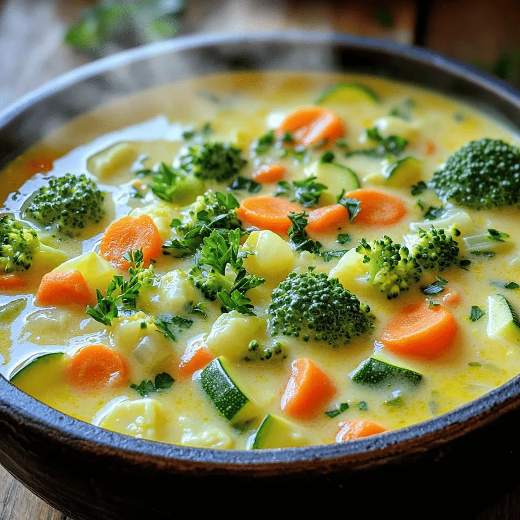 - 1 tablespoon olive oil - 1 medium onion, finely chopped - 2 cloves garlic, minced - 2 medium carrots, peeled and diced - 1 celery stalk, diced - 1 medium potato, peeled and cubed - 1 zucchini, diced - 1 cup broccoli florets - 1 cup frozen peas - 4 cups vegetable broth - 1 cup heavy cream or coconut cream - 1 teaspoon dried thyme - 1 teaspoon Italian seasoning - Salt and pepper to taste - Fresh parsley, chopped - For a dairy-free soup, use coconut cream. - You can choose low-sodium broth for less salt. - Use any seasonal vegetables you enjoy. Chopping vegetables is easy and fun. Start with the onion. Use a sharp knife to finely chop it. This way, it cooks fast. Next, mince the garlic. You can press it for an even texture. For the carrots, peel and dice them into small pieces. Then, chop the celery into similar-sized bits. This helps them cook evenly. Now, peel and cube the potato. Make sure your cubes are small for quick cooking. When adding vegetables to the pot, follow this order: onion, garlic, carrots, celery, and potato first. This way, the harder veggies cook well before adding softer ones. After five minutes, stir in the zucchini, broccoli, and peas. This keeps them fresh and bright. Heat one tablespoon of olive oil in a large pot over medium heat. Add the onion first. Sauté for about three to four minutes until it is soft. Then add the garlic for one more minute. Keep it moving to avoid burning. Next, toss in the diced carrots, celery, and potato. Cook these for five minutes, stirring often. After that, add the zucchini, broccoli, and frozen peas. Pour in four cups of vegetable broth. Bring the pot to a boil, then lower the heat. Let it simmer for 15 to 20 minutes. Check that the veggies are tender. For a creamy soup, use an immersion blender. Blend until it is smooth or leave some chunks for texture. If you don't have an immersion blender, let the soup cool a bit. Then blend in batches in a countertop blender. Once blended, return the soup to the pot. Stir in one cup of heavy cream or coconut cream for a rich flavor. Mix well until it is smooth. Season the soup with one teaspoon of dried thyme and one teaspoon of Italian seasoning. Add salt and pepper to taste. Let it simmer gently for five to ten minutes. This helps the flavors mix nicely. Before serving, taste the soup. Adjust the seasoning if needed. Finally, garnish with fresh parsley for a pop of color and taste. You can boost the taste of your soup with extra herbs and spices. Try adding fresh basil or a touch of dill. These fresh herbs add a burst of flavor. You can also use spices like smoked paprika for a smoky twist. When it comes to broth, homemade is best. It offers a rich taste and better nutrition. If you use store-bought broth, choose low-sodium options. This way, you control the salt in your soup. For one-pot cooking, a large, heavy pot works best. A Dutch oven or a sturdy stockpot gives even heat. This helps prevent burning or sticking. Always stir your veggies regularly while cooking. This keeps them from browning too much. If you notice sticking, add a splash of broth. This will help lift any bits from the bottom. Keep the heat at medium to avoid burning. Serve your creamy soup with crusty bread or a fresh salad. A simple green salad pairs nicely, adding crunch. You can also offer grilled cheese sandwiches for a cozy meal. For portion sizes, this recipe makes about six servings. Use bowls that hold at least one cup. If you are serving kids, use smaller bowls to avoid waste. If you have leftovers, store them in airtight containers for later. {{image_4}} You can easily adapt this soup for special diets. For vegan and vegetarian options, use coconut cream instead of heavy cream. This keeps the soup rich and tasty. You can also ensure the broth is vegetable-based. For a gluten-free option, just check the broth label. Most vegetable broths are gluten-free. This way, everyone can enjoy this delicious soup. Feel free to play with flavors in this soup. Adding different types of vegetables can change the taste. Try bell peppers, corn, or green beans. You can also add some spice. A pinch of chili flakes gives heat. For an Asian twist, mix in ginger and soy sauce. These changes can make your soup unique and exciting. Using seasonal vegetables makes the soup fresh and tasty. In summer, add sweet corn or tomatoes. In winter, root vegetables like parsnips work well. Fresh herbs can also brighten the flavor. Try adding basil or cilantro. They add a pop of color and taste. Using seasonal ingredients helps you enjoy the best flavors all year round. To keep your soup fresh, store it in an airtight container. Place it in the fridge. It will stay good for about 3 to 4 days. Make sure to cool the soup completely before sealing. This helps prevent bacteria growth. When you want to reheat, pour the soup into a pot. Heat it on low. Stir often to avoid burning. For a quick method, you can use the microwave. Place the soup in a microwave-safe bowl. Heat in short bursts, stirring in between. Ensure it warms evenly. To freeze the soup, let it cool fully. Then, pour it into freezer-safe bags or containers. Leave some space at the top for expansion. Label the bags with the date. The soup can last in the freezer for up to 3 months. When you're ready to enjoy it again, thaw the soup in the fridge overnight. For a quicker option, place the sealed bag in cold water. Once thawed, reheat it on the stove or in the microwave. Remember to stir well to keep the texture smooth. You can store One-Pot Creamy Vegetable Soup in the fridge for up to five days. Make sure to keep it in an airtight container. This helps maintain its taste and texture. Yes, you can make this soup a day or two ahead. Just let it cool before storing it. When you are ready to enjoy, simply reheat it on the stove. Reheat creamy soup gently on the stove. Use low heat and stir often. This helps prevent the soup from burning or separating. Absolutely! You can use any vegetables you like. Some great options are bell peppers, spinach, or kale. Just chop them small so they cook well. Add some red pepper flakes or a dash of hot sauce to the soup. If you like heat, you can also add diced jalapeños or cayenne pepper. Adjust to your taste! This blog post walks you through making a tasty one-pot creamy vegetable soup. We covered key ingredients, cooking steps, and storage tips. Remember to try different veggies and spices to make it your own. This soup is flexible for any diet and season. Enjoy your delicious creation now, or save it for later. Cooking should be fun and easy. Now, grab your ingredients and start making soup that warms your heart!