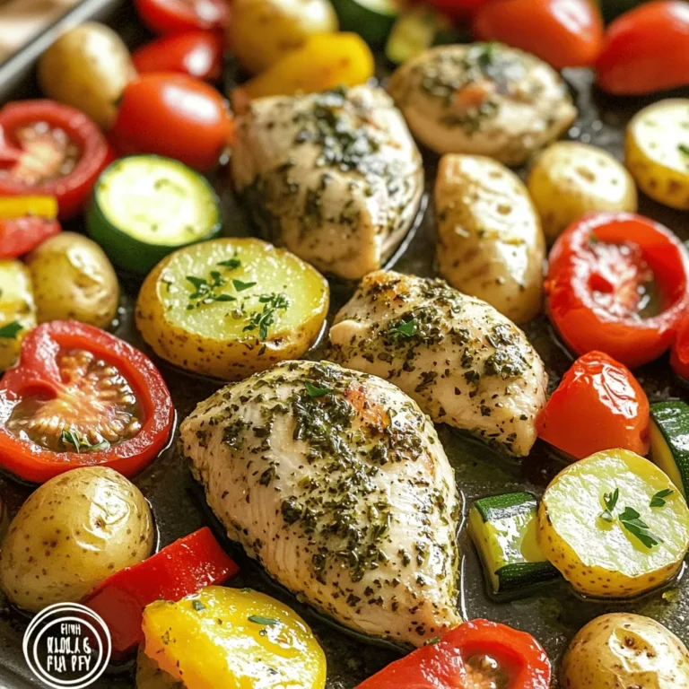 - 4 boneless, skinless chicken breasts - 2 cups baby potatoes, halved - 1 cup bell peppers, chopped (a colorful mix of red, yellow, and green) - 1 cup zucchini, sliced into half-moons - 1 cup cherry tomatoes, whole - 3 tablespoons extra virgin olive oil - 4 cloves garlic, minced - 2 teaspoons dried oregano - 2 teaspoons dried thyme - 1 teaspoon smoked or sweet paprika - Salt and freshly ground black pepper, to taste - Fresh parsley, chopped, for garnish You need fresh ingredients for this dish. Start with chicken breasts. They are lean and cook well in the oven. Next, grab some baby potatoes. Their small size makes them easy to cook and eat. Bell peppers add color and sweetness. Look for a mix of red, yellow, and green. Zucchini is soft and cooks quickly. Cherry tomatoes burst with flavor when roasted. For seasoning, use olive oil as a base. It adds richness. Garlic gives a bold taste. Oregano and thyme bring earthiness. Paprika adds a subtle smokiness. Salt and pepper enhance all the flavors. You can adjust these based on your taste. Finish the dish with fresh parsley. It adds color and a hint of freshness. Together, these ingredients create a delicious meal. - Preheat the Oven: Start by preheating your oven to 400°F (200°C). This will help cook the chicken and veggies evenly. - Prepare the Sheet Pan: Line a large sheet pan with parchment paper. This makes for easy cleanup later. - Mix Olive Oil and Seasonings: In a large bowl, combine 3 tablespoons of olive oil, 4 cloves of minced garlic, 2 teaspoons of dried oregano, 2 teaspoons of dried thyme, and 1 teaspoon of paprika. Add salt and pepper to taste. Whisk until well mixed. - Marinate the Chicken: Add 4 chicken breasts to the bowl. Make sure each piece is fully coated with the marinade. Let it sit for 10-15 minutes. This helps the chicken absorb all the flavors. - Add Potatoes and Season: On one side of the sheet pan, place 2 cups of halved baby potatoes. Drizzle with a bit of olive oil and sprinkle with salt and pepper. Toss to coat evenly. - Arrange Chicken and Vegetables: After marinating, place the chicken breasts in the center of the pan. On the other side, add 1 cup of chopped bell peppers, 1 cup of sliced zucchini, and 1 cup of whole cherry tomatoes. Drizzle with leftover marinade and oil, then season them with salt and pepper. Toss gently. - Transfer to Oven: Carefully place the sheet pan in your preheated oven. - Cooking Time and Checking Doneness: Bake for 25-30 minutes. The chicken should reach an internal temperature of 165°F (74°C). The potatoes should be tender and golden. - Resting the Chicken: Once done, take the sheet pan out of the oven. Allow the chicken to rest for a few minutes. This helps keep the juices inside. - Garnishing Before Serving: Just before serving, sprinkle fresh chopped parsley over the dish. This adds color and a fresh taste. - Choosing Quality Chicken Always select fresh, boneless, skinless chicken breasts. Look for a pink color with no brown spots. The meat should feel firm and moist. If you can, buy from local farms or trusted stores for the best flavor. - Seasonal Vegetable Options Use fresh veggies to add color and taste. In spring and summer, try zucchini and bell peppers. In fall, consider root veggies like carrots or sweet potatoes. Fresh, in-season veggies will make your dish pop. - Marinating Tips Marinate your chicken for 10-15 minutes. This step makes the meat juicy and full of flavor. For extra taste, try adding lemon juice or honey to the marinade. This gives a nice balance to the dish. - Additional Herb Suggestions Feel free to mix in fresh herbs if you have them. Basil, rosemary, or thyme work well. Adding fresh herbs can brighten up your meal and provide a more robust flavor. - Baking vs. Roasting Baking cooks the food evenly, while roasting gives it a nice char. For this dish, use the roasting method. It helps the chicken and veggies caramelize, creating a delicious layer of flavor. - Achieving the Perfect Char To get that perfect char, make sure your oven is hot enough. Preheat to 400°F (200°C) before placing your sheet pan inside. Keep an eye on the dish during cooking. If you see browning, it’s time to check for doneness. {{image_4}} You can swap chicken breasts for other proteins. Using thighs or drumsticks adds fun. They stay juicy and cook well. If you prefer a vegetarian option, try tofu! Firm tofu works best. Press it to remove extra water. Cut it into cubes and marinate like the chicken. Mix in seasonal veggies for a fresh twist. Asparagus and carrots are great choices in spring. You can also use sweet potatoes in fall. Frozen veggies work too if fresh ones aren’t available. Just thaw and pat them dry before cooking. Change up the flavors for variety. For an Asian-inspired dish, add soy sauce and ginger. Sesame oil gives a nice touch too. If you go for Mediterranean style, sprinkle feta cheese on top. Add olives for a briny kick. These small changes make a big difference! To keep your leftover sheet-pan herb chicken and veggies fresh, store them in the fridge. Place the food in airtight containers. This helps to lock in flavor and moisture. Use glass or plastic containers that seal tightly. You can enjoy leftovers for up to four days. When it’s time to eat again, reheat the chicken and veggies carefully. The best methods are using the oven or microwave. For the oven, preheat to 350°F (175°C) and bake for about 15 minutes. If using the microwave, heat in short bursts of 30 seconds. This helps to warm the food evenly. To avoid dry chicken, add a splash of water or broth before reheating. If you want to save your dish for later, freezing is a great option. Allow the chicken and veggies to cool completely. Then, place them in freezer-safe containers or bags. Remove as much air as possible to prevent freezer burn. Your meal can last in the freezer for up to three months. When you’re ready to eat, thaw in the fridge overnight for best results. This keeps the flavors fresh and tasty. You should marinate the chicken for 10 to 15 minutes. This short time helps the flavors soak in. I find that this really boosts the taste without needing too much time. The chicken should reach an internal temperature of 165°F (74°C). Use a meat thermometer to check. This ensures the chicken is safe to eat and juicy. Yes, you can use different vegetables. Broccoli, carrots, or asparagus work great. Feel free to mix in what you love or have on hand. To keep the veggies crisp, do not overcrowd the pan. Spread them out evenly. Use a higher heat for cooking, which helps them roast nicely. Absolutely! This recipe is perfect for meal prep. You can store leftovers in the fridge for up to four days. It reheats well for easy lunches or dinners. This blog post guides you through a tasty sheet pan meal. We explored key ingredients like chicken, potatoes, and seasonal veggies. I shared how to create a simple marinade and assemble everything. You learned tips to enhance flavor and storage info for leftovers. For fresh meals, every step counts. Enjoy trying variations to keep your dinners exciting. Happy cooking!