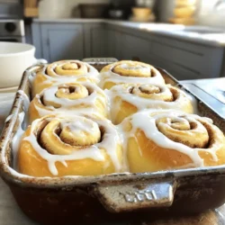 - 4 cups all-purpose flour - 1/4 cup granulated sugar - 1 packet (2 1/4 teaspoons) active dry yeast - 1 cup warm milk (110°F/43°C) - 1/4 cup unsalted butter, melted I love using all-purpose flour for its versatility. It gives the rolls a nice soft texture. The granulated sugar helps to sweeten the dough and feed the yeast. Active dry yeast is key for that fluffy rise. Warm milk, at the right temperature, wakes up the yeast. Melted butter adds richness and flavor. - 1 tablespoon ground cinnamon - 1/2 cup brown sugar, packed - 1/2 cup unsalted butter, softened The ground cinnamon adds warmth and spice to the rolls. Brown sugar gives a deeper flavor and keeps the filling moist. Softened butter helps the filling spread easily and adds a rich taste. - 1 cup powdered sugar - 2 tablespoons milk - 1 teaspoon vanilla extract Powdered sugar makes a sweet, smooth icing. Milk thins it to the right consistency. Vanilla extract adds a lovely flavor that complements the cinnamon rolls. These ingredients work together to create a soft, warm treat that you will love. To start, I combine warm milk and granulated sugar in a large bowl. I gently sprinkle the yeast on top and let it rest for about 5-10 minutes. This helps the yeast activate and bubble up. Next, I add melted butter, salt, and eggs to the bowl and mix well. I gradually add flour, one cup at a time, until a soft dough forms. This dough is the base for our fluffy cinnamon rolls. After the dough forms, I knead it on a floured surface. I knead for about 5-7 minutes until the dough feels smooth and elastic. Once ready, I place the dough in a greased bowl, cover it with a damp cloth, and let it rise in a warm place for about 1 hour. During this time, it should double in size, filling the kitchen with a lovely smell. Once the dough has risen, I gently punch it down to release any air. I roll it out into a rectangle, about 16x12 inches. Then, I spread softened butter evenly over the surface. In a small bowl, I mix ground cinnamon and brown sugar, and I sprinkle this filling all over the buttered dough. Next, I start from one long edge and tightly roll the dough into a log. Finally, I slice the log into 12 equal pieces and arrange them cut side up in a greased baking dish. I cover the dish with a clean kitchen towel and let the rolls rise again for about 30 minutes. During this time, I preheat my oven to 375°F (190°C). After the second rise, I place the dish in the hot oven and bake the rolls for 25-30 minutes. They should turn golden brown on top, making them look and smell amazing. Once baked, I remove them from the oven and let them cool slightly. Kneading is key to getting soft rolls. It helps develop gluten, which adds structure. Knead the dough for about 5-7 minutes. You want it smooth and elastic. If it feels sticky, add a little more flour. For the ideal rise, keep the dough warm. After kneading, place it in a greased bowl. Cover it with a damp cloth. Let it rise in a warm spot for about one hour. It should double in size. If your kitchen is cool, you can turn on the oven briefly. Just warm it, then turn it off. Place the dough inside until it rises. Icing is the best part! You can choose to drizzle or spread it. Drizzling gives it a nice look, while spreading covers it evenly. I prefer to drizzle for a more rustic feel. Timing matters too. Wait until the rolls cool slightly before icing. This keeps the icing from melting completely. Apply the icing while the rolls are still warm. It will soak in a bit, adding flavor. Using the right tools makes baking easier. Choose a large mixing bowl for the dough. A sturdy wooden spoon or dough hook helps mix well. For kneading, a clean, floured surface works best. A rolling pin is great for flattening the dough. Use a sharp knife or dental floss to slice the rolls evenly. This keeps them looking nice in the pan. {{image_4}} You can add nuts or fruit to the filling. Chopped walnuts or pecans add a nice crunch. Diced apples or raisins give a sweet twist. Just mix them in with the cinnamon-sugar filling. This small change can make a big difference in taste. You can also try alternative spices for varied flavor profiles. Nutmeg or allspice can give a warm, cozy flavor. Cardamom adds a unique twist that many love. Feel free to experiment and find your favorite mix! If you need gluten-free options, you can use gluten-free flour blends. Make sure to check that it has a binding agent, like xanthan gum. This helps keep your cinnamon rolls soft and tasty. For vegan substitutions, swap butter for coconut oil or vegan butter. You can replace eggs with flaxseed meal mixed with water. This makes it easy to enjoy cinnamon rolls without animal products. To store leftover cinnamon rolls, place them at room temperature in an airtight container. This keeps them soft and fresh for up to two days. If you want to enjoy them warm, simply reheat in the microwave for about 10-15 seconds. For a crispier texture, pop them in a toaster oven for a few minutes. For long-term storage, freezing is a great option. Wrap each roll tightly in plastic wrap, then place them in a freezer-safe bag. You can freeze them for up to three months. When you are ready to enjoy, take them out and let them thaw in the fridge overnight. Re-bake them in a preheated oven at 350°F (175°C) for about 10-15 minutes. This method brings back their fluffy texture and warm flavor. To help cinnamon rolls rise quickly, use warm milk. Yeast thrives in warmth. Place the dough in a warm spot, like near a heater. Cover it with a damp cloth to keep it moist. This creates the perfect environment for the yeast to work. If you don’t have active dry yeast, you can use instant yeast. Use the same amount: one packet. Another option is fresh yeast, but you will need about three times the amount. Always check the expiration date and store it properly. Yes, you can prepare the dough ahead of time. After kneading, place it in a greased bowl and cover it tightly. Refrigerate the dough for up to 24 hours. When ready, let it warm up before rolling it out. Cinnamon rolls are fully baked when they are golden brown on top. You can also check the internal temperature. It should be around 190°F (88°C). If you gently tap the bottom, it should sound hollow. Making cinnamon rolls requires simple ingredients and clear steps. We covered the main ingredients, from flour to icing. I shared tips to achieve fluffy rolls and ways to store them. You can even try fun variations to suit different tastes. Baking cinnamon rolls at home brings joy and deliciousness to any day. Enjoy experimenting with flavors and make them your own. Happy baking!