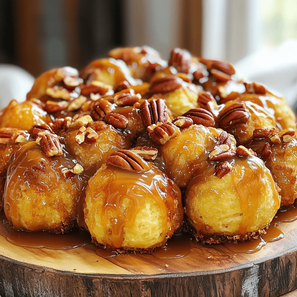 - 2 cans of refrigerated biscuit dough (8 pieces each) - 1 cup packed brown sugar - 1/2 cup granulated sugar - 1 teaspoon ground cinnamon - 1/2 cup unsalted butter, melted - 1 cup pecans, chopped - A pinch of salt For this caramel pecan monkey bread, I use two cans of refrigerated biscuit dough. This makes it easy to create the soft, fluffy layers. Brown sugar adds a rich sweetness, while granulated sugar balances it out. Ground cinnamon adds warmth and depth to the flavor. Chopped pecans give a nice crunch and nutty taste. I also melt unsalted butter for richness and to help everything stick together. A pinch of salt enhances the sweet flavors, making each bite more satisfying. - 1 teaspoon vanilla extract - Caramel sauce for drizzling To elevate the taste, I often add vanilla extract. It brightens the overall flavor and adds a lovely aroma. You can also drizzle warm caramel sauce over the monkey bread just before serving. This adds an extra layer of sweetness and makes it look even more tempting. These optional ingredients can turn your monkey bread into a truly indulgent treat! - Preheat the oven to 350°F (175°C). - Grease the bundt pan with cooking spray or butter. Start by getting your oven nice and warm. Preheating it helps the monkey bread cook evenly. A greased bundt pan is key, too. It makes sure your sweet treat comes out easily. - Cut biscuit dough into quarters. - Roll into balls and coat with cinnamon-sugar. Open your cans of biscuit dough. Use a sharp knife to cut each biscuit into four parts. Then, roll each piece into a small ball. Don’t forget to coat each ball in a mix of sugar and cinnamon. This adds a wonderful flavor. - Layer biscuit balls with pecan mixture in the bundt pan. - Drizzle melted butter over the top before baking. Now, it’s time to layer. Start with half of the coated biscuit balls. Place them evenly in the bundt pan. Then, add half of your pecan mixture on top. Repeat this with the remaining biscuit balls and pecans. Finally, drizzle any leftover melted butter over everything. This helps create a lovely caramel flavor. - Bake for 30-35 minutes until golden brown. - Allow cooling and invert onto a serving plate. Place the bundt pan in your preheated oven. Bake it for 30 to 35 minutes. Look for a golden-brown top. When done, let it cool for 10 minutes. Then, flip the pan onto a plate to serve. Enjoy that warm, gooey goodness! To make the best caramel pecan monkey bread, start with uniform biscuit sizes. Cut each biscuit into four equal pieces. This helps them cook evenly. If the pieces are not the same size, some may be undercooked while others are overcooked. Let the monkey bread cool before you serve it. Cooling for about 10 minutes helps it release easily from the bundt pan. If you try to flip it right away, it may fall apart. Serve the monkey bread warm. It tastes best when fresh from the oven. You can add extra toppings like warm caramel sauce. This will make it even more delicious. Pair your monkey bread with a hot cup of coffee or tea. It also goes well with a scoop of vanilla ice cream. The warm bread and cold ice cream create a delightful contrast. One common problem is overbaking. If you leave it in the oven too long, the bread can dry out. Keep an eye on it as it bakes. When the top turns golden brown, it is likely done. To ensure even cooking, check the middle of the monkey bread. If the outside is brown but the inside feels doughy, it needs more time. You can cover it with foil to prevent burning while it finishes baking. {{image_4}} You can customize your Caramel Pecan Monkey Bread with fun flavors. Adding chocolate chips gives it a sweet twist. Just sprinkle them in between the layers of dough and pecans. The melty chocolate will blend nicely with the caramel. You can also try different nuts or dried fruits. Walnuts or almonds work well. Dried cranberries or apricots can add a fruity touch. These swaps keep each bite unique and exciting. If you want to try something new, use homemade dough recipes. Making your dough can bring a fresh flavor. You can find many simple recipes online to guide you. You can also experiment with different types of biscuit dough. Try buttermilk or flaky dough. Each type will change the texture slightly and give you a new experience. You can make holiday-themed monkey bread for special events. For example, add peppermint extract during the winter season. In the fall, try mixing in pumpkin spice for a seasonal flair. Think about flavors that match different events. For a birthday, add sprinkles or fun colors. For a summer picnic, mix in fresh berries for a fruity surprise. Each theme can create a fun twist to this classic treat. To keep your caramel pecan monkey bread fresh, store it properly. First, let the monkey bread cool completely. Then, wrap it tightly in plastic wrap. This helps prevent it from drying out. You can also place it in an airtight container. If you want to keep it longer, freeze it. Cut it into slices for easy thawing later. Make sure to wrap each piece well before freezing. When you're ready to enjoy your monkey bread again, reheating is key. The best way is to use the oven. Preheat your oven to 350°F (175°C). Place the monkey bread in an oven-safe dish and cover it with foil. Heat for about 10-15 minutes. This keeps it soft and warm. You can also use the microwave. Heat it for about 20-30 seconds. Check to make sure it doesn't get too hot. In the refrigerator, your monkey bread stays fresh for about 3 days. Make sure it is wrapped well. If you freeze it, it can last for up to 2 months. Just remember to thaw it in the fridge overnight before reheating. Following these tips helps you enjoy this sweet treat longer! Monkey bread is a sweet, pull-apart bread made from biscuit dough. It is often rolled in cinnamon sugar and baked with butter and nuts. The name comes from how people eat it, pulling apart pieces like a monkey. It originated in the United States and has roots in Hungarian cuisine, where similar recipes exist. You can enjoy it fresh from the oven, warm and gooey. Yes, you can prepare monkey bread ahead of time. To do this, follow these steps: - Prepare the biscuit balls and pecan mixture as usual. - Layer them in the bundt pan but do not bake. - Cover the pan with plastic wrap and refrigerate it overnight. - When ready, let it sit at room temperature for 30 minutes. Then, bake as directed. This method saves time, especially for gatherings. The monkey bread is done when it is golden brown and puffy. Here are some signs to look for: - A toothpick inserted in the center comes out clean. - The top is a rich, golden color. - The dough feels firm and springs back when touched. This ensures a perfectly baked treat. Yes, you can use different pans if you do not have a bundt pan. Consider these options: - A 9x13 inch baking dish works well for a flat presentation. - A round cake pan can also be used; just make sure to adjust the baking time. - Muffin tins create individual servings, making it fun for parties. Just ensure you grease the pan well for easy release. In this guide, you learned how to make monkey bread with simple steps and a few key ingredients. You can enhance it with extras like caramel sauce and vanilla. Remember to bake until it's golden, cool it before serving, and store leftovers properly. Try different flavors or dough types to make it your own. Enjoy this fun and easy treat any time you want a sweet snack!