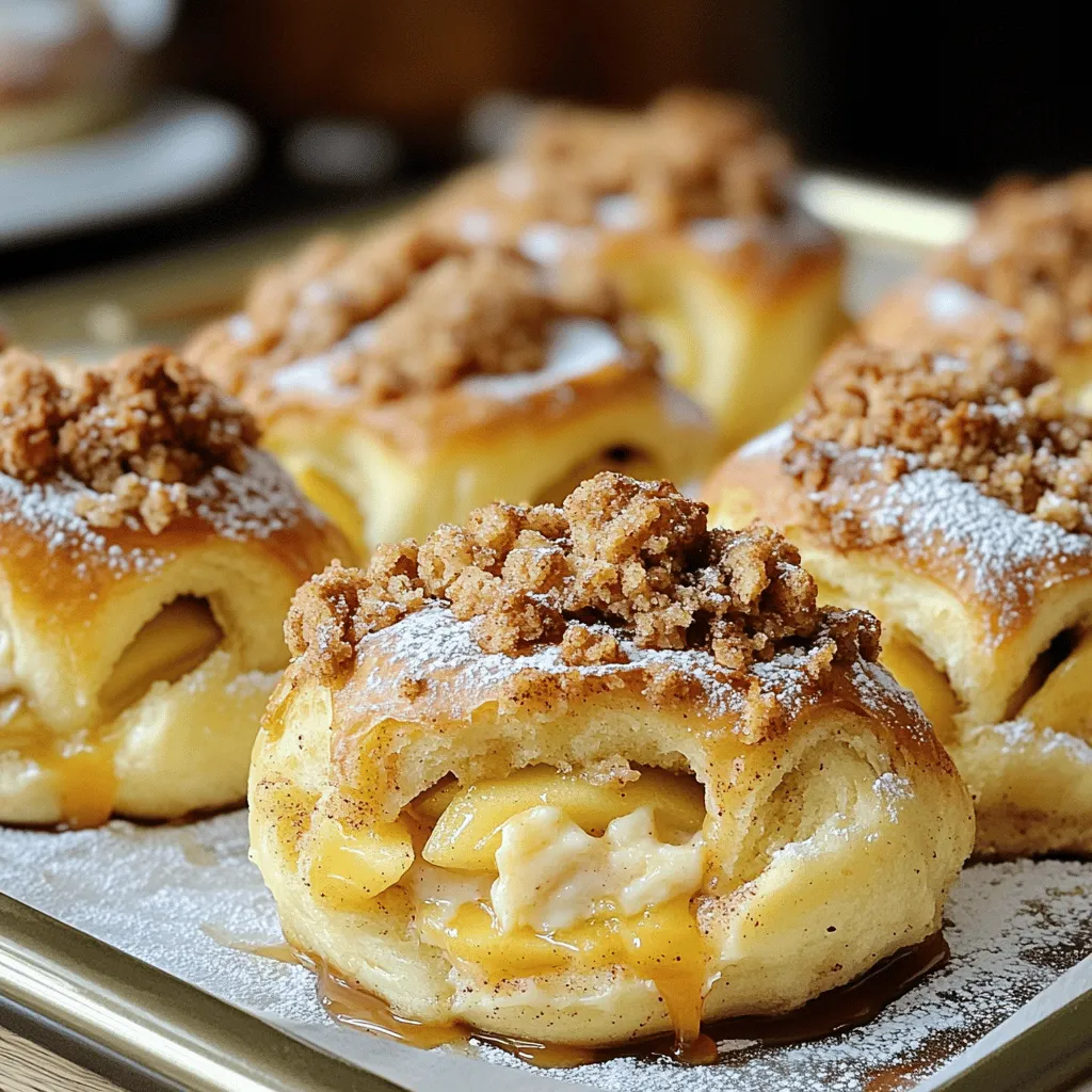 To create these delightful buns, you'll need a mix of dry and wet ingredients. Here’s what you need: - 2 cups all-purpose flour - 1 tablespoon granulated sugar - 1 teaspoon baking powder - 1/2 teaspoon baking soda - 1/4 teaspoon salt - 1/2 cup unsalted butter, chilled and cut into small cubes - 1/2 cup cold buttermilk - 1 medium apple, peeled and diced - 1/2 teaspoon ground cinnamon These ingredients work together to form a soft and tasty dough. Make sure to measure accurately for the best results. For the creamy filling, gather these items: - 8 oz cream cheese, softened at room temperature - 1/4 cup granulated sugar - 1 large egg - 1 teaspoon pure vanilla extract When choosing cream cheese, pick a block style over spreadable types. Block cream cheese gives a richer and firmer filling. The crumble adds a nice texture and flavor. Here’s what you’ll need: - 1/2 cup rolled oats - 1/2 cup packed brown sugar - 1/4 cup unsalted butter, melted - 1/2 teaspoon ground cinnamon If you're looking for healthier options, swap brown sugar for coconut sugar. For a gluten-free version, use gluten-free oats. These changes can keep the taste but cater to different diets. To make the dough, start with a large mixing bowl. Add the flour, sugar, baking powder, baking soda, and salt. Mix these dry ingredients well. Next, take your chilled butter and cut it into small cubes. Add the butter to the bowl. Use your fingertips or a pastry cutter to blend the butter into the flour mixture. You want it to look like coarse crumbs. Now, pour in the cold buttermilk slowly. Stir the mixture gently with a spatula until it just comes together. Be careful not to overmix. Finally, fold in the diced apple and cinnamon. This adds flavor and moisture to your dough. For the cheesecake filling, grab a separate bowl. Add the softened cream cheese and sugar. Use an electric mixer to beat these together until smooth and creamy. It should not be lumpy. Next, add the large egg and vanilla extract. Mix everything until fully combined and creamy. Make sure there are no lumps. A smooth filling will give you the best texture in your buns. Set this mixture aside while you shape the dough. To assemble the buns, lightly flour your work surface. Roll the dough out into a rectangle about half an inch thick. Cut the dough into squares, about 3-4 inches. Place a generous tablespoon of the cheesecake filling in the middle of each square. Now, fold the corners of the square into the center. Pinch the corners together to seal them tightly. This step is key to keeping the filling inside while baking. Next, preheat your oven to 375°F (190°C). Line a baking sheet with parchment paper to prevent sticking. Arrange your sealed buns on this sheet. Bake them for 20-25 minutes. Keep an eye on them. You want them to be golden brown and smell amazing. Once done, let them cool on the sheet for a few minutes. Then, transfer them to a wire rack to cool further. Enjoy the delicious aroma while they cool! To bake perfect apple cheesecake crumble buns, avoid common mistakes. First, don't overmix the dough. This can make the buns tough. Mix until just combined. Next, use cold butter and buttermilk. This helps create a flaky texture. Use a pastry cutter to mix cold butter into the flour. This keeps the butter from melting too soon. For tools, I recommend: - Mixing bowls - Pastry cutter or forks - Parchment paper - Baking sheet These items ensure smooth mixing and easy cleanup. To make these buns truly yours, try adding spices. Ginger or nutmeg can add warmth. You can also mix in nuts like walnuts or pecans for crunch. For sauces, consider: - Caramel sauce for sweetness - Whipped cream for lightness - A drizzle of chocolate for richness These will elevate your buns and make them extra special. To serve your buns attractively, arrange them on a decorative platter. Dust them with powdered sugar for a beautiful finish. You can also add a drizzle of caramel sauce on top. For garnishing, think about: - Fresh mint leaves for color - Thin apple slices for a pop of freshness - A sprinkle of cinnamon for that cozy vibe These touches make your dish look as good as it tastes. {{image_4}} You can change up the fruit in these buns with other favorites. Try using pears or berries instead of apples. Each fruit adds a unique taste. You can also mix in nuts like walnuts or pecans for a nice crunch. For the cheesecake filling, consider adding lemon zest or almond extract. These flavors make the filling more vibrant. You can even swap cream cheese for mascarpone for a richer taste. To make these buns gluten-free, use a gluten-free flour blend. Check for a mix that has xanthan gum. This helps the dough hold together well. For a dairy-free option, use a plant-based cream cheese. Many brands offer great flavor and texture. If you want to cut down on sugar, use a sugar substitute or applesauce in the dough. Reducing the sugar in the filling can also work. Just remember to taste as you go! These buns fit any season. In fall, add pumpkin spice to the dough and filling. In spring, use fresh berries and a hint of mint for a light twist. For winter holidays, mix in spices like nutmeg or cloves. Seasonal fruits like peaches or cherries can make these buns shine in summer. Try adding cinnamon or ginger for a warm spice experience. Each season brings a new way to enjoy these tasty treats! To keep your Apple Cheesecake Crumble Buns fresh, store them in an airtight container. This helps keep moisture in and prevents them from drying out. You can also wrap each bun in plastic wrap. This extra layer helps protect them from air. If you have a lot of buns, use a larger container or a zip-top bag. You can freeze both unbaked and baked buns. For unbaked buns, shape them first and place them on a baking sheet. Freeze them until firm, then transfer to a zip-top bag. For baked buns, let them cool completely before wrapping. Thaw unbaked buns in the fridge overnight before baking. For baked buns, reheat in the oven at 350°F (175°C) for about 10 minutes. In the fridge, the buns last about 3 to 4 days. If you freeze them, they can stay good for about 2 to 3 months. Check for signs of spoilage, like an off smell or weird texture. If they feel sticky or look moldy, it's best to toss them. Always prioritize your safety when it comes to food storage. Store your buns in an airtight container. This helps keep them fresh. If you want to keep them longer, place them in the fridge. They can last up to 3 days in the fridge. For best taste, warm them in the oven before serving. Yes, you can make the dough ahead of time. Mix the dry ingredients and cut in the butter. Then, wrap the dough tightly in plastic wrap. Store it in the fridge for up to 24 hours. When ready, add the buttermilk and continue with the recipe. Look for a golden-brown color on the tops of the buns. You can also insert a toothpick in the center. If it comes out clean, the buns are done. The buns should feel firm but springy to the touch when baked. Absolutely! You can swap all-purpose flour for gluten-free flour. Use dairy-free cream cheese for a dairy-free option. Apples can be replaced with pears or berries for a different flavor. Always consider your dietary needs when making swaps. These buns go well with coffee or tea. You can also pair them with a scoop of vanilla ice cream. For a fresh touch, serve them with whipped cream or a fruit salad. They make a nice dessert or snack. Yes, this recipe is great for beginners. The steps are simple and clear. Even if you are new to baking, you can follow along easily. Just take your time, and enjoy making these delicious buns! In summary, we explored how to make Apple Cheesecake Crumble Buns. You learned about ingredients, from the dough to the cheesecake filling and crumble topping. I shared tips for preparing and baking these tasty treats. Don't forget the variations for flavors and dietary needs. Proper storage extends freshness, ensuring you enjoy them longer. With the right techniques and creativity, you can create a delightful dessert that pleases everyone. Dive in, share your successes, and relish each bite of your homemade buns!