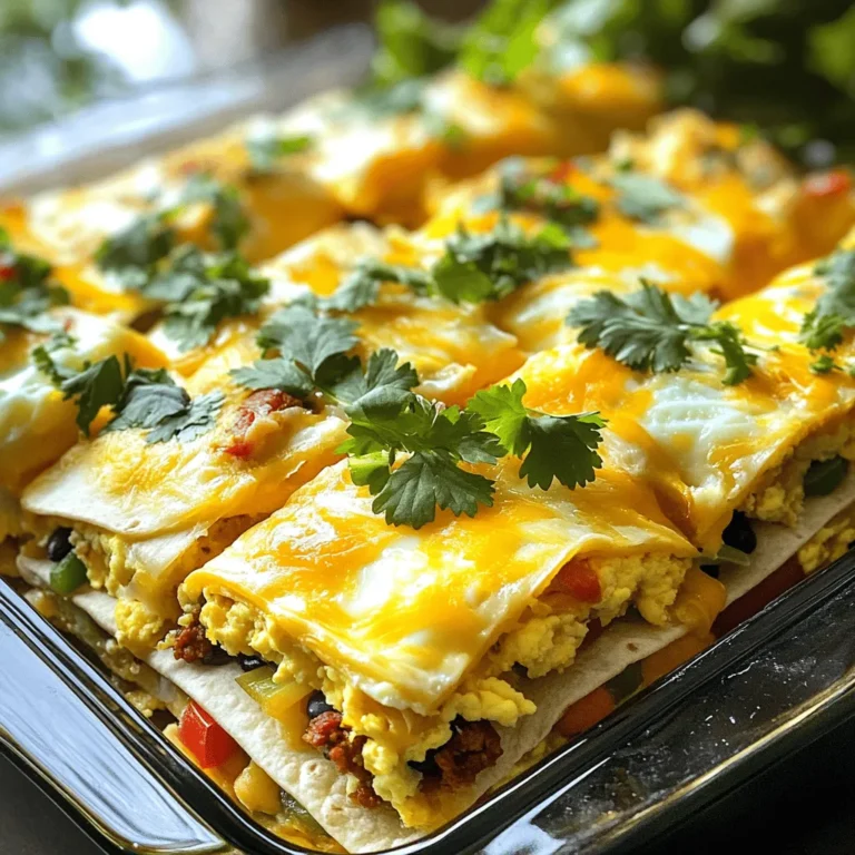 To make this tasty breakfast burrito casserole, you need the following key ingredients: - 8 large flour tortillas - 6 large eggs - 1 cup milk - 1 cup shredded cheddar cheese, divided - 1 cup cooked chorizo (or a vegetarian option) - 1 cup black beans, drained and rinsed - 1 red bell pepper, diced - 1 small onion, diced - 2 cloves garlic, minced - 1 teaspoon ground cumin - 1 teaspoon chili powder - Salt and pepper to taste These ingredients create a filling and satisfying meal. The tortillas wrap around the flavorful filling, making each bite a delight. You can add a few optional ingredients to make the casserole unique: - Fresh cilantro for garnish - Jalapeños for heat - Avocado for creaminess - Sour cream for tang These extras can elevate your dish and suit your taste. Experiment with them to find your perfect mix. If you need to swap ingredients, here are some simple options: - Use corn tortillas instead of flour for a gluten-free version. - Replace chorizo with turkey sausage or a plant-based meat. - Use almond or oat milk instead of regular milk for a dairy-free option. These substitutions keep the casserole delicious while fitting into different diets. Feel free to get creative! Start by preheating your oven to 350°F (175°C). This step is important for even cooking. Next, grab a 9x13 inch baking dish and grease it lightly. This helps prevent sticking. Gather your ingredients to make the process smooth. In a large skillet, heat a small amount of oil over medium heat. Add the diced onion and red bell pepper. Sauté them for about 5 minutes until they soften. Stir in the minced garlic and cook for another minute. You want the mixture to smell great. In a medium bowl, whisk together the eggs, milk, ground cumin, chili powder, and a pinch of salt and pepper. Make sure it is well mixed and frothy. Carefully pour this egg mixture into the skillet with the sautéed vegetables. Stir gently as the eggs begin to set. Cook this for about 5-7 minutes. When the eggs are just set, fold in the cooked chorizo and black beans. Mix everything well. Lay each flour tortilla flat on a clean surface. Spoon about one third of the egg filling onto each tortilla's center. Add a pinch of cheddar cheese on top. Fold the sides of the tortilla over the filling. Place each filled tortilla seam-side down in the greased baking dish. After all the tortillas are arranged, pour any remaining egg mixture over the top. Sprinkle the rest of the cheddar cheese generously across the casserole. Cover the baking dish with aluminum foil. Bake it in the preheated oven for 25 minutes. After that, carefully remove the foil. Bake for an additional 10-15 minutes. You want the cheese to melt and turn golden brown. Once baked, remove the casserole from the oven. Let it cool for a few minutes to make slicing easier. To bake your casserole just right, preheat your oven to 350°F (175°C). Grease your 9x13 inch baking dish well. Cover it with foil for the first part of baking. This keeps moisture in and helps the eggs cook evenly. Remove the foil for the last 10-15 minutes. This step lets the cheese get golden brown and bubbly. To boost flavor, use fresh herbs like cilantro. Add spices like cumin and chili powder to the egg mix. You can also sauté some jalapeños with the onion and bell pepper for heat. If you want it richer, use half-and-half instead of milk. You can even mix in some diced tomatoes for extra taste. For a great look, slice the casserole into squares. Serve each piece warm on plates. Garnish with fresh cilantro for color. A dollop of guacamole or a sprinkle of extra cheese adds flair. Don’t forget a side of salsa. It’s a perfect match for your burrito casserole! {{image_4}} You can easily make this breakfast burrito casserole vegetarian or vegan. For a vegetarian option, skip the chorizo and use more black beans or veggies. Try adding mushrooms or zucchini for extra flavor. If you want a vegan twist, replace eggs and milk with a mix of tofu and plant-based milk. You can blend firm tofu, some nutritional yeast, and spices for a tasty egg substitute. This casserole is flexible with proteins. If you don’t want chorizo, use sausage or chicken for a different flavor. Ground turkey or beef also works well. For a lighter version, try adding diced ham. You can mix and match proteins based on what you like or have at home. Adjust the spice level to suit your taste. For mild flavor, reduce the chili powder. If you like heat, add diced jalapeños or extra chili powder. You can also include hot sauce when serving for an added kick. Taste as you go to find your perfect balance. After enjoying your make-ahead breakfast burrito casserole, store any leftovers in a covered dish. Let the casserole cool to room temperature before sealing. This helps keep it fresh. You can keep it in the fridge for up to three days. Use an airtight container for the best results. To freeze the casserole, I recommend slicing it into portions first. Wrap each slice tightly in plastic wrap. Then, place the wrapped pieces in a freezer-safe bag. This way, you can grab just what you need. The casserole can freeze well for up to three months. Just be sure to label the bag with the date. When you're ready to enjoy your frozen breakfast burrito casserole, simply thaw it in the fridge overnight. To reheat, place a portion on a microwave-safe plate. Heat it in the microwave for about one to two minutes. You can also reheat in the oven. Preheat the oven to 350°F (175°C) and bake for 15 to 20 minutes. Cover it with foil to keep it moist. Enjoy your delicious breakfast again! Yes, you can prepare this casserole the night before. Just follow the recipe until you layer the tortillas in the dish. After that, cover it tightly with plastic wrap and place it in the fridge. In the morning, bake it straight from the fridge. This makes morning meals quicker and easier. You can serve this casserole with various delicious sides. Consider these options for a complete meal: - A fresh green salad - Sliced avocado or guacamole - Sour cream or Greek yogurt - Fresh salsa or pico de gallo - Hot sauce for a kick These sides add flavor and make the meal more fun. To make this casserole gluten-free, simply swap the flour tortillas for gluten-free ones. Many brands offer great options that work well in this dish. Ensure all other ingredients are also gluten-free. This way, you can enjoy the same great taste without the gluten! This blog post covered everything you need for a great casserole. We explored key ingredients, from must-haves to fun options. You learned step-by-step cooking methods and how to prepare ahead. Tips improved your baking skills and made your dish shine. We also discussed tasty variations and smart storage methods. In the end, a casserole is simple and versatile. Use this guide to make your perfect dish. Enjoy your cooking!
