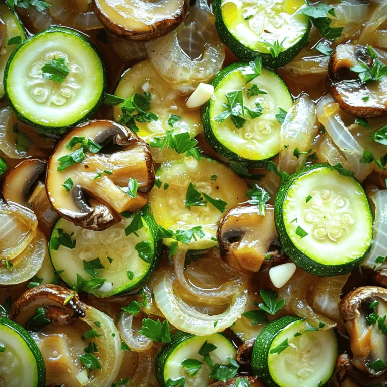 - 2 medium zucchinis, sliced into half-moons - 8 ounces mushrooms, sliced (your choice of variety) - 1 large onion, thinly sliced - 4 cloves garlic, minced - 3 tablespoons olive oil - 1 teaspoon dried thyme - 1 teaspoon balsamic vinegar - Salt and fresh ground pepper to taste - Fresh parsley, finely chopped (for garnish) I suggest using olive oil for this dish. It adds a rich flavor and helps cook the veggies evenly. You can also use avocado oil if you want a high smoke point oil. Canola oil works too, but I prefer the taste of olive oil. To make your dish pop, sprinkle fresh parsley on top before serving. You can also add grated Parmesan cheese for a salty kick. A squeeze of lemon juice brightens the flavors and adds freshness. Start by washing the zucchinis and mushrooms. This step is key for clean veggies. Slice the zucchinis into half-moons. Aim for even slices; this helps them cook well. For the mushrooms, choose your favorite type and slice them thinly. Next, take a large onion and slice it thinly too. This way, it will cook faster and blend with the other flavors. Lastly, mince the garlic cloves; this adds a strong, rich taste to the dish. Grab a large skillet and heat the olive oil over medium heat. You want it hot but not smoking. Once the oil shimmers, add the onions. Sauté for about 3-4 minutes. Stir occasionally to keep them from sticking. You want them soft and translucent. Now, add the minced garlic and stir for another minute. Keep a close watch. You want the garlic fragrant, not browned. Overcooked garlic can taste bitter and spoil the dish. Now it’s time to add the sliced zucchinis and mushrooms. Stir them into the skillet, mixing well with the onions and garlic. Season with dried thyme, salt, and fresh ground pepper. Sauté the mixture for about 8-10 minutes. Stir occasionally to ensure even cooking. The zucchini should be tender but still crisp. The mushrooms will soften and release their juices. Finally, drizzle balsamic vinegar over the veggies. Give it a good stir and let it cook for another minute. This melds all the flavors together. Remove the skillet from heat and garnish with fresh parsley for a pop of color. To keep garlic from burning, add it after the onions. Cook it for only one minute. Stir it constantly while it cooks. If the garlic turns brown, it becomes bitter. You want it fragrant and soft. Use medium heat to sauté your vegetables. High heat can make them mushy and burnt. Stir them often so they cook evenly. Zucchini should be tender but still crisp. Mushrooms should release their juices without becoming dry. You can use any mushrooms you like. Button, cremini, or shiitake all work well. Each type adds a unique flavor to the dish. Choose fresh mushrooms for the best taste. Make sure they are firm and free of dark spots. {{image_4}} You can easily add more veggies to this dish. Try bell peppers for sweetness. Carrots add a nice crunch. Spinach or kale can bring in greens. Just chop them up and toss them in with the zucchini and mushrooms. Each option makes the dish more colorful and adds new tastes. Herbs can boost the flavor of your sautéed mix. Fresh basil adds a sweet and fragrant note. Oregano gives a warm, earthy taste. You can even try rosemary for a strong flavor. Just chop them finely and stir them in during the last minute of cooking. This small change makes a big impact. Turn this side dish into a full meal. Add cooked protein like chicken or shrimp. For a vegetarian option, toss in chickpeas or white beans. Serve it over rice or quinoa to make it filling. You can also mix in some cheese, like feta or parmesan, for creaminess. This way, you have a hearty and satisfying dish. After cooking, let the garlic sautéed zucchini, mushrooms, and onions cool down. Place them in an airtight container. They can stay fresh in the fridge for up to three days. Make sure to store them away from strong-smelling foods. This helps keep their flavor intact. To reheat, use a skillet over medium heat. Add a splash of olive oil if needed. Heat for about five minutes, stirring often. This warms them evenly and keeps the veggies from getting mushy. You can also use a microwave. Heat in short bursts for one to two minutes, stirring in between. You can freeze the sautéed veggies, but they might lose some texture. Let them cool completely before freezing. Place in a freezer-safe bag or container. They can last up to three months in the freezer. When ready to eat, thaw in the fridge overnight. Reheat as described above for the best results. You should sauté zucchini for about 8-10 minutes. This timing helps the zucchini stay tender and crisp. Stir it often to cook evenly. If you sauté it too long, it will get mushy. The goal is to enjoy the fresh taste and slight crunch. Yes, you can use frozen vegetables, but they may change the texture. Frozen zucchini, mushrooms, and onions release more water. This might make your dish a bit soggy. If you choose frozen, cook them longer to reduce excess moisture. This dish pairs well with grilled chicken or fish. It also goes great with crusty bread. You can even serve it over pasta or rice for a full meal. Feel free to get creative and add your favorite protein! In this post, we covered ingredients, step-by-step cooking, and tips for sautéing. You learned about choosing oils, garnishes, and how to keep garlic from burning. I shared ways to add variety and how to store your dish. Remember, sautéing is simple and fun. With fresh veggies and a few tips, you can create a tasty meal. Enjoy experimenting, and don’t hesitate to try new flavors! Happy cooking!