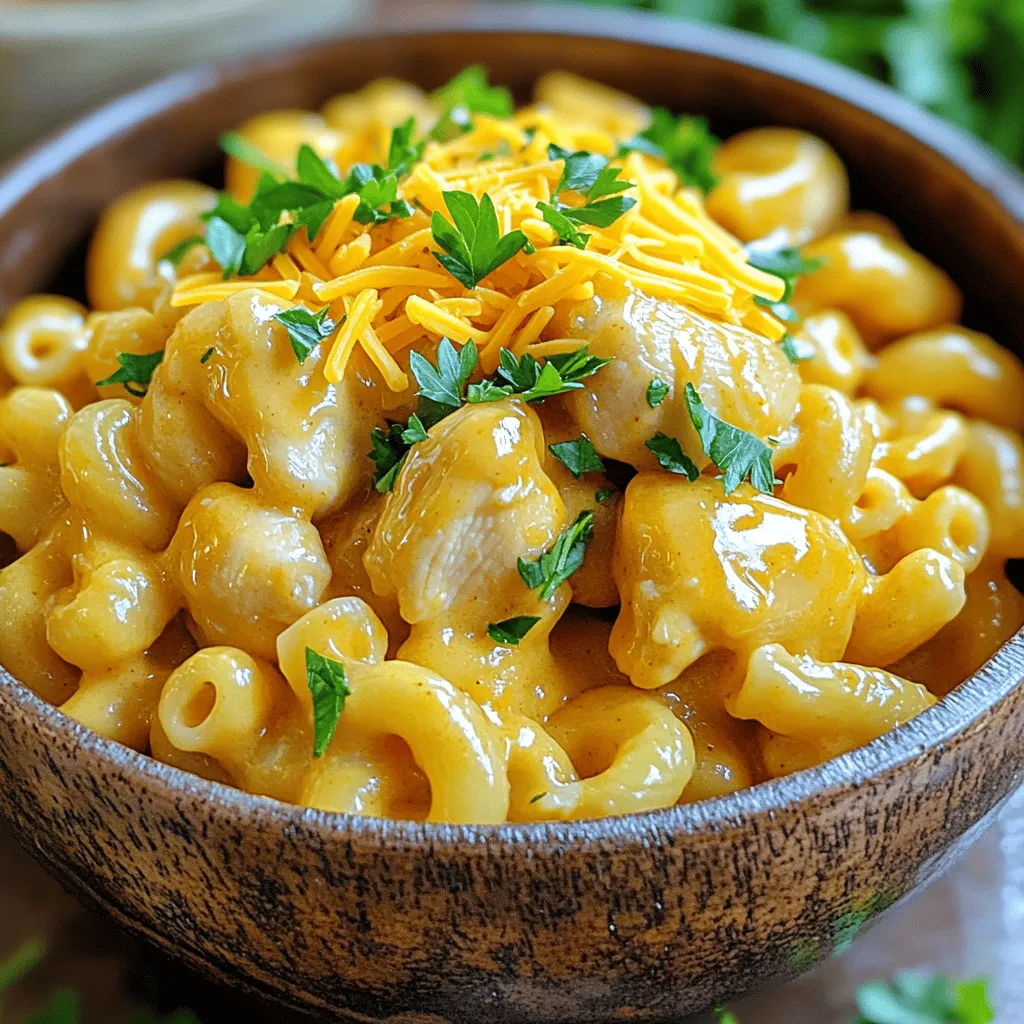 - 2 cups elbow macaroni - 1 pound chicken breast, diced - 4 tablespoons unsalted butter - 1/4 cup honey - 4 cloves garlic, minced - 2 cups shredded sharp cheddar cheese - 1 cup milk - 1 teaspoon Dijon mustard - 1/2 teaspoon smoked paprika - Salt and pepper to taste - Fresh parsley, chopped (for garnish) To make Honey Garlic Butter Chicken Mac & Cheese, gather all these tasty ingredients. 1. Elbow macaroni gives the dish its classic comfort. It’s fun to eat! 2. Chicken breast adds protein and makes the dish hearty. Diced pieces cook quickly. 3. Unsalted butter helps create a rich sauce. It also flavors the chicken. 4. Honey brings sweetness. It pairs well with garlic for a nice glaze. 5. Garlic boosts flavor and aroma. Freshly minced garlic works best. 6. Sharp cheddar cheese gives a bold taste. It melts perfectly into a creamy sauce. 7. Milk makes the cheese sauce smooth and rich. Whole milk works great. 8. Dijon mustard adds a hint of tang. It balances out the sweetness of honey. 9. Smoked paprika gives a subtle smokiness. It adds depth to the dish. 10. Salt and pepper enhance all the flavors. Season to your taste. 11. Fresh parsley is for garnish. It adds color and a fresh taste. With these simple ingredients, you can create a delicious meal. Each item plays a key role in the overall flavor and texture. - Boiling the water: Start by filling a large pot with water. Add a pinch of salt. Bring it to a rolling boil. - Cooking to al dente: Once the water is boiling, add 2 cups of elbow macaroni. Cook it according to the package instructions. Aim for al dente, which means it should be firm to the bite. After cooking, drain the macaroni and set it aside. - Sautéing the chicken: In a large skillet, melt 2 tablespoons of unsalted butter over medium heat. Once melted, add 1 pound of diced chicken breast. Cook the chicken for about 7-10 minutes. Stir it often until it is nicely browned and fully cooked. - Seasoning guidelines: While cooking, season the chicken with salt, pepper, and 1/2 teaspoon of smoked paprika. This adds great flavor. - Sautéing garlic: In the same skillet where the chicken was cooked, add the remaining 2 tablespoons of butter. Let it melt, then add 4 minced cloves of garlic. Sauté the garlic for 1-2 minutes until fragrant and slightly golden. - Incorporating honey: Add 1/4 cup of honey to the skillet. Stir it well and let it bubble. Cook for an additional 2 minutes for a nice caramelized texture. - Tossing chicken in sauce: Return the cooked chicken to the skillet. Toss it well in the honey garlic sauce. Make sure every piece is coated. Remove it from heat. - Creating the cheese sauce: In a separate large saucepan, combine 1 cup of milk and 1 teaspoon of Dijon mustard over low heat. Stir it gently. - Whisking until smooth: Gradually add 2 cups of shredded sharp cheddar cheese. Whisk until the mixture is smooth and creamy. Ensure the cheese is fully melted. - Combining macaroni and chicken: Add the drained macaroni and the honey garlic chicken mixture to the cheese sauce. - Ensuring even coating: Stir gently to mix everything. Make sure all the pasta and chicken are coated in the creamy sauce. - Portioning tips: Use a large spoon to scoop the mac & cheese into serving bowls. - Garnishing with parsley: For an added touch, sprinkle fresh chopped parsley on top. This adds color and freshness to your dish. - Sauce thickness: Aim for a creamy texture. If your sauce is too thick, add a splash of milk. If it's too thin, cook it longer to reduce. - Cheese selection: Use sharp cheddar for a strong flavor. You can mix in mozzarella for stretchiness or Gruyère for a nutty taste. - Dealing with leftovers: Store leftover chicken separately. This keeps it fresh and prevents sogginess in the mac & cheese. - Ensuring tenderness: Cook chicken over medium heat. Avoid high heat, which can dry it out. Sauté until golden and fully cooked. - Sweetness versus savoriness: Balance the honey's sweetness with salt and cheese. This makes each bite rich and satisfying. - Spice level variations: Add a pinch of cayenne or red pepper flakes for heat. You can also toss in some black pepper for a mild kick. {{image_4}} You can easily make this dish vegetarian. - Use plant-based protein like tofu or tempeh instead of chicken. - Add vegetables like spinach, bell peppers, or broccoli for extra nutrients. Adding veggies boosts flavor and color. You can sauté them before mixing them in. This way, they stay crisp and fresh. If you want to change the flavor, try different cheeses. - Use mozzarella for a creamy texture. - Feta adds a salty kick. Mixing cheeses can create a unique taste. Sharp cheddar with creamy gouda works well. You can experiment to find your favorite combo! You can make this dish gluten-free with simple swaps. - Substitute regular pasta with gluten-free elbow macaroni. - Use gluten-free flour to thicken your cheese sauce. These changes keep the dish tasty and safe for those with gluten allergies. Enjoy your creamy mac & cheese without worry! To keep your Honey Garlic Butter Chicken Mac & Cheese fresh, use proper storage containers. Glass or BPA-free plastic containers work best. Make sure the container is airtight to prevent drying out. You can store it in the fridge for up to three days. If you want to save some for later, freezing is a great option. First, let the mac & cheese cool down to room temperature. Then, transfer it to a freezer-safe container. You can also use freezer bags for easier storage. It can last up to three months in the freezer. To thaw, move it to the fridge overnight before reheating. For the best results, reheat your mac & cheese in the oven or on the stovetop. If using the oven, set it to 350°F (175°C). Cover the dish with foil to keep it moist. Heat for about 20 minutes or until warm. On the stovetop, add a splash of milk while reheating to maintain creaminess. Stir gently to combine. Enjoy your meal like it was freshly made! Yes, you can use rotisserie chicken. It saves time and adds great flavor. Just shred the chicken and mix it into the dish. This makes your meal quick and easy. If you don’t have Dijon mustard, you can use yellow mustard or honey mustard. You can also skip it entirely for a simpler taste. Just keep in mind that Dijon adds a nice tang. You can add spices like cayenne pepper or crushed red pepper flakes. Hot sauce also works well. Start with a little and taste as you go. Yes, you can make it in advance. Cook it, then cool it before storing. Keep it in an airtight container in the fridge. Reheat it slowly in the oven for best results. This dish pairs well with a fresh green salad or steamed veggies. Garlic bread also makes a lovely side. You can choose any side you enjoy! In this article, we explored a delicious Honey Garlic Butter Chicken Mac & Cheese recipe. You learned about the key ingredients and step-by-step cooking instructions. We shared tips for perfecting the dish and offered variations for dietary needs. Remember, you can adjust flavors and serve it with sides for a complete meal. This recipe is easy, fun, and full of flavor. Enjoy crafting your delicious mac and cheese that will impress your family and friends!
