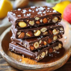 - 1 cup almonds, roughly chopped - 1 cup walnuts, roughly chopped - 1 cup cashews, roughly chopped - 1 cup dates, pitted and finely chopped - 1/4 cup honey or maple syrup - 1/2 cup dark chocolate chips - 1 teaspoon pure vanilla extract - 1/2 teaspoon fine sea salt - Additional sea salt for sprinkling - Calories per serving: Each bar has about 200 calories. - Macronutrient breakdown: Roughly 6g of protein, 10g of fat, and 25g of carbs. - Health benefits of ingredients: - Almonds, walnuts, and cashews provide healthy fats and protein. - Dates offer natural sweetness and fiber. - Dark chocolate is rich in antioxidants and can boost mood. - Sea salt enhances flavor and helps balance sweetness. These bars pack a nutritious punch. They're a great snack to fuel your day! 1. Preheat the oven and prepare the baking dish: Start by preheating your oven to 350°F (175°C). Grab an 8x8-inch baking dish and line it with parchment paper. Leave some overhang to help lift the bars out later. 2. Mix dry ingredients: In a medium bowl, combine the chopped almonds, walnuts, cashews, and finely chopped dates. Stir gently with a spoon to mix everything evenly. 3. Prepare the chocolate mixture: In a small saucepan over low heat, mix the honey (or maple syrup), dark chocolate chips, and vanilla extract. Stir often until the chocolate melts and blends smoothly. 1. Pour chocolate over nut and date mixture: Once the chocolate is smooth, pour it over the nut and date mix. Use a spatula or wooden spoon to fold the chocolate in, coating everything well. 2. Transfer and compact the mixture: Scrape the mixture into the lined baking dish. With a spatula or your hands, press it down firmly to make it compact. 1. Baking time and tips: Place the baking dish in your preheated oven. Bake for 15-20 minutes. Look for lightly golden edges and a nice aroma. 2. Cooling process and removing from pan: After baking, take the dish out and let it cool completely. Use the parchment overhang to lift the bars out once they are cool. - Alternatives for nuts: If you want to switch nuts, use sunflower seeds or pumpkin seeds. They add crunch and flavor too. You can also try pecans or hazelnuts for a different taste. - Sweetener variations: You can use agave nectar or brown rice syrup instead of honey or maple syrup. Each option gives a unique flavor and sweetness level. - Baking time adjustments based on preference: If you like softer bars, bake for just 15 minutes. For firmer bars, go for 20 minutes. Keep an eye on the edges for a golden color. - Texture tips for nut bars: To get a chewy texture, make sure your dates are moist. If they feel dry, soak them in warm water for 10 minutes before chopping. This step helps keep your bars soft. - Presentation tips for serving: Stack the bars neatly on a plate for a clean look. Add a drizzle of melted dark chocolate on top for a fancy touch. You can also sprinkle a bit of extra sea salt for flair. - Pairing options: These bars go well with fresh fruit like berries or apple slices. You can also serve them with yogurt or a scoop of ice cream for a fun dessert twist. {{image_4}} You can easily change the flavor of your dark chocolate sea salt nut bars. A fun option is to add dried fruits like cranberries or apricots. This addition brings a sweet and chewy texture. You might also try adding sunflower seeds or pumpkin seeds for a crunchier bite. Another way to boost flavor is by introducing spices. A hint of cinnamon adds warmth. Nutmeg gives a cozy taste that fits well with chocolate. Just a pinch can transform the bars into a new treat. If you want to make your nut bars vegan, simply swap honey for maple syrup. This change keeps the sweetness and makes it plant-based. You can feel good about enjoying a delicious snack that fits your diet. For those needing gluten-free options, rest easy. All the ingredients in this recipe are naturally gluten-free. Just be sure to check the labels of any packaged items, like chocolate chips. This way, you can enjoy these bars without worry. You can customize the size and shape of your nut bars. Making mini bars or bites is a fun twist. Just use a smaller baking dish, like a 9x5 inch loaf pan. This size is perfect for bite-sized snacks. Adjusting the baking dish size also helps you change the texture. A larger dish makes thinner bars, while a smaller dish gives thicker ones. Experiment to find the perfect size for your taste! To keep your Dark Chocolate Sea Salt Nut Bars fresh, store them in an airtight container. You can place them in the refrigerator or pantry. The fridge is best for longer freshness. If you use the pantry, ensure it’s cool and dark. These nut bars last up to two weeks at room temperature. If stored in the fridge, they can last up to a month. Look for signs of spoilage, like a change in smell or texture. If they feel dry or hard, it’s best to toss them. For longer storage, you can freeze the bars. Wrap each bar in plastic wrap, then place them in a freezer bag. They can last up to three months in the freezer. When ready to eat, thaw them in the fridge overnight or at room temperature for a few hours. Yes, you can use milk or white chocolate. Milk chocolate adds creaminess and sweetness. White chocolate will make the bars sweeter, but it lacks cocoa flavor. If you like a mix, try combining dark and milk chocolate for the best of both worlds. Just keep in mind that this changes the taste. These bars can be a healthy snack. They are made with nuts and dark chocolate, which provide good fats and protein. Nuts are full of vitamins and minerals. Dark chocolate has antioxidants, too. However, watch the sugar from honey or syrup. Too much can add extra calories. To make these bars nut-free, replace nuts with seeds. Sunflower seeds or pumpkin seeds work well. You can also use puffed rice or oats for a crunchy texture. Adjust the amount of dried fruit to enhance sweetness and flavors. Yes, you can adjust the sweetness. Start with less honey or syrup and taste the mixture. Add more if needed. You can also use a different sweetener like agave or coconut sugar. Just remember that different sweeteners may change the taste and texture slightly. In this article, we explored delicious dark chocolate sea salt nut bars. We discussed the ingredients, from nuts to sweeteners, and shared easy steps for making them. I highlighted variations, like dietary adjustments and flavor additions. These bars are not only tasty but also healthy. You can customize them to fit your needs. Enjoy experimenting and making these bars your own. Get ready to impress your friends or family with your homemade treats!