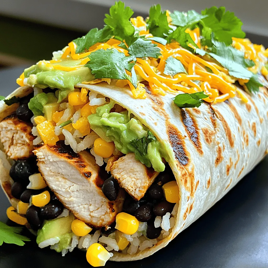 - 2 boneless, skinless chicken breasts - 1 tablespoon olive oil - 1 cup cooked brown rice - 1 cup black beans, rinsed and drained - 1 cup corn (fresh, canned, or frozen) - 1 avocado, sliced - 1 cup shredded cheddar cheese - 4 large flour tortillas - 1 tablespoon chipotle chili powder - 1 teaspoon garlic powder - 1 teaspoon onion powder - Salt and pepper to taste - ½ cup chipotle ranch dressing - Fresh cilantro, finely chopped When you gather these ingredients, you set the stage for a tasty meal. The chicken brings protein, while the rice, beans, and corn add great texture. The spices give it that lovely kick. Don't skip the garnishes! They add color and flavor. The chipotle ranch dressing is a must. It makes every bite creamy and delicious. Fresh cilantro brings a bright finish to the dish. Enjoy the process! To start, mix olive oil, chipotle chili powder, garlic powder, onion powder, salt, and pepper in a bowl. This mix gives your chicken a tasty kick. Coat both chicken breasts with this marinade. Let them sit for at least 30 minutes. This rest time helps the flavors soak in. Next, heat your grill to medium-high. Place the marinated chicken on the grill. Cook them for about 6-7 minutes on each side. You want them cooked through. Look for clear juices when you cut into them. After grilling, take the chicken off and let it rest for 5 minutes. Then, slice it into pieces. In a big bowl, combine cooked brown rice, black beans, corn, and chopped cilantro. Stir well until everything is mixed evenly. This filling is packed with flavor and nutrients. Grab a large tortilla and lay it flat on your counter. In the middle, add a scoop of the rice and bean mix. Place some slices of grilled chicken on top. Sprinkle shredded cheddar cheese and add avocado slices. Drizzle chipotle ranch dressing over the filling. Fold the sides of the tortilla over the filling. Then, roll it tightly from the bottom up. Heat a pan over medium heat. Place the burrito seam-side down in the pan. Toast it for 2-3 minutes until golden brown. Flip it and toast the other side for another 2-3 minutes. Cut the burrito in half and serve with extra chipotle ranch dressing for dipping. Garnish with fresh cilantro for a nice touch. To grill chicken well, start with good marination. Use olive oil and spices to coat the chicken. Let it sit for at least 30 minutes. This helps the flavors soak in. Preheat your grill to medium-high heat. Grill the chicken for about 6-7 minutes on each side. Check for clear juices to know it's done. Let it rest for 5 minutes before slicing. This makes the chicken juicy and tender. To keep your burrito together, use a large tortilla. Lay it flat and add the filling in the center. Don’t overfill! This makes it easier to wrap. Fold the sides in first, then roll from the bottom. Make sure to wrap it tightly. Toasting the burrito helps seal it and adds a nice crunch. Serve your burrito with extra chipotle ranch dressing for dipping. Adding fresh cilantro on top adds color and flavor. You can also serve it with a side of corn or a fresh salad. This balance makes your meal even better. Enjoy every bite! {{image_4}} If you want a veggie burrito, swap the chicken for grilled veggies. Use bell peppers, zucchini, and mushrooms. Just marinate them in the same spices. The chipotle ranch dressing still adds great flavor. This option is healthy and filling. To make a lighter burrito, try these swaps: - Use whole wheat tortillas instead of flour ones. - Substitute brown rice with quinoa for more protein. - Choose low-fat cheese or skip it entirely. - Use Greek yogurt instead of chipotle ranch for a tangy twist. These swaps keep the taste while making it healthier. Don’t feel limited to chipotle ranch. Try other dressings for fun flavors. - A cilantro-lime dressing adds freshness. - Salsa verde gives a zesty kick. - For something creamy, use avocado dressing. These options can change the whole burrito experience. Explore and enjoy! To keep your burritos fresh, wrap them well. Use plastic wrap or aluminum foil. Place them in an airtight container. This helps to keep moisture in and air out. Store them in the fridge for up to three days. If you want to store them longer, freezing is best. When you are ready to eat, take the burrito out of the fridge. Remove any foil or wrap. Heat it in a pan over medium heat. This keeps the outside crispy. If you prefer the microwave, place it on a plate. Heat for about 1-2 minutes. Check that it is hot all the way through. To freeze burritos, wrap each one tightly in plastic wrap. Then, place them in a freezer bag. Make sure to remove as much air as you can. They can last for up to three months in the freezer. When you’re ready to eat, let it thaw overnight in the fridge first. Then, reheat as mentioned above for the best taste. Chipotle ranch dressing is a creamy mix of ranch and chipotle flavors. It gives a spicy and smoky taste to dishes. You can easily find it in stores or make it at home. Just mix ranch dressing with chipotle chili powder or sauce. This dressing adds a zesty kick to your burrito. Yes, you can use whole grain tortillas. They add a nutty flavor and extra fiber. Whole grain tortillas are healthier than regular ones. They hold the filling well, just like regular flour tortillas. You can customize your burrito in many ways. Here are some ideas: - Add different proteins like beef or tofu. - Use brown rice or quinoa instead of white rice. - Swap black beans for pinto or kidney beans. - Include different veggies like bell peppers or spinach. - Try other sauces like salsa or guacamole. Burritos pair well with various sides. Consider these options: - Tortilla chips with salsa or guacamole. - Mexican street corn, also known as elote. - A fresh side salad with lime dressing. - Rice and beans for a filling meal. - Grilled vegetables for extra flavor. You can keep burrito leftovers in the fridge for 3 to 4 days. Store them in an airtight container for best results. If you want to keep them longer, freeze them for up to 3 months. Just make sure to wrap them well to avoid freezer burn. You learned how to make a tasty Chipotle Ranch Grilled Chicken Burrito. We covered the key ingredients, perfect grilling methods, and how to make everything hold together. I also shared tips for flavor and storage. You can adapt this recipe for a vegetarian meal or even swap ingredients for healthier options. Enjoy this burrito as a quick meal or a fun party dish. Now you can impress others with your cooking skills, all while enjoying delicious flavors.