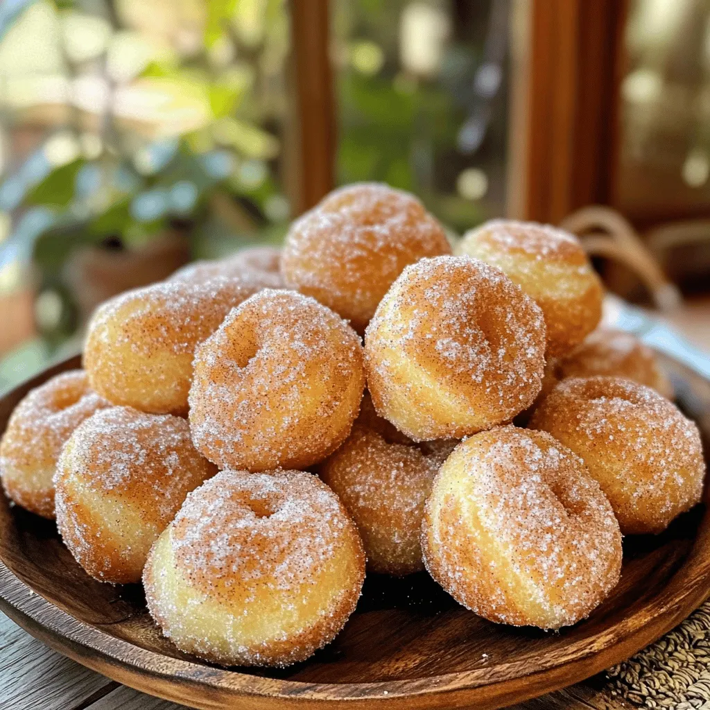 - 1 cup all-purpose flour - 1/2 cup granulated sugar (plus extra for coating) - 1/2 teaspoon baking powder - 1/4 teaspoon baking soda - 1/4 teaspoon salt - 1/2 teaspoon ground cinnamon (plus extra for coating) - 1/2 cup buttermilk - 1 large egg - 2 tablespoons unsalted butter, melted - Oil, for frying For a dairy-free option, you can replace buttermilk with almond milk mixed with vinegar. This mix mimics buttermilk's tangy flavor. You can also swap the unsalted butter with coconut oil or a dairy-free butter alternative. This keeps your donut holes tasty and suitable for many diets. Start by sifting the flour, baking powder, baking soda, salt, and cinnamon into a large bowl. Sifting helps break up clumps and mixes the dry ingredients well. This step is key for an even texture in your donut holes. Mix everything together using a whisk. This ensures that the baking powder and baking soda spread evenly. If you skip this, some donut holes may rise poorly. In a different bowl, combine the buttermilk, egg, and melted butter. Whisk them together until you see a smooth mix. This smoothness shows you’ve blended well. If you see lumps, keep mixing until smooth. It’s important that all the wet ingredients blend nicely for a good batter. Gently pour the wet mix into the dry mix. Use a spatula to fold them together. Mix until just combined. You want a thick batter with a few lumps still showing. Overmixing can make your donut holes tough, so stop when everything looks blended but not too smooth. Choose a good oil for frying, like vegetable or canola oil. Heat the oil in a pot over medium heat. Aim for a temperature of 350°F (175°C). Use a thermometer to check. While the oil heats, set up a plate with paper towels. This will help drain the extra oil after frying. Once the oil reaches the right temperature, use a small scoop to drop the batter into the hot oil. Make sure not to overcrowd the pot. Fry about five donut holes at a time. Each will take about 2-3 minutes to turn golden brown. If you add too many, the oil will cool, and the donut holes won’t cook right. After frying, use a slotted spoon to lift the donut holes out. Place them on the paper towels to drain any extra oil. While they are still warm, mix sugar and cinnamon in a small bowl. Roll each donut hole in this mix until fully coated. This sweet coating makes them irresistible and adds a lovely crunch to each bite. To get the best texture, fry donut holes for about 2-3 minutes per side. This timing helps them turn a lovely golden brown. Always use fresh ingredients. Freshness impacts the taste and texture, making your donut holes soft and fluffy. You can add more spices to boost flavor. Try nutmeg or vanilla extract for a twist. Consider serving your churro donut holes with warm chocolate sauce or a creamy dip. These pairings add fun and extra taste. If you want to make them ahead, keep them in an airtight container. Before serving, reheat them in an oven at 350°F for about 5 minutes. This method keeps them warm and soft. For the best taste, always serve them warm after frying. {{image_4}} You can take your churro donut holes to the next level by adding a chocolate dip. To create the dip, melt 1 cup of semi-sweet chocolate chips in a bowl over simmering water. Stir until smooth. Once the donut holes cool a bit, dip half of each hole into the warm chocolate. For added fun, sprinkle toppings like crushed nuts, mini marshmallows, or sprinkles on the chocolate before it sets. This adds a nice crunch and color! Want to celebrate fall? Adjust the recipe by adding 1/2 cup of pumpkin puree and a teaspoon of pumpkin spice. This gives your churro donut holes a warm, cozy flavor. You could also add a bit more cinnamon for extra spice. Serve these during autumn gatherings with a warm drink, like apple cider. They make a perfect treat for a seasonal party! If you need a gluten-free option, swap the all-purpose flour for a gluten-free blend. Most blends work well in equal amounts. Make sure it contains xanthan gum to help the dough hold together. When frying, keep an eye on the temperature. Gluten-free dough can be more fragile. Don’t overcrowd the pot. Fry each batch slowly to achieve that golden brown color without breaking apart. To store leftover donut holes, place them in an airtight container. This keeps them fresh. You can store them in the fridge for up to three days. To keep them soft, layer parchment paper between the donut holes. This prevents them from sticking together. If you want to save some for later, freezing is a great choice. First, let the donut holes cool completely. Then, spread them on a baking sheet. Freeze them for about an hour. Once frozen, transfer them to a freezer bag. Make sure to squeeze out any air before sealing. To reheat, bake them at 350°F (175°C) for about 10 minutes. You can also microwave them for 20-30 seconds, but they may not stay crispy. The shelf life of these donut holes varies. At room temperature, they last for about one day. In the fridge, they stay fresh for up to three days. If frozen, they can last for about three months. Always check for any signs of spoilage before eating. You can bake churro donut holes, but they won't taste the same. Baking gives a different texture. If you want to try, preheat your oven to 350°F (175°C). Use a greased mini muffin pan to hold the batter. Bake for about 10-12 minutes. Check for a golden color. They will be less crispy but still tasty. Don't forget to coat them in cinnamon sugar after baking! For frying churro donut holes, use oil with a high smoke point. Good options are vegetable oil, canola oil, or peanut oil. These oils fry well and won’t burn easily. Heat the oil to 350°F (175°C) for the best results. This temperature helps cook the donut holes quickly and evenly. To make churro donut holes dairy-free, swap buttermilk for a plant-based milk. Almond milk or oat milk works well. You can also add a bit of vinegar to mimic buttermilk's tang. For butter, use coconut oil or a dairy-free butter substitute. This keeps the flavor rich without using dairy. Yes, you can make the batter ahead of time! Store it in an airtight container in the fridge for up to 24 hours. When you're ready to fry, give the batter a quick stir. If it seems too thick, add a splash of milk or water. This way, you save time when you’re ready to enjoy these treats! We explored the key ingredients and methods for making delicious donut holes. You learned about vital steps, from mixing to frying, and how to perfect the texture and flavor. Remember to experiment with variations like chocolate or pumpkin spice to keep things fun. Store leftovers properly to enjoy them later. Making these treats can be easy and rewarding. Enjoy baking, and share your tasty creations with loved ones!
