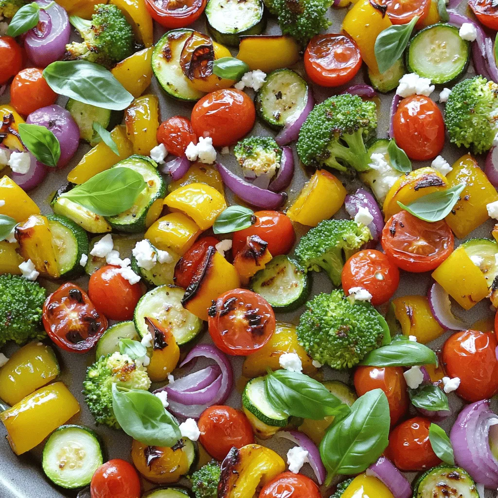 To make this dish, you need a mix of fresh veggies. Here is a list: - 1 medium zucchini, sliced into half-moons - 1 red bell pepper, diced - 1 yellow bell pepper, diced - 1 red onion, cut into wedges - 1 cup cherry tomatoes, halved - 3 cups broccoli florets These veggies bring color and crunch to your meal. Each one adds its unique taste. Zucchini gives a mild flavor, while bell peppers add sweetness. Onions provide depth, and cherry tomatoes offer juiciness. Next, we need to create a tasty balsamic dressing. The ingredients are: - 3 tablespoons balsamic vinegar - 2 tablespoons extra virgin olive oil Balsamic vinegar is bold and tangy. It pairs well with the sweetness of the veggies. Olive oil adds richness and helps the veggies roast nicely. To finish, we need some simple seasonings and garnishes: - 1 teaspoon garlic powder - 1 teaspoon dried oregano - Salt and freshly ground pepper to taste - ½ cup feta cheese, crumbled - Fresh basil leaves for garnish Garlic powder and oregano add flavor. Salt and pepper enhance all the tastes. The feta cheese brings creaminess and tang. Fresh basil gives a bright touch on top, making the dish look beautiful. This mix of ingredients makes the dish vibrant and delicious. Each element works together to create a tasty meal that everyone will love. Start by heating your oven to 425°F (220°C). This high heat helps the veggies roast perfectly. As the oven warms up, wash and cut your vegetables. Slice the zucchini into half-moons. Dice the red and yellow bell peppers. Cut the red onion into wedges. Halve the cherry tomatoes and prepare the broccoli florets. Place all these in a large mixing bowl. Once your veggies are ready, it’s time to toss them. Drizzle 3 tablespoons of balsamic vinegar and 2 tablespoons of olive oil over the veggies. Next, add 1 teaspoon of garlic powder and 1 teaspoon of dried oregano. Don’t forget to add salt and freshly ground pepper to taste. Mix everything gently but well. This ensures each piece of vegetable gets coated in that tasty balsamic mixture. Now, spread the seasoned veggies on a large baking sheet. Make sure they are in a single layer. This allows them to roast evenly. Place the baking sheet in your preheated oven. Roast for about 20-25 minutes. Halfway through, stir the vegetables to promote even cooking. They should become tender and slightly caramelized. After roasting, take the pan out and sprinkle ½ cup of crumbled feta cheese over the veggies. Return it to the oven for 5 more minutes. This will warm the feta without losing its shape. Lastly, take it out and garnish with fresh basil leaves. Enjoy the beautiful colors and flavors! To get the best results, preheat your oven to 425°F (220°C). A hot oven helps the veggies roast evenly. Spread the veggies in a single layer on the baking sheet. This way, they cook well and get that nice browning. Stir them halfway through cooking. This ensures all sides get that perfect caramelization. You can add more flavor by mixing in some garlic cloves. Whole cloves roast well and taste sweet once done. A splash of lemon juice can brighten the dish. For heat, add red pepper flakes or sliced jalapeños. You can also swap in different herbs like thyme or rosemary for a unique twist. Serve the roasted veggies in a large, shallow bowl. This shows off their bright colors. Drizzle a little extra balsamic glaze on top for a touch of shine. Garnish with fresh basil leaves for a pop of green. You can even sprinkle some extra feta for added flavor and texture. {{image_4}} You can switch up the veggies in this recipe. Try adding carrots, asparagus, or cauliflower. Each brings its own flavor and texture. You can also use sweet potatoes or Brussels sprouts for a hearty twist. Just remember to cut them into similar sizes. This helps them cook evenly. Feta cheese adds a nice tang, but other cheeses work too. Goat cheese is creamy and rich. Parmesan gives a salty kick. You can even use mozzarella for a milder flavor. Choose your cheese based on what you like. Each option changes the dish in a fun way. Herbs and spices can change the taste of your veggies. Fresh thyme or rosemary adds a nice aroma. For a spicy kick, try red pepper flakes or smoked paprika. If you enjoy a bit of sweetness, add a touch of cinnamon. Mixing in different herbs can take your dish to new heights. To store leftovers, place them in an airtight container. Make sure to cool the veggies before sealing. This keeps the flavors fresh for later. You can store them in the fridge for up to four days. If you want to keep them longer, consider freezing. Reheat the balsamic roasted veggies in the oven for the best results. Preheat your oven to 350°F (175°C). Spread the veggies out on a baking sheet. Heat for about 10-15 minutes, until warm. You can also use a microwave if you’re in a hurry. Just heat them in short bursts, stirring in between. This helps keep them from getting soggy. To freeze your roasted veggies, first cool them fully. Then, spread them in a single layer on a baking sheet. Freeze for a few hours until solid. Next, transfer them to a freezer-safe bag. Remove as much air as possible. They can stay in the freezer for up to three months. When you’re ready to eat, thaw them overnight in the fridge before reheating. Yes, you can swap in other veggies. Try carrots, cauliflower, or asparagus. Each will bring a new taste. Just cut them into similar sizes for even cooking. You want all veggies to roast well. Mixing colors adds fun to your dish. If you lack balsamic vinegar, use red wine vinegar or apple cider vinegar. Both give a nice tang. You can also blend these with a touch of honey for sweetness. This mix can mimic balsamic’s rich flavor. To make this dish vegan, skip the feta cheese. Try using a vegan cheese or leave it out. You can also add nuts or seeds for crunch. They give extra flavor and nutrition. Enjoy the veggies without the cheese, as they shine on their own! This post covered how to make a tasty roasted vegetable dish. We looked at fresh veggies, balsamic dressing, and simple seasonings. I shared step-by-step tips for perfect roasting and ways to boost flavor. You can try different veggies, cheeses, and herbs to mix things up. Finally, I provided guidance on storing leftovers and reheating them. Enjoy creating your dish with these tips. Cooking should be fun and full of flavor!