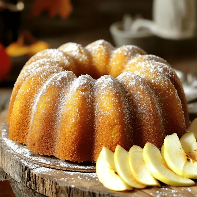 To make this Apple Cider Donut Bundt Cake, you will need: - 2 cups apple cider - 1 cup granulated sugar - 1/2 cup brown sugar, packed - 1/2 cup vegetable oil - 3 large eggs - 2 teaspoons vanilla extract - 2 cups all-purpose flour - 1 teaspoon baking powder - 1 teaspoon baking soda - 1 teaspoon ground cinnamon - 1/2 teaspoon ground nutmeg - 1/2 teaspoon salt - 1/2 cup unsweetened applesauce - 1/4 cup granulated sugar (for coating) - 1 teaspoon ground cinnamon (for coating) You can add a few items for extra flavor: - 1/2 cup chopped walnuts or pecans for crunch - 1/2 cup raisins for sweetness - 1/4 cup maple syrup for a richer taste If you need to accommodate certain diets, consider these swaps: - Use coconut oil instead of vegetable oil for a healthier fat. - Replace granulated sugar with coconut sugar for a lower glycemic index. - For gluten-free needs, swap all-purpose flour with a gluten-free blend. Start by preheating your oven to 350°F (175°C). Grease and flour a 10-cup Bundt pan well. Make sure to coat all the little crevices. This helps the cake come out clean after baking. In a small saucepan, bring the apple cider to a boil over medium heat. Once it bubbles, turn the heat to low. Let it simmer until it reduces to about 1 cup. This usually takes 10-15 minutes. After it reduces, take it off the heat and let it cool a bit. In a large bowl, mix the granulated sugar, brown sugar, and vegetable oil. Whisk until smooth. Then, add the eggs and vanilla extract. Mix again until it’s well blended. Next, stir in the cooled apple cider and applesauce until everything is combined. In another bowl, whisk together the flour, baking powder, baking soda, ground cinnamon, ground nutmeg, and salt. Gradually add the dry mix to the wet mix. Stir gently until just combined. It’s okay if there are a few lumps. Pour the batter into your prepared Bundt pan. Use a spatula to smooth the top. Place it in the preheated oven and bake for 45-50 minutes. To check if it's done, insert a toothpick into the center. It should come out clean with no batter on it. After baking, let the cake cool in the pan for about 15 minutes. Then, carefully invert it onto a wire rack to cool completely. While it cools, mix 1/4 cup granulated sugar with 1 teaspoon ground cinnamon in a small bowl. Once the cake is cool, roll it in the cinnamon-sugar mixture or sprinkle it on top for a festive finish. To get the best texture in your Apple Cider Donut Bundt Cake, follow these simple steps: - Use fresh apple cider. This gives a strong flavor and moisture. - Measure flour correctly. Spoon flour into the cup and level it off. - Mix gently. Stir just until combined. Some lumps are fine! - Bake at the right temperature. Ensure your oven is preheated to 350°F. - Check doneness. Use a toothpick; it should come out clean when the cake is done. Preventing your cake from sticking is key. Here’s how: - Grease the pan well. Use butter or cooking spray. - Flour the pan. After greasing, dust it with flour. This creates a barrier. - Cool before inverting. Let it sit for 15 minutes before flipping it out. - Use a thin knife. Run it around the edges to help release the cake. For the best taste, consider these serving ideas: - Serve warm. This enhances the flavor and texture. - Garnish with apples. Thinly slice apples and place them on the side. - Add a dusting of powdered sugar. This gives a lovely finish and sweetness. - Pair with coffee or tea. A warm drink complements the cake perfectly. - Store leftovers properly. Keep it in an airtight container to maintain freshness. {{image_4}} You can make this cake gluten-free. Use a gluten-free flour blend instead of all-purpose flour. Make sure it contains xanthan gum for good texture. This change allows everyone to enjoy the cake without worry. Want to mix things up? Add a splash of maple syrup for a sweet twist. You could also try using different spices like ginger or cardamom. For an autumn touch, mix in some chopped cranberries. Each option adds a new layer of flavor to your cake. Add-ins can bring extra fun to your Bundt cake. Chopped walnuts or pecans give a nice crunch. Dried apples can boost the apple flavor. Even chocolate chips can make it extra sweet. Be sure to fold these gently into the batter to keep the cake light and fluffy. To keep your Apple Cider Donut Bundt Cake fresh, store it in an airtight container. This will help maintain its moisture and flavor. If you have slices left, wrap them in plastic wrap first. Keep the cake at room temperature for up to three days. For longer storage, consider refrigeration, but this may change the cake's texture. If you want to save some cake for later, freezing is a great option. First, let the cake cool completely. Then, wrap it tightly in plastic wrap, followed by aluminum foil. This double wrapping prevents freezer burn. You can freeze the cake for up to three months. When you're ready to enjoy it, just thaw it in the fridge overnight. To reheat your cake, slice it first for even warming. Place the slices in a microwave-safe dish. Heat in short bursts of 10 to 15 seconds until warm. You can also use the oven to reheat the whole cake. Preheat your oven to 350°F (175°C), and warm the wrapped cake for about 15 minutes. This will revive the flavors and softness, making it taste freshly baked! Yes, you can use fresh apple juice. It will add a nice flavor. Just make sure to reduce it like you do with apple cider. This step helps concentrate the flavors and gives the cake a richer taste. Absolutely! This cake keeps well for a few days. You can bake it one day and serve it the next. Just store it in an airtight container. It will stay moist and tasty. Serve this cake on a wooden board for a rustic look. You can slice it and add thin apple slices for color. A dusting of powdered sugar also looks nice. It’s perfect for fall gatherings or cozy family meals. Yes, you can add nuts or chocolate chips! Walnuts or pecans work well. Just fold them in gently. If you like chocolate, mini chocolate chips will add sweetness. Adjust the amount to suit your taste. This article covers all you need to know about making a great Bundt cake. We explored key ingredients, handy steps, and ways to enhance your cake. I shared tips for perfect texture and tricks to prevent sticking. Variations let you customize to your taste. Lastly, I provided storage tips to keep your cake fresh. Enjoy your baking and feel free to experiment! With these insights, your Bundt cake will impress everyone. Happy baking!