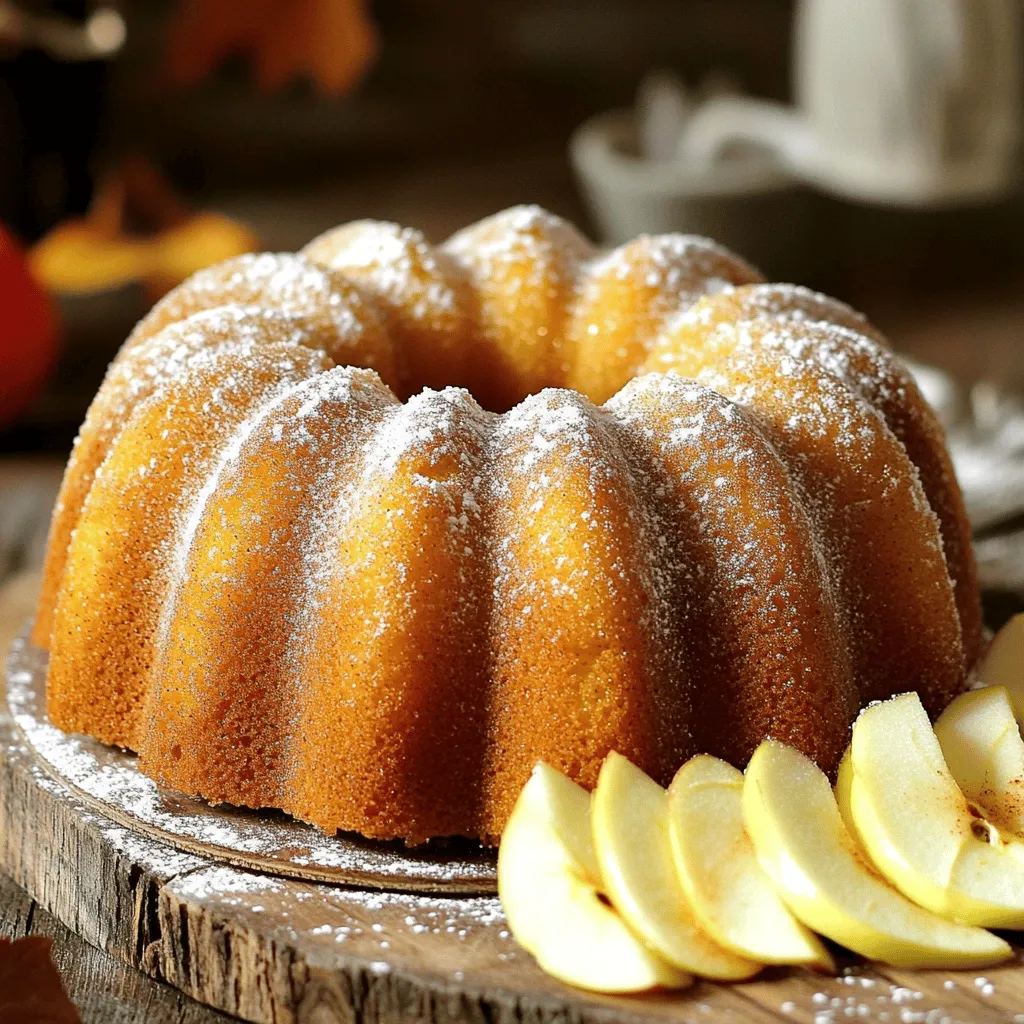 To make this Apple Cider Donut Bundt Cake, you will need: - 2 cups apple cider - 1 cup granulated sugar - 1/2 cup brown sugar, packed - 1/2 cup vegetable oil - 3 large eggs - 2 teaspoons vanilla extract - 2 cups all-purpose flour - 1 teaspoon baking powder - 1 teaspoon baking soda - 1 teaspoon ground cinnamon - 1/2 teaspoon ground nutmeg - 1/2 teaspoon salt - 1/2 cup unsweetened applesauce - 1/4 cup granulated sugar (for coating) - 1 teaspoon ground cinnamon (for coating) You can add a few items for extra flavor: - 1/2 cup chopped walnuts or pecans for crunch - 1/2 cup raisins for sweetness - 1/4 cup maple syrup for a richer taste If you need to accommodate certain diets, consider these swaps: - Use coconut oil instead of vegetable oil for a healthier fat. - Replace granulated sugar with coconut sugar for a lower glycemic index. - For gluten-free needs, swap all-purpose flour with a gluten-free blend. Start by preheating your oven to 350°F (175°C). Grease and flour a 10-cup Bundt pan well. Make sure to coat all the little crevices. This helps the cake come out clean after baking. In a small saucepan, bring the apple cider to a boil over medium heat. Once it bubbles, turn the heat to low. Let it simmer until it reduces to about 1 cup. This usually takes 10-15 minutes. After it reduces, take it off the heat and let it cool a bit. In a large bowl, mix the granulated sugar, brown sugar, and vegetable oil. Whisk until smooth. Then, add the eggs and vanilla extract. Mix again until it’s well blended. Next, stir in the cooled apple cider and applesauce until everything is combined. In another bowl, whisk together the flour, baking powder, baking soda, ground cinnamon, ground nutmeg, and salt. Gradually add the dry mix to the wet mix. Stir gently until just combined. It’s okay if there are a few lumps. Pour the batter into your prepared Bundt pan. Use a spatula to smooth the top. Place it in the preheated oven and bake for 45-50 minutes. To check if it's done, insert a toothpick into the center. It should come out clean with no batter on it. After baking, let the cake cool in the pan for about 15 minutes. Then, carefully invert it onto a wire rack to cool completely. While it cools, mix 1/4 cup granulated sugar with 1 teaspoon ground cinnamon in a small bowl. Once the cake is cool, roll it in the cinnamon-sugar mixture or sprinkle it on top for a festive finish. To get the best texture in your Apple Cider Donut Bundt Cake, follow these simple steps: - Use fresh apple cider. This gives a strong flavor and moisture. - Measure flour correctly. Spoon flour into the cup and level it off. - Mix gently. Stir just until combined. Some lumps are fine! - Bake at the right temperature. Ensure your oven is preheated to 350°F. - Check doneness. Use a toothpick; it should come out clean when the cake is done. Preventing your cake from sticking is key. Here’s how: - Grease the pan well. Use butter or cooking spray. - Flour the pan. After greasing, dust it with flour. This creates a barrier. - Cool before inverting. Let it sit for 15 minutes before flipping it out. - Use a thin knife. Run it around the edges to help release the cake. For the best taste, consider these serving ideas: - Serve warm. This enhances the flavor and texture. - Garnish with apples. Thinly slice apples and place them on the side. - Add a dusting of powdered sugar. This gives a lovely finish and sweetness. - Pair with coffee or tea. A warm drink complements the cake perfectly. - Store leftovers properly. Keep it in an airtight container to maintain freshness. {{image_4}} You can make this cake gluten-free. Use a gluten-free flour blend instead of all-purpose flour. Make sure it contains xanthan gum for good texture. This change allows everyone to enjoy the cake without worry. Want to mix things up? Add a splash of maple syrup for a sweet twist. You could also try using different spices like ginger or cardamom. For an autumn touch, mix in some chopped cranberries. Each option adds a new layer of flavor to your cake. Add-ins can bring extra fun to your Bundt cake. Chopped walnuts or pecans give a nice crunch. Dried apples can boost the apple flavor. Even chocolate chips can make it extra sweet. Be sure to fold these gently into the batter to keep the cake light and fluffy. To keep your Apple Cider Donut Bundt Cake fresh, store it in an airtight container. This will help maintain its moisture and flavor. If you have slices left, wrap them in plastic wrap first. Keep the cake at room temperature for up to three days. For longer storage, consider refrigeration, but this may change the cake's texture. If you want to save some cake for later, freezing is a great option. First, let the cake cool completely. Then, wrap it tightly in plastic wrap, followed by aluminum foil. This double wrapping prevents freezer burn. You can freeze the cake for up to three months. When you're ready to enjoy it, just thaw it in the fridge overnight. To reheat your cake, slice it first for even warming. Place the slices in a microwave-safe dish. Heat in short bursts of 10 to 15 seconds until warm. You can also use the oven to reheat the whole cake. Preheat your oven to 350°F (175°C), and warm the wrapped cake for about 15 minutes. This will revive the flavors and softness, making it taste freshly baked! Yes, you can use fresh apple juice. It will add a nice flavor. Just make sure to reduce it like you do with apple cider. This step helps concentrate the flavors and gives the cake a richer taste. Absolutely! This cake keeps well for a few days. You can bake it one day and serve it the next. Just store it in an airtight container. It will stay moist and tasty. Serve this cake on a wooden board for a rustic look. You can slice it and add thin apple slices for color. A dusting of powdered sugar also looks nice. It’s perfect for fall gatherings or cozy family meals. Yes, you can add nuts or chocolate chips! Walnuts or pecans work well. Just fold them in gently. If you like chocolate, mini chocolate chips will add sweetness. Adjust the amount to suit your taste. This article covers all you need to know about making a great Bundt cake. We explored key ingredients, handy steps, and ways to enhance your cake. I shared tips for perfect texture and tricks to prevent sticking. Variations let you customize to your taste. Lastly, I provided storage tips to keep your cake fresh. Enjoy your baking and feel free to experiment! With these insights, your Bundt cake will impress everyone. Happy baking!
