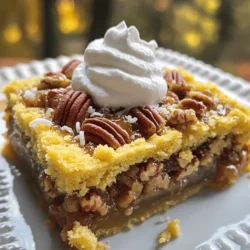 For this easy and tasty Southern Pecan Pie Dump Cake, you will need: - 1 cup unsalted butter, melted - 1 cup light brown sugar, packed tightly - 1 cup granulated sugar - 1 cup corn syrup - 4 large eggs - 1 teaspoon pure vanilla extract - 1 cup chopped pecans - 1 box yellow cake mix (15.25 oz) - 1 cup water - 1 cup sweetened shredded coconut (optional, for added texture) - Whipped cream for serving (optional, for a creamy finish) You can switch out some ingredients for a different flavor or to meet needs. Here are a few ideas: - Use salted butter instead of unsalted. This can add a nice touch. - Swap light brown sugar with dark brown sugar for a richer flavor. - If you don’t have corn syrup, honey or maple syrup can work. - You can use any type of nuts if you want a different crunch. When picking pecans, freshness is key. Here are some tips: - Look for pecans that smell sweet and nutty. This shows they are fresh. - Avoid any nuts that seem soft or shriveled. They may be old. - Choose pecans that are whole and unbroken. They will have better flavor. - If you can, buy them from a store with high turnover. This keeps them fresh longer. First, gather all your ingredients. You need: - 1 cup unsalted butter, melted - 1 cup light brown sugar, packed tightly - 1 cup granulated sugar - 1 cup corn syrup - 4 large eggs - 1 teaspoon pure vanilla extract - 1 cup chopped pecans - 1 box yellow cake mix (15.25 oz) - 1 cup water - 1 cup sweetened shredded coconut (optional) - Whipped cream for serving (optional) Next, preheat your oven to 350°F (175°C). Grease a 9x13-inch baking dish with cooking spray or butter. This helps your cake not stick. In a large bowl, mix the melted butter, brown sugar, granulated sugar, corn syrup, eggs, and vanilla. Whisk until smooth. Make sure there are no lumps. Now, fold in the chopped pecans and shredded coconut gently. This adds crunch and flavor. Pour the pecan mixture into your prepared baking dish. Spread it evenly across the bottom. Take the dry yellow cake mix and sprinkle it on top. Cover all the pecan mixture well. Slowly pour the water over the cake mix. Do not stir. Let the layers stay separate. Bake your dump cake for 45-50 minutes. Look for a golden top and bubbly filling. Once done, let it cool for 10-15 minutes. Then, slice and serve. Enjoy a warm slice with whipped cream for a tasty treat! If you are short on time, use these tips. You can melt the butter in the microwave. This cuts prep time. Also, you can buy pre-chopped pecans. They save you from chopping. Use a cooking spray to grease the dish quickly. This helps avoid sticky messes. For a great texture, follow this advice. Mix the pecans and coconut well in the filling. This adds a nice crunch. Do not stir the water into the cake mix. This keeps the layers distinct. Bake until the top is golden. A golden top means a perfect bake. To make this cake even better, serve it warm. Add a scoop of whipped cream on top. The cream adds smoothness against the rich cake. You can also pair it with vanilla ice cream. A scoop of ice cream melts into the warm cake. Enjoy this treat with friends and family! {{image_4}} If you love chocolate, try adding chocolate chips to the pecan mixture. Use about 1 cup of semi-sweet chocolate chips. The rich chocolate blends perfectly with the pecans and gives a new twist. You can also swap the yellow cake mix for chocolate cake mix. This change makes the dessert even more decadent. The chocolate flavor adds depth and makes it a real treat. If you need a nut-free version, simply leave out the pecans. You can replace them with seeds like sunflower seeds or pumpkin seeds. These seeds add crunch without any nuts. You can also add more coconut for texture if you like. Just make sure to check for any cross-contamination if you have severe allergies. Fruits can make your dump cake special. You can add 1 cup of fresh or frozen berries. Blueberries or raspberries work great. Just fold them into the pecan mixture before baking. Another fun idea is to add spices like cinnamon or nutmeg. A teaspoon of cinnamon can give a warm, cozy flavor. You can also mix in a splash of bourbon or rum for an adult twist! To store leftover dump cake, let it cool first. Cover it tightly with plastic wrap or foil. You can keep it in the fridge for up to four days. This helps keep it fresh and tasty. Always take care to store it in an airtight container. If you want to keep it longer, freezing is a great option. Cut the dump cake into squares. Wrap each piece in plastic wrap, then place them in a freezer-safe bag. You can freeze it for up to three months. When you’re ready to enjoy it, just pull out a piece and let it thaw in the fridge overnight. To reheat, place the slice on a microwave-safe plate. Heat it for 20-30 seconds. Check if it’s warm enough. If you like your dump cake crispy, you can also reheat it in the oven. Preheat your oven to 350°F. Bake for about 10-15 minutes. This will give it a nice finish and keep the flavors bright. Yes, you can! You can swap the yellow cake mix for chocolate or spice cake mix. Each choice will change the flavor, but it will still taste great. Just follow the same steps, and enjoy your twist! The cake is done when the top is golden brown and bubbly. You can also use a toothpick. If it comes out clean from the center, your cake is ready. Let it cool a bit before cutting. This helps the layers set well. The classic recipe uses yellow cake mix, which usually contains gluten. To make it gluten-free, choose a gluten-free cake mix. Make sure all other ingredients, like pecans and corn syrup, are also gluten-free. This way, everyone can enjoy this tasty dessert! To make a Southern Pecan Pie Dump Cake, we covered the key ingredients and useful substitutions. I shared tips for choosing the best pecans and prepping your baking dish. You learned step-by-step instructions for making and layering the cake. We explored time-saving tips, texture secrets, and tasty serving ideas. I also suggested fun variations and provided storage tips. In the end, this cake is easy to make and delicious to eat. Enjoy sharing it with friends and family!
