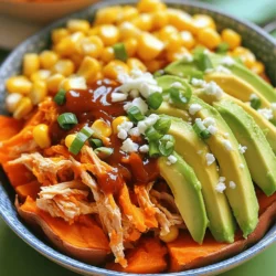 - 2 large sweet potatoes, peeled and cut into 1-inch cubes - 2 boneless, skinless chicken breasts - 1 cup BBQ sauce (your choice of homemade or store-bought) - 1 tablespoon olive oil - 1 teaspoon smoked paprika - 1 teaspoon garlic powder - Salt and freshly ground black pepper to taste - 1 cup corn kernels (use canned or frozen, thawed if frozen) - 1 ripe avocado, sliced - 1/4 cup green onions, finely chopped - 1/4 cup feta cheese, crumbled (optional) If you don't have sweet potatoes, you can use regular potatoes or butternut squash. For the chicken, turkey or tofu works well if you prefer a different protein. If you want to skip the BBQ sauce, try using salsa or a homemade sauce made from ketchup, vinegar, and spices. You can also replace feta cheese with goat cheese or skip it entirely for a lighter bowl. If you don't like corn, try black beans or diced tomatoes for extra flavor and texture. Each serving of BBQ Chicken Sweet Potato Bowls offers a balanced meal. A serving typically contains about: - Calories: 450 - Protein: 30g - Carbohydrates: 50g - Fat: 15g - Fiber: 8g These bowls provide a good mix of protein and carbs, along with healthy fats from the avocado. Also, they are rich in vitamins and minerals from the sweet potatoes and veggies. Enjoy this satisfying meal for lunch or dinner! Start by preheating your oven to 400°F (200°C). This helps cook the sweet potatoes evenly. Peel two large sweet potatoes and cut them into 1-inch cubes. In a mixing bowl, toss the sweet potato cubes with one tablespoon of olive oil. Then, add one teaspoon of smoked paprika and one teaspoon of garlic powder. Don’t forget to season with salt and pepper to taste. Mix until all the cubes are well-coated. Spread the sweet potatoes on a baking sheet in a single layer. Roast them for 25-30 minutes. Toss them halfway through to ensure they cook evenly. They should be tender and slightly caramelized when done. While the sweet potatoes roast, prepare the chicken. Take two boneless, skinless chicken breasts and season them with salt and pepper. Heat a skillet over medium heat. Cook the chicken for about 6-7 minutes on each side. It should turn golden brown and reach an internal temperature of 165°F (75°C). Once cooked, remove the chicken from the skillet and let it rest for a few minutes. Then, shred the chicken using two forks. Next, add the shredded chicken back into the skillet and pour in one cup of BBQ sauce. Mix well to coat the chicken evenly. Heat for an additional 3-4 minutes. This allows the chicken to soak up the BBQ flavor. To make your sweet potato bowls, start with a generous layer of roasted sweet potatoes in each bowl. Next, add a portion of the BBQ chicken on top. Sprinkle a handful of corn kernels over the chicken. Slice a ripe avocado and arrange the slices artfully on top. Finally, finish by adding chopped green onions and crumbled feta cheese, if you like. Serve the bowls right away to enjoy all the flavors and textures. To get sweet potatoes just right, follow these tips: - Choose firm sweet potatoes: Look for ones without blemishes or soft spots. - Cut evenly: Cut the sweet potatoes into 1-inch cubes. This helps them cook evenly. - Season well: Use olive oil, smoked paprika, garlic powder, salt, and pepper. This adds great flavor to the sweet potatoes. - Don’t overcrowd the pan: Spread the cubes out on your baking sheet. This ensures they roast instead of steam. - Toss halfway through: Stir them once during cooking for even browning. Choosing the right BBQ sauce makes a big difference. Here are some favorites: - Homemade sauce: If you have time, make your own sauce. - Sweet and smoky: A sauce with honey or maple syrup adds nice sweetness. - Spicy options: If you enjoy heat, look for sauces with chipotle or cayenne. - Classic flavors: Traditional sauces with vinegar and tomato are always a hit. - Try different brands: Each brand has a unique flavor profile. Experiment to find your favorite. Make your BBQ Chicken Sweet Potato Bowls look as good as they taste. Here are some ideas: - Use clear bowls: They let the colorful layers show through. - Garnish with lime: A lime wedge adds a fresh touch. - Add fresh herbs: Chopped cilantro or parsley can brighten the dish. - Layer thoughtfully: Start with sweet potatoes, then chicken, corn, and avocado. - Sprinkle feta last: Add crumbled feta for a creamy finish. These tips will help you create a delicious and beautiful meal that everyone will love! {{image_4}} You can easily make this dish vegetarian. Swap the chicken for black beans or chickpeas. Both options add protein and fiber. Just heat them with BBQ sauce like you would with chicken. This keeps the flavor strong and tasty. If you want different proteins, use turkey or pork. Turkey breast works well for a leaner option. Pulled pork adds a smoky flavor that pairs nicely with sweet potatoes. Just ensure you cook them until they reach safe temperatures. Add more flavor with spices and toppings. Try adding cayenne pepper for heat. A sprinkle of cumin gives a warm depth. Top your bowl with fresh herbs like cilantro or parsley for a fresh twist. A squeeze of lime juice brightens the dish. You could also add a dollop of Greek yogurt for creaminess. You can store BBQ chicken sweet potato bowls in the fridge. Place them in an airtight container. They stay fresh for up to four days. If you separate the components, they will last longer. Keep the chicken and sweet potatoes apart from the toppings. This keeps everything tasting great. To freeze, let the bowls cool completely. Use freezer-safe containers. You can freeze them for up to three months. For best results, freeze the chicken and sweet potatoes separately from fresh toppings. When you thaw them, the toppings stay fresh and tasty. To reheat, you can use a microwave or an oven. If using a microwave, place a bowl in for about two to three minutes. Stir halfway through for even heating. If using an oven, preheat it to 350°F (175°C). Bake for about 15-20 minutes until heated through. Add fresh toppings after reheating for the best flavor. Yes, you can use different potatoes, like russets or Yukon golds. These potatoes can change the flavor and texture. Sweet potatoes add a nice sweetness. Regular potatoes give a more savory taste. If you choose russets, cut them into smaller pieces. This helps them cook faster and get crispier. To make BBQ Chicken Sweet Potato Bowls gluten-free, choose gluten-free BBQ sauce. Many brands offer gluten-free options. Always check the label to be sure. The rest of the ingredients, like chicken and veggies, are naturally gluten-free. This dish is easy to adjust for gluten-free diets. You can serve many sides with these bowls. Consider a light salad or steamed veggies. Coleslaw adds crunch and freshness. You might also enjoy some cornbread or tortilla chips. These sides balance the meal and add more flavor. This blog post offered a full guide to making BBQ Chicken Sweet Potato Bowls. We covered ingredients, step-by-step instructions, and helpful tips. You learned about swaps for specific ingredients and how to make it fit your needs. The variations let you customize your bowls, too. Finally, proper storage and FAQs help you enjoy this dish multiple times. With these details, you can create a tasty meal that suits your taste and needs. Enjoy cooking!