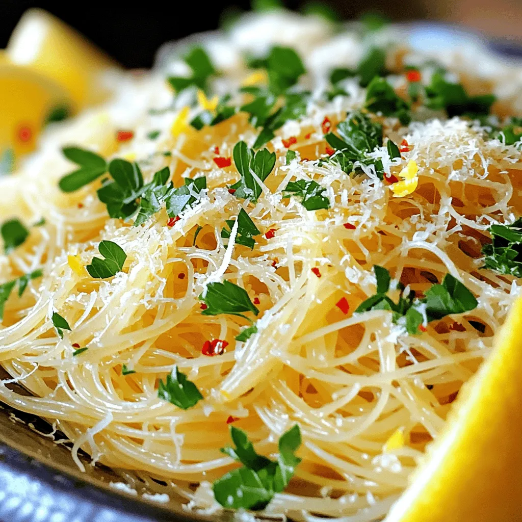 - 8 oz angel hair pasta - 4 tablespoons unsalted butter - 5 cloves garlic, finely minced - 1 teaspoon red pepper flakes - ½ cup freshly grated Parmesan cheese - 2 tablespoons fresh parsley, chopped - Zest of 1 lemon - Salt and pepper to taste - Lemon wedges for garnish Choosing the right quality of garlic I always select fresh garlic. Look for firm bulbs with no soft spots. The aroma should be strong. This ensures the best flavor in your dish. Types of Parmesan cheese to use Use aged Parmesan for a richer taste. Grated cheese is great, but fresh cheese melts better. You can also try Pecorino Romano for a bolder flavor. Substitutes for unsalted butter If you need a substitute, use olive oil or ghee. Both add a nice taste. Coconut oil can work too, but it will change the flavor. To cook angel hair pasta, start with a large pot. Fill it with water and add salt. Bring the water to a rolling boil. Once boiling, add 8 oz of angel hair pasta. Cook it for about 4-5 minutes or until al dente. This means it should be firm but not hard. After cooking, drain the pasta in a colander. Don't forget this key step: reserve ½ cup of the pasta water. This starchy water helps make the sauce creamy later. Set the drained pasta aside while you prepare the sauce. In a large skillet, melt 4 tablespoons of unsalted butter over medium heat. As the butter melts, add 5 cloves of finely minced garlic and 1 teaspoon of red pepper flakes. The garlic adds flavor, and the red pepper flakes can spice things up. Sauté the garlic for 1-2 minutes. Stir it often to avoid burning. You want the garlic to smell good and turn light golden. Burnt garlic will make your dish taste bitter, so watch it closely. Now it's time to bring it all together. Add the drained angel hair pasta to the skillet with the garlic butter sauce. Pour in the reserved pasta water. This step is very important. Toss the pasta gently to coat every strand in the sauce. Next, add ½ cup of freshly grated Parmesan cheese. Stir it in slowly. If the pasta looks too dry, add a little more reserved pasta water. This will help achieve a creamy texture. Season with salt and freshly ground black pepper to your taste. Finally, mix in 2 tablespoons of chopped fresh parsley and the zest of 1 lemon. This adds freshness and brightens the dish. Toss everything well to combine so each bite is full of flavor. Using fresh herbs makes a big difference. Fresh parsley adds bright flavor and color. Dried herbs lack the punch that fresh brings. For added taste, consider spices like crushed red pepper. This gives your dish a nice kick. You can also try black pepper or even a dash of smoked paprika for warmth. When plating Garlic Butter Angel Hair, keep it simple. Twirl the pasta onto the plate for a nice look. Add a sprinkle of Parmesan on top. For a finishing touch, garnish with lemon wedges. The lemon adds color and zest. It also helps balance the richness of the butter. Preparing ingredients ahead saves time. Mince garlic and chop parsley before cooking. This way, everything is ready when you need it. Use a large pot to boil water and a skillet for the sauce. A good quality pot heats quickly. This helps your pasta cook evenly. {{image_4}} You can boost the dish by adding protein. Shrimp works well here; just sauté it with the garlic. Chicken is another option. Cook it first, then slice and mix it in. For a veggie twist, toss in some spinach or bell peppers. They add color and nutrition. If you need a gluten-free option, use rice pasta instead of angel hair. It cooks similarly and tastes great. For a vegan meal, swap in dairy-free butter and cheese. You won’t lose flavor, and it stays creamy. Get creative with herbs! Basil or oregano can change the flavor profile. You might also try adding a hint of citrus. A bit of orange zest can make it fresh. For spice lovers, consider a dash of cayenne pepper for heat. To keep Garlic Butter Angel Hair fresh, store it in an airtight container. Place it in the fridge right after it cools down. This will help prevent bacteria growth. It lasts for about 3 to 4 days in the refrigerator. If you want to enjoy it later, make sure to follow the right steps for storing. When reheating, avoid the microwave if you can. Instead, use a skillet over low heat. Add a splash of water or broth to keep it moist. Stir gently to warm it up. If it seems dry, add a bit of butter. This will help restore its creamy texture and flavor. Yes, you can freeze Garlic Butter Angel Hair. To do this, let it cool completely first. Then, place it in a freezer-safe container. Use a container that seals tightly to avoid freezer burn. It can last up to 2 months in the freezer. When you’re ready to eat, thaw it overnight in the fridge. Reheat it using the skillet method for the best results. Yes, you can prep this dish in advance. Here are some tips: - Cook the pasta: Prepare the angel hair pasta as directed, but stop just short of fully cooking it. Drain and toss with a bit of olive oil to keep it from sticking. - Make the sauce: Prepare the garlic butter sauce in advance. Store it in the fridge for up to three days. - Combine later: When ready to serve, warm the sauce, cook the pasta a minute more, and mix them together. This will keep your dish fresh and tasty. Garlic Butter Angel Hair pairs well with several side dishes: - Garlic bread: A classic choice that complements the flavors well. - Salad: A simple green salad adds freshness and crunch. - Grilled vegetables: Zucchini or bell peppers bring color and taste. - Shrimp or chicken: Adding protein makes the meal heartier. It’s easy to scale the recipe up or down. Here’s how: - Double the ingredients: If you want to serve eight, just double everything. - Adjust cooking time: Keep an eye on the pasta; it may need a minute more if you cook a larger batch. - Mix well: Ensure all pasta gets coated with the sauce for even flavor. This blog post provides a full guide to making Garlic Butter Angel Hair Pasta. We covered essential ingredients, cooking steps, and helpful tips. You now know how to create a flavorful dish, store leftovers, and even variations. Don't hesitate to try new flavors or adjust the recipe to suit your taste. Cooking should be fun and easy. With these tips, your pasta will impress anyone. Enjoy your delicious creation and happy cooking!
