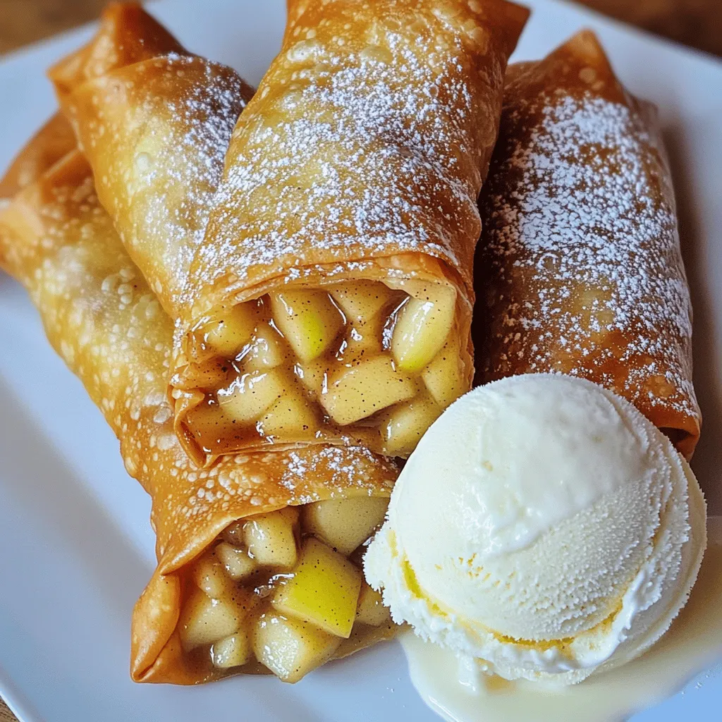 - 2 large apples (preferably Granny Smith or Honeycrisp), peeled and diced - 1 tablespoon fresh lemon juice - 1/4 cup packed brown sugar - 1 teaspoon ground cinnamon - 1/4 teaspoon ground nutmeg - 1 tablespoon cornstarch - 12 egg roll wrappers - Oil for frying (vegetable or canola) - Powdered sugar for dusting (optional) - Vanilla ice cream for serving (optional) To create the best Apple Pie Egg Rolls, gather fresh ingredients first. I always prefer Granny Smith or Honeycrisp apples. They taste great and keep their shape when cooked. Next, lemon juice adds a nice zing and keeps apples bright. Brown sugar gives sweetness, while cinnamon and nutmeg add warmth and spice. Cornstarch helps thicken the filling. This keeps it from leaking out while frying. For the wraps, use egg roll wrappers that are easy to find at most stores. You will also need oil for frying. Vegetable or canola oil works best. Finally, consider optional toppings. A light dusting of powdered sugar adds charm. Pairing with vanilla ice cream creates a delightful contrast. The warm egg rolls and cold ice cream work wonders together. These ingredients come together to make a crispy and delicious treat! To start, mix the diced apples in a bowl with lemon juice, brown sugar, cinnamon, nutmeg, and cornstarch. This mix brings out the best flavor. The lemon juice keeps the apples from browning and adds a nice zing. Stir well to coat each apple piece evenly. This step is key for tasty bites. To avoid a mess, use a spoon to scoop the filling gently. You want all the apples covered, but not spilling over. Now it’s time to fill the egg rolls. Take one wrapper and place a generous spoonful of the apple filling in the center. Don’t add too much; you want it to roll up without bursting. Fold the bottom corner over the filling first. Next, fold in the sides tightly. Then, roll it away from you until it’s a tight roll. To seal it, use a little water on the edge. This helps it stay closed while frying. Repeat this with the rest of your wrappers and filling. For frying, heat oil in a large skillet over medium-high heat. You want the oil to shimmer before adding the egg rolls. Fry them in batches so the pan isn’t crowded. This helps them cook evenly. Fry each side for about 3-4 minutes, or until they turn golden brown and crispy. Use a slotted spoon to take them out and place them on paper towels. This helps remove excess oil and keeps them crunchy. If you want, dust them lightly with powdered sugar for extra sweetness. Enjoy while warm! To make the best apple pie egg rolls, avoid overfilling. If you add too much filling, the rolls may burst while frying. Use a generous spoonful, but not too much. When rolling, start from the bottom. Fold in the sides tightly and roll towards the top. Use a little water to seal the edge well. For even cooking, heat your oil to the right temperature. If it's too low, the rolls will soak up oil. If it's too high, they will burn before cooking through. Aim for medium-high heat. Fry in batches so the pan does not get crowded. This helps each roll cook evenly. Apple pie egg rolls taste great with dips. Caramel sauce or hot fudge pairs perfectly. You can also serve them with a scoop of vanilla ice cream. It adds a nice contrast to the warm egg rolls. For a pretty touch, sprinkle cinnamon on top. To store leftovers, place them in an airtight container. Keep them in the fridge for up to three days. When you want to enjoy them again, reheat in the oven. Set it to 350°F (175°C) for about 10 minutes. This helps keep the rolls crispy. Avoid using the microwave, as it can make them soggy. {{image_4}} You can use many fruits in your apple pie egg rolls. Pears, peaches, or berries work great too. Mixing apples with these fruits adds unique flavors. You can also try spices like ginger or cardamom for a twist. If you want gluten-free options, use rice paper or gluten-free wrappers. For low-sugar versions, swap brown sugar with a sweetener like stevia or monk fruit. This way, you keep the sweetness without the extra sugar. You can bake your apple pie egg rolls if you prefer a healthier option. Preheat your oven to 400°F. Place the egg rolls on a baking sheet lined with parchment paper. Brush them lightly with oil for a crisp finish. Bake for 15 to 20 minutes, flipping halfway through. They will be golden and crunchy. Fried egg rolls are crispier with a more indulgent flavor. The hot oil creates a wonderful crunch. While baked rolls are lighter, fried ones offer a richer taste. Both methods give you a tasty treat. Get creative with toppings for your egg rolls. Drizzle caramel or chocolate sauce on top for extra sweetness. A sprinkle of cinnamon adds a nice touch. You can also serve them with ice cream, whipped cream, or yogurt. Try adding a scoop of vanilla ice cream beside the warm egg rolls. The hot and cold contrast is delightful. For a fun twist, try adding crushed nuts or coconut flakes on top. These personal touches make your dish unique and special. This recipe makes crispy and delicious apple pie egg rolls. Here’s what you need: - 2 large apples (preferably Granny Smith or Honeycrisp), peeled and diced - 1 tablespoon fresh lemon juice - 1/4 cup packed brown sugar - 1 teaspoon ground cinnamon - 1/4 teaspoon ground nutmeg - 1 tablespoon cornstarch - 12 egg roll wrappers - Oil for frying (vegetable or canola) - Powdered sugar for dusting (optional) - Vanilla ice cream for serving (optional) Instructions: 1. In a medium bowl, mix diced apples with lemon juice, brown sugar, cinnamon, nutmeg, and cornstarch. Stir well to coat all apple pieces evenly. 2. Take one egg roll wrapper. Place a spoonful of apple filling in the center. Don’t overfill, or it may burst while frying. 3. To seal it, fold the bottom corner over the filling. Fold in the sides tightly. Roll it away from you until it forms a tight roll. Use a dab of water to seal the edge securely. Repeat for the rest. 4. Heat oil in a large skillet over medium-high heat. Once it shimmers, add the egg rolls in batches. Fry them until golden brown and crispy, about 3-4 minutes on each side. 5. Use a slotted spoon to remove the egg rolls. Place them on paper towels to absorb excess oil. This keeps them crispy. 6. If you like, dust warm egg rolls with powdered sugar. Serve them hot with a scoop of vanilla ice cream. The warm filling and cold ice cream make a great mix! [Click here to print or save the recipe for later!](#) Each apple pie egg roll has about 200 calories. They have sugars from the apples and brown sugar. If you want a healthier version, try using less sugar or a sugar substitute. You can also use whole-wheat wrappers for more fiber. Use Granny Smith or Honeycrisp apples for the best taste. They give a nice mix of sweet and tart. Granny Smith apples stay firm when cooked, while Honeycrisp adds extra sweetness. Both varieties hold up well in the filling and create a great texture. Yes, you can prep the filling a day ahead. Store it in the fridge to keep it fresh. You can also roll the egg rolls and keep them covered in the fridge. Just fry them right before you serve to keep them crispy. Look for a golden brown color on the egg rolls. This usually takes about 3-4 minutes per side. The egg rolls should feel crispy and firm. If they are soft, they need more time in the oil. In this blog post, we explored how to make delicious apple pie egg rolls. We covered the right ingredients, step-by-step instructions, and helpful tips to get the best results. I shared variations, storage tips, and serving ideas to make your dish even better. With these guidelines, you can enjoy a tasty treat that everyone will love. Get ready to impress your friends and family with your cooking skills!