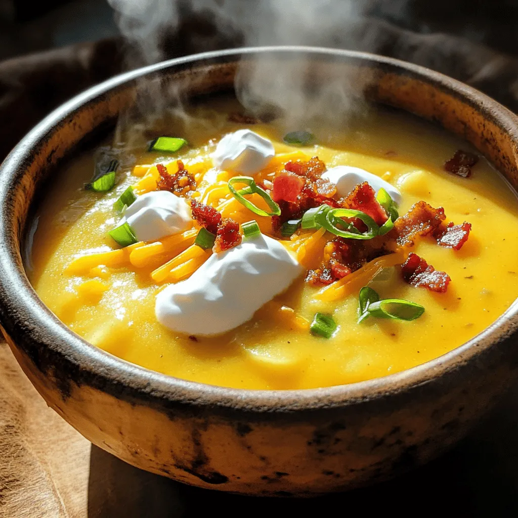 To make this cozy Crock Pot Crack Potato Soup, you need the following ingredients: - 6 medium russet potatoes, peeled and diced into 1-inch cubes - 1 small onion, finely chopped - 3 cloves garlic, minced - 4 cups chicken broth (or vegetable broth for a vegetarian option) - 1 cup cream cheese, softened to room temperature - 1 cup shredded sharp cheddar cheese - 1 cup sour cream - 1 tablespoon dried chives - 1 teaspoon garlic powder - 1 teaspoon onion powder - Salt and freshly ground black pepper to taste - Optional toppings: crispy bacon bits, sliced green onions, additional shredded cheese These ingredients blend together to create a rich and creamy bowl of comfort. The potatoes form the base, while the cream cheese and cheddar add depth. Garlic and onion bring out the flavors, making each bite delightful. You can even customize it with toppings like crispy bacon or green onions. Enjoy the flexibility in this recipe! 1. Layering ingredients in the crock pot Start by peeling and dicing the russet potatoes into 1-inch cubes. In your crock pot, layer the diced potatoes first. Next, add the finely chopped onion and minced garlic on top. 2. Adding broth and seasonings Pour in 4 cups of chicken broth. This will cover the ingredients. Then, sprinkle in the garlic powder, onion powder, salt, and black pepper. Stir gently to mix everything well. 3. Cooking times for low and high settings Cover the crock pot. Set it to low for 6-7 hours or high for 3-4 hours. The potatoes should become tender and easy to pierce with a fork. 1. Techniques for mashing potatoes Once cooked, use a potato masher for a chunky texture. For a smooth soup, try an immersion blender. Decide how creamy you want it. 2. Incorporating cream cheese, cheddar cheese, and sour cream Gradually add 1 cup of softened cream cheese. Mix until it melts into the soup. Then, stir in 1 cup of shredded cheddar cheese and 1 cup of sour cream. Keep mixing until everything is silky and smooth. 1. Taste testing and adjusting seasoning Now, taste your soup. If it needs more flavor, add more salt and pepper. Adjust to your liking for the best taste. 2. Serving suggestions and presentation Serve the soup hot. Let everyone add their favorite toppings. Offer crispy bacon bits, sliced green onions, and extra cheese for a fun touch. - Best potato varieties for soup: I like to use russet potatoes. They give a creamy texture. Yukon Gold is another great choice for a buttery taste. Avoid waxy potatoes like red potatoes. They do not break down well in soups. - How to achieve the desired consistency: For a smooth soup, use a potato masher or immersion blender. If you prefer chunks, mash only half of the potatoes. This mix gives a nice texture. - Creative topping ideas and variations: Top your soup with crispy bacon bits for crunch. Sliced green onions add freshness. You can also sprinkle more cheese on top. Try adding a dollop of sour cream for extra creaminess. - Pairing suggestions with sides or bread: Serve with warm crusty bread or grilled cheese. A simple salad also makes a great side. This adds color and freshness to your meal. - Recommendations for crock pot settings: Use low for a long cook, about 6-7 hours. If you're short on time, high for 3-4 hours works well. Both settings give you tender potatoes. - Maintenance tips for prolonged use: Clean your crock pot after each use. Use warm, soapy water and a soft sponge. Avoid harsh scrubbers to keep the non-stick surface safe. Regular care helps your slow cooker last longer. {{image_4}} You can easily make this soup vegetarian. Start by swapping out the chicken broth for vegetable broth. This keeps the flavor rich and full. You can also add more veggies like carrots or celery for extra taste. Mushrooms can add a nice umami flavor as well. For a creamier soup, try using different cheeses. You can use gouda or cream cheese for a smooth texture. If you want a dairy-free version, look for vegan cream cheese or coconut cream. Both will give a nice creamy feel without dairy. Spices can really boost the flavor of your soup. Try adding a pinch of smoked paprika or cayenne pepper for heat. Fresh herbs like parsley or thyme can brighten the dish. You can also mix in some crispy bacon bits or green onions on top for extra crunch. To cool and store leftovers, let the soup sit until it reaches room temperature. Then, spoon it into airtight containers. This keeps the soup fresh. Use glass or BPA-free plastic containers for the best results. Make sure to leave some space at the top. The soup may expand when frozen. For reheating, use a pot on the stove or the microwave. If using the stove, warm it over low heat. Stir often to keep it from sticking. In the microwave, heat in short bursts, stirring in between. This helps maintain texture and flavor. Add a splash of broth if it seems too thick. You can freeze soup before or after cooking. To freeze before cooking, put all your ingredients in a freezer-safe bag. When ready, thaw in the fridge overnight and cook as usual. To freeze after cooking, let the soup cool first. For thawing, place in the fridge overnight or use the microwave. Reheat gently to enjoy the creamy goodness again. Yes, you can make this soup ahead of time. To prepare it in advance, follow the recipe until you add the cream cheese, cheddar cheese, and sour cream. Let the soup cool before placing it in an airtight container. Store it in the fridge for up to three days. When you are ready to eat, reheat it on the stove or in the microwave. Stir well to mix the ingredients back together. If it seems too thick, add a little chicken broth or water to thin it. Yes, this soup can be gluten-free. The main ingredients like potatoes, cream cheese, and cheese are gluten-free. However, be cautious with the chicken broth. Some brands may use gluten as a thickener. Always check the label to be sure. If you want to be safe, use vegetable broth, which is usually gluten-free. To add heat to this soup, try these simple methods: - Mix in some diced jalapeños or serrano peppers. - Add a teaspoon of red pepper flakes for a kick. - Stir in hot sauce to taste while cooking. - Top the soup with spicy bacon bits or seasoned croutons for extra flavor. These ideas will give your soup a nice spice without losing its creamy goodness. This blog post covered how to make a tasty potato soup in a slow cooker. We listed key ingredients and shared step-by-step instructions. You learned cooking tips and creative topping ideas. We also explored variations for different diets and how to store leftovers properly. Now, get ready to enjoy a warm bowl of this soup. Customize it to fit your taste, and share it with family and friends. You’ll impress everyone with your cooking skills. Happy cooking!