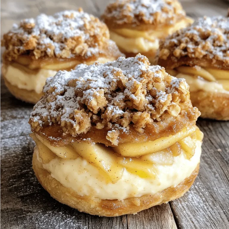 To make Apple Cheesecake Crumble Buns, you need these ingredients: - 2 cups all-purpose flour - 1/4 cup granulated sugar - 1 tablespoon baking powder - 1/2 teaspoon salt - 1/2 cup unsalted butter, softened - 2/3 cup milk - 1 large egg - 1 teaspoon pure vanilla extract - 2 cups Granny Smith apples, peeled and diced - 1 teaspoon ground cinnamon - 1/2 cup cream cheese, softened - 1/4 cup powdered sugar - 1/2 teaspoon fresh lemon juice - 1/4 cup rolled oats - 1/4 cup brown sugar, packed - 1 tablespoon butter, melted Choosing the best ingredients makes a big difference. Here are some tips: - Fresh Apples: Use Granny Smith apples. They are tart and perfect for baking. - Butter: Use unsalted butter to control the salt flavor. - Cream Cheese: Buy full-fat cream cheese for a rich, creamy filling. - Flour: All-purpose flour works well, but check for freshness. - Spices: Use fresh ground cinnamon for the best flavor. You can swap ingredients if needed. Here are some easy substitutes: - Flour: Use whole wheat flour for a healthier option. - Butter: Coconut oil works well for a dairy-free option. - Milk: Almond milk or oat milk can replace regular milk. - Cream Cheese: Vegan cream cheese is a great dairy-free choice. - Sugar: Use honey or maple syrup for a natural sweetener. Start by preheating your oven to 350°F (175°C). This helps the buns bake evenly. Next, get your muffin tin ready. Grease each cup with butter or use paper liners. This makes it easier to take the buns out later. In a large bowl, combine 2 cups of all-purpose flour, 1/4 cup granulated sugar, 1 tablespoon baking powder, and 1/2 teaspoon salt. Mix these well. Now, add 1/2 cup of softened unsalted butter. Use your fingers or a pastry blender to blend until it looks like coarse crumbs. In a separate bowl, whisk together 2/3 cup milk, 1 large egg, and 1 teaspoon vanilla extract. Pour this into the flour mix. Stir gently until combined. Do not overmix! For the apple filling, take 2 cups of diced Granny Smith apples. Toss them with 1 teaspoon ground cinnamon in a medium bowl. This adds great flavor. Set this aside. For the cheesecake mix, in another bowl, blend 1/2 cup softened cream cheese, 1/4 cup powdered sugar, and 1/2 teaspoon fresh lemon juice. Use a hand mixer or a whisk until smooth and creamy. Now it’s time to build your buns. For each one, scoop about 1 tablespoon of dough into a muffin cup. Press it down to form a base. Add a spoonful of the cheesecake mix on top. Then, add a generous spoonful of the cinnamon apple filling. Finally, add another tablespoon of dough on top to seal it in. This keeps everything tasty and together. To make your buns light and fluffy, focus on the dough. First, use fresh ingredients. Check your baking powder; it should be active. Mix the dry and wet ingredients until just combined. Overmixing can lead to dense buns. When you scoop the dough, don’t pack it tightly. This keeps air in and helps the buns rise. One common mistake is skipping the cooling time. Let the buns cool for 10 minutes in the tin. This helps them hold their shape. Another mistake is not measuring the apples correctly. Too many apples can make the buns soggy. Lastly, avoid opening the oven too early. This can cause the buns to deflate. For the best bake, place your muffin tin in the center of the oven. This ensures even heat. Keep an eye on the buns during the last few minutes. They should be golden brown. When serving, dust with powdered sugar for a nice touch. Arrange on a pretty plate with apple slices for flair. Enjoy your delicious creation! {{image_4}} You can change the fruit in these buns. Try pears or peaches for a twist. Berries also work well. Just chop them up and toss them with the cinnamon. The fruit will add nice flavor and color. Mix and match to find your favorite combo. If you prefer less sweetness, cut back on the sugar. Use half the amount of granulated sugar in the dough. You can also reduce the powdered sugar in the cheesecake mix. Taste as you go to find your perfect level of sweetness. You can always add more sugar later if needed. For a gluten-free option, swap all-purpose flour with a gluten-free blend. Make sure your baking powder is gluten-free too. To create a vegan recipe, use plant-based butter and non-dairy milk. Replace the egg with a flax egg or applesauce. These swaps keep the buns tasty and suitable for everyone. To keep your apple cheesecake crumble buns fresh, place them in an airtight container. This helps prevent them from drying out. You can store them at room temperature for up to two days. If you want to keep them longer, refrigerate them. Just make sure they are well-sealed to avoid any moisture loss. When you’re ready to enjoy your leftover buns, reheating is key. Preheat your oven to 350°F (175°C). Place the buns on a baking sheet lined with parchment paper. Heat them for about 10 minutes, or until they are warm all the way through. This keeps the crust crisp and the filling gooey. You can also use a microwave for quick reheating, but this may make the buns softer. If you want to save your buns for later, freezing is a great choice. Let the buns cool completely before freezing. Wrap each bun tightly in plastic wrap, then place them in a freezer bag. They can last up to three months in the freezer. When you're ready to eat, thaw them in the fridge overnight and reheat as described above. Enjoy the fresh taste even after some time! Yes, you can make these buns ahead of time. You can prepare the dough and fillings a day before. Store them in the fridge until needed. Just assemble and bake when you are ready to enjoy them. The best way to serve these buns is warm. You can dust them with powdered sugar for a nice touch. Pair them with a scoop of vanilla ice cream for an extra treat. Fresh apple slices on the side add color and crunch. You can find the full recipe right here in this article. Just scroll back to the recipe section for all the details. It has everything you need, from ingredients to step-by-step instructions. You can easily customize these buns to your taste. Try adding nuts like walnuts or pecans for crunch. You can also swap Granny Smith apples for other apples, like Honeycrisp. For a twist, add a pinch of nutmeg or allspice to the apple filling. You learned how to make apple cheesecake crumble buns from scratch. We covered key ingredients, tips for cooking, and fun variations. Remember, using quality ingredients matters. A few small steps can lead to ideal results. Don't forget to store your buns well for later enjoyment. These tips should make your baking fun and easy. Enjoy your tasty treats! Happy baking!