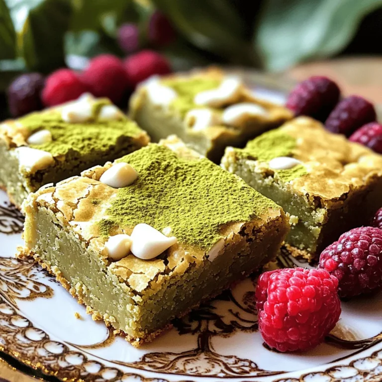 For these blondies, you will need: - 1/2 cup (1 stick) unsalted butter, melted - 1 cup packed brown sugar - 1/4 cup granulated sugar - 1 large egg - 1 teaspoon vanilla extract - 1 cup all-purpose flour - 1 tablespoon matcha powder - 1/2 teaspoon baking powder - 1/4 teaspoon salt - 1 cup white chocolate chips These ingredients work together to create a soft, chewy treat. The matcha gives a lovely green color and adds a unique flavor. You can add some extra fun to your blondies. Consider these options: - Chopped nuts like walnuts or macadamia nuts - Dried fruits such as cranberries or cherries - A pinch of sea salt on top for a sweet-salty bite These add-ins can change the flavor and texture, making each batch special. To make your baking easy, gather these tools: - 8-inch square baking pan - Parchment paper for lining - Mixing bowls for wet and dry ingredients - Whisk for mixing - Spatula for smoothing the batter Having the right equipment will help you create perfect blondies every time. First, preheat your oven to 350°F (175°C). This helps the blondies bake evenly. Next, get an 8-inch square baking pan. Line it with parchment paper. Leave some paper hanging over the sides. This makes it easy to lift the blondies out later. In a large mixing bowl, melt the butter. Add 1 cup of brown sugar and 1/4 cup of granulated sugar. Whisk these together until smooth. This creates a rich base for your blondies. Now, crack in 1 large egg and add 1 teaspoon of vanilla extract. Keep whisking until everything is well blended. This step makes sure the egg mixes fully into the batter. In another bowl, sift together 1 cup of all-purpose flour, 1 tablespoon of matcha powder, 1/2 teaspoon of baking powder, and 1/4 teaspoon of salt. This helps spread the matcha flavor evenly. Gradually fold these dry ingredients into your wet mixture. Stir gently until just combined. Do not overmix! This keeps your blondies soft and tender. Now it’s time for the fun part! Gently fold in 1 cup of white chocolate chips. Make sure they are evenly spread throughout the batter. Each bite will be a sweet surprise. Pour the batter into your prepared pan. Use a spatula to smooth the top. Bake the blondies in the oven for 20-25 minutes. Check them when the edges are golden. Insert a toothpick in the center; it should come out with a few moist crumbs. Once done, let them cool in the pan for 10 minutes. Carefully lift them out using the parchment paper. Place them on a wire rack to cool completely. Cut into 16 squares when ready to enjoy! To get the best blondie texture, follow these steps: - Use melted butter. This helps create a chewy and moist base. - Don’t overmix. When you add the dry ingredients, mix just until combined. This keeps the blondies tender. - Check for doneness. Bake until the edges are golden, and a toothpick shows a few moist crumbs. If your blondies do not turn out as expected, here are some tips: - Blondies are dry. You may have overbaked them. Keep an eye on the timer. - Blondies are too gooey. They might need more baking time. Test with a toothpick. - Blondies are crumbly. Ensure you used enough butter and did not overmix. Make your blondies look and taste even better with these ideas: - Serve on a nice plate. A decorative plate enhances the dessert’s appeal. - Dust with matcha powder. This adds color and a hint of flavor on top. - Add fresh berries. Arrange some next to the blondies for a fresh burst of flavor. {{image_4}} You can make these blondies gluten-free! Use a gluten-free all-purpose flour blend instead of regular flour. This swap keeps the texture light and fluffy. Just check the blend has xanthan gum to help bind the ingredients. The rest of the recipe remains the same, so you still get that tasty matcha and sweet white chocolate mix. To create vegan matcha blondies, replace the egg with a flax egg. Mix one tablespoon of flaxseed meal with three tablespoons of water. Let it sit for five minutes to thicken. For the butter, use coconut oil or a vegan butter alternative. This keeps the blondies rich and delicious without any animal products. Want to switch things up? You can add different chips for more flavor. Try dark chocolate or even mint chips for a fresh twist. You can also mix in nuts like walnuts or macadamia nuts for crunch. Just fold them in with the white chocolate chips. This makes each bite even more exciting and unique! To keep your matcha white chocolate blondies fresh, use an airtight container. Place a piece of parchment paper between layers to avoid sticking. Store them at room temperature for up to three days. If you want them to last longer, put them in the fridge for up to one week. To enjoy warm blondies again, preheat your oven to 350°F (175°C). Place the blondies on a baking sheet. Heat them for about 5-10 minutes until warm. You can also use a microwave. Place a single blondie on a plate and heat it for 10-15 seconds. This will bring back their soft texture. If you want to store blondies for months, freezing is a great option. Cut them into squares first. Wrap each square tightly in plastic wrap. Then, place them in a freezer bag or container. This keeps them fresh for up to three months. When ready to eat, thaw them in the fridge overnight or at room temperature for a few hours. Matcha white chocolate blondies last about five days at room temperature. Store them in an airtight container. If you keep them in the fridge, they can last up to a week. However, the best taste comes when they are fresh. Yes, you can use other types of chocolate. Dark chocolate or milk chocolate can work well. Simply swap out the white chocolate chips for your favorite type. This will change the flavor, but it can be just as tasty. To cut blondies neatly, let them cool first. Use a sharp knife and cut straight down. Wipe the knife with a damp cloth between cuts. This keeps the edges clean and neat, making your blondies look great. You can make blondies without eggs. Use a flax egg or applesauce as a substitute. Mix one tablespoon of ground flaxseed with three tablespoons of water for a flax egg. Let it sit for five minutes to thicken. This will help the blondies stay moist and tasty. In this post, we explored how to make delicious matcha white chocolate blondies. We covered basic and optional ingredients, necessary equipment, and provided step-by-step baking instructions. I shared helpful tips for achieving the perfect texture and suggested variations like gluten-free and vegan options. Lastly, we discussed storage and answered common questions. Enjoy creating these treats and impress everyone with your baking skills!