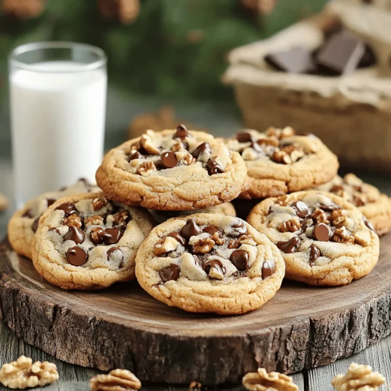 To make chewy chocolate chip cookies, gather these main ingredients: - 2 ¼ cups all-purpose flour - 1 teaspoon baking soda - ½ teaspoon salt - 1 cup unsalted butter, softened - ¾ cup brown sugar, tightly packed - ¾ cup granulated sugar - 1 teaspoon vanilla extract - 2 large eggs, at room temperature - 2 cups semi-sweet chocolate chips These ingredients work together to create a soft and chewy texture. The butter adds richness, while the sugars give sweetness and moisture. The eggs help bind everything and create a nice structure. You can customize your cookies with these optional ingredients: - ½ cup finely chopped walnuts Adding walnuts gives a nice crunch and depth of flavor. You can also try other nuts or even dried fruit for a fun twist. For the best flavor, I recommend using semi-sweet chocolate chips. They balance sweetness and rich chocolate taste. You can also experiment with dark chocolate or milk chocolate chips. Each type brings its own unique flavor. If you want a fun mix, try using a blend of different chocolate chips. Start by preheating your oven to 350°F (175°C). This is important for even baking. Next, prepare two baking sheets. Line them with parchment paper. This step helps the cookies not to stick. In a medium bowl, whisk together the all-purpose flour, baking soda, and salt. Mix until well combined. This mixture adds structure to your cookies. Set this bowl aside for now. In a large mixing bowl, use an electric mixer. Cream the softened butter, brown sugar, and granulated sugar together. Beat on medium speed for 2-3 minutes. You want it to be light and fluffy. Add the vanilla extract to the butter mixture. Then, add the eggs one by one. Mix well after each egg. This creates a smooth batter. Gradually add the flour mixture into the wet ingredients. Mix on low speed until just combined. Avoid overmixing. This keeps your cookies chewy and tender. Use a cookie scoop or a tablespoon. Place rounded balls of dough on the prepared sheets. Leave about 2 inches between each ball. This allows space for spreading. Bake for 10-12 minutes. Look for golden edges and slightly underbaked centers. After baking, take the cookies out of the oven. Let them cool on the baking sheet for 5 minutes. Then, transfer them to a wire rack. Allow them to cool completely for the best texture. To get that chewy texture in your cookies, use the right ingredients. Start with unsalted butter that’s soft but not melted. Mixing the butter with brown sugar adds moisture. This helps create softness. Avoid overmixing the dough when you add flour. This keeps the cookies from being tough. Bake them until just golden at the edges. The centers should look a bit underbaked. They will finish cooking as they cool. One big mistake is using cold ingredients. Cold butter and eggs can lead to uneven mixing. Always let them sit out for a bit. Another error is overbaking the cookies. Keep a close eye on them. Take them out when they look slightly underdone. Lastly, don’t skip the cooling step. Letting them rest helps lock in the chewy texture. Using room temperature ingredients is key. It makes mixing easier and faster. Cold eggs and butter can create lumps in the dough. Set these items out for about 30 minutes before baking. This simple step ensures a smooth and creamy batter. Plus, it helps the cookies rise well. Room temperature ingredients lead to soft and chewy cookies every time. {{image_4}} If you want nut-free cookies, just skip the walnuts. Your cookies will still taste amazing. You can also use a nut-free butter alternative if you like. Sunflower seed butter is a great choice. It adds a nice flavor without any nuts. Feel free to get creative! You can add dried fruit like cranberries or apricots. These fruits add a sweet and chewy texture. Coconut flakes are also a fun choice. They give a tropical flavor that makes cookies special. Just remember to keep the total mix-ins at about 2.5 cups. This keeps the dough balanced and tasty. If you prefer less sweetness, you can cut the sugars. Try using ½ cup of brown sugar and ½ cup of granulated sugar. You can also swap some sugar for unsweetened cocoa powder. This gives a rich flavor without extra sweetness. Taste the dough first to ensure it meets your preference before baking. To keep your chewy chocolate chip cookies fresh, store them in an airtight container. Place a piece of bread in the container. This helps keep the cookies soft. Make sure to let the cookies cool completely before storing them. If you stack them while warm, they might stick together. Freezing cookies is a great way to save some for later. First, let the cookies cool to room temperature. Next, place them in a single layer on a baking sheet. Freeze them for about an hour. Once they are firm, transfer them to a freezer bag. Squeeze out the air and seal it tight. They can last up to three months in the freezer. For the best cookie storage, choose the right container. Use glass jars, plastic containers, or resealable bags. Glass jars keep cookies visible and fresh. Plastic containers are easy to stack and store. Resealable bags save space and keep out air. Whichever you choose, ensure it seals well to keep your cookies tasty and chewy. Yes, you can use salted butter! Just skip the added salt in the recipe. Salted butter adds flavor, but it may change the taste slightly. Unsalted butter allows you to control the salt better. I prefer unsalted for precise flavor control. To make cookies thicker, try these tips: - Add more flour: Increase the flour by ¼ cup. - Chill the dough: Let the dough rest in the fridge for at least 30 minutes. - Use less sugar: Cut the sugar by 2 tablespoons to reduce spread. - Bake longer: Extend baking time by a minute or two. These changes help create a thicker cookie that holds its shape. Reheat cookies in the oven for the best results. Preheat to 300°F (150°C). Place cookies on a baking sheet for about 5 minutes. This method keeps them soft. You can also use the microwave. Heat each cookie for 10-15 seconds. But be careful, as microwaving can make them tough. Enjoy your warm, chewy cookies! Chewy chocolate chip cookies are easy to make with great ingredients and simple steps. We covered how to choose the right chocolate chips and ways to add fun mix-ins. I shared tips for a chewy texture and how to avoid mistakes. Storing cookies properly helps keep them fresh. For any questions, answers are included in the FAQs. With this guide, you can bake perfect cookies every time. Enjoy your baking!