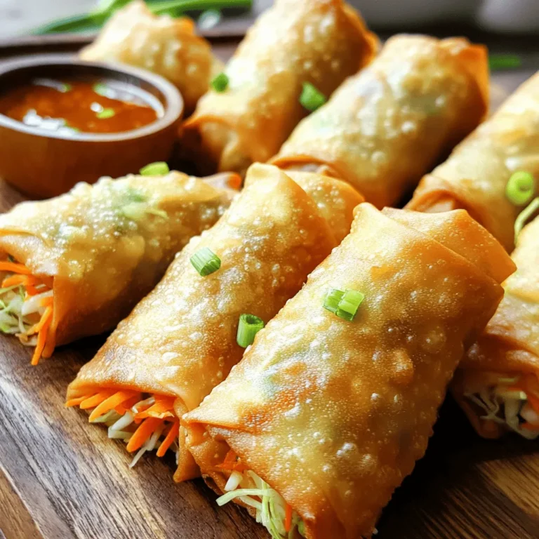 To make tasty golden brown egg rolls, you need a few key ingredients. Here’s what you will need: - 1 cup shredded green cabbage - 1 cup shredded carrots - 1/2 cup bean sprouts, rinsed and drained - 1/2 cup cooked chicken, finely chopped (substitute with tofu for a vegetarian option) - 3 green onions, finely sliced - 2 cloves garlic, minced - 1 tablespoon fresh ginger, grated - 2 tablespoons soy sauce - 1 tablespoon sesame oil - 1 teaspoon salt - 1/2 teaspoon freshly ground black pepper - 1 package (usually about 12) egg roll wrappers - Vegetable oil for frying These ingredients create a crunchy and flavorful filling. Each bite will be a delight. You can customize your egg rolls for different diets. If you want a vegetarian version, simply swap chicken for tofu. You can also use other vegetables like bell peppers or mushrooms. If you are gluten-free, search for gluten-free egg roll wrappers. This way, everyone can enjoy these delicious rolls. The best oil for frying egg rolls is vegetable oil. It has a high smoke point and won’t affect the flavor. You can also use peanut oil for a nutty taste. Avoid oils with strong flavors, like olive oil, as they can change the taste of the egg rolls. Heat the oil until it shimmers for perfect frying. Start by heating sesame oil in a large skillet over medium heat. Add minced garlic and grated ginger. Sauté for about one minute until you smell the aroma. Be careful not to burn them. Next, add the shredded cabbage, carrots, and bean sprouts. Stir-fry the veggies for about five minutes. You want them tender but still a bit crunchy. Now, mix in the chopped chicken or tofu and sliced green onions. Pour in the soy sauce, and sprinkle salt and black pepper. Stir well to combine. Cook for another two to three minutes. Once all the flavors blend, remove the skillet from the heat. Let the filling cool slightly before you wrap it. For that perfect golden brown color, temperature is key. Heat vegetable oil in a large pot or deep skillet over medium-high heat. The oil should shimmer but not smoke. Carefully place the egg rolls in batches into the hot oil. Fry each side for about three to four minutes. You want them crispy and golden. If the oil is too hot, the rolls can burn, so keep an eye on them. Once they are cooked, transfer the egg rolls to a plate lined with paper towels. This step helps absorb excess oil and keeps them crispy. I recommend watching a video for visual guidance. Seeing the folding technique helps a lot. You can find many great cooking videos online that show how to roll egg rolls perfectly. Follow along and try to replicate the steps. This way, you can master the art of making golden brown egg rolls at home! Frying egg rolls can be easy if you follow a few steps. First, heat your vegetable oil in a large pot or deep skillet. You want the oil to shimmer but not smoke. A good temperature is around 350°F. Test the oil by dropping in a small piece of wrapper. If it sizzles, you are ready. Fry the egg rolls in small batches. This keeps the oil hot and helps them cook evenly. Cook each side for about 3-4 minutes. Look for that golden brown color before removing them. Use tongs to turn them gently. This helps avoid splashes and keeps them intact. To drain excess oil, place the fried rolls on a plate lined with paper towels. This keeps them crispy and not greasy. If you have leftover egg rolls, store them in an airtight container. Keep them in the fridge for up to three days. To reheat, avoid the microwave. It makes them soggy. Instead, use your oven or air fryer. Preheat your oven to 375°F. Place the egg rolls on a baking sheet for about 10-15 minutes. If using an air fryer, cook them at 350°F for about 5 minutes. This helps them regain their crispiness. Many cooks make simple mistakes when frying egg rolls. A common one is overcrowding the pot. This cools the oil and makes them soggy. Always fry in small batches to keep the oil hot. Another mistake is not sealing the rolls well. If they are not sealed, the filling can leak out while frying. Use a dab of water on the edges to help seal them tightly. Lastly, avoid using too much filling. Overstuffing can cause the wrappers to tear. Stick to about 2 tablespoons of filling per roll for the best results. {{image_4}} You can easily make egg rolls vegetarian or vegan. To do this, simply swap out any meat for tofu. Tofu is great because it soaks up flavors well. Use firm tofu and press it to remove excess moisture. You can also add mushrooms for a nice umami flavor. For a vegan option, ensure the egg roll wrappers are egg-free. Many brands offer suitable wrappers. Egg rolls are fun because you can fill them with many different ingredients. Try shrimp for a seafood twist. Cook the shrimp and chop them into small pieces before mixing with veggies. You can also use beef. Cook it well and season it with garlic and soy sauce. For a lighter option, try using a mix of vegetables like bell peppers, mushrooms, and zucchini. The key is to ensure your filling is not too wet, so your egg rolls stay crispy. Serve your egg rolls with tasty dipping sauces. Sweet and sour sauce is a classic choice. It adds a nice balance to the crispy rolls. Soy sauce is another popular option. It enhances the flavors of the filling. For a bit of spice, try chili sauce or sriracha. You can also mix soy sauce with a bit of vinegar for a zesty kick. To make it fun, serve your egg rolls on a colorful platter with small bowls of different sauces. This way, everyone can pick their favorite! To keep your uncooked egg rolls fresh, wrap them well. Use plastic wrap or a zip-top bag. Store them in the fridge if you plan to use them within a day. For longer storage, freeze them. Make sure they don't touch each other to avoid sticking. This makes it easy to grab one later! When freezing, place the wrapped egg rolls in a single layer. After they freeze, you can stack them. To reheat, bake them for best results. Preheat your oven to 375°F (190°C). Place the frozen egg rolls on a baking sheet and bake for 20-25 minutes. This method keeps them crispy. Cooked egg rolls last in the fridge for about 3-5 days. Make sure to store them in an airtight container. To keep them longer, freeze them. Cooked egg rolls can last for about 3 months in the freezer. Just remember to reheat them well to enjoy their crispy goodness again! To make egg rolls crispy, use hot oil for frying. Heat vegetable oil until it shimmers. Fry the rolls in batches, avoiding overcrowding. This helps each roll cook evenly. Cook them for about 3-4 minutes on each side. The key is to keep the oil hot. If it cools down, your rolls may become soggy. Also, allow the cooked rolls to drain on paper towels. This removes excess oil and keeps them crisp. Yes, you can bake egg rolls instead of frying. Preheat your oven to 400°F (200°C). Place the rolls on a baking sheet lined with parchment paper. Brush or spray them lightly with oil. Bake for about 20-25 minutes. Turn them halfway through. This method gives a healthier option, though they may not be as crispy as fried ones. Baking is great for a lighter meal. The best dipping sauces for egg rolls include sweet and sour sauce and soy sauce. You can also try hot mustard for a spicy kick. Peanut sauce adds a rich, nutty flavor. For a twist, use hoisin sauce or a tangy vinegar-based sauce. Feel free to mix and match these sauces to find your favorite pairings. Each sauce can elevate your egg roll experience. In this post, I covered everything you need for perfect egg rolls. We explored essential ingredients, cooking steps, and care tips. I shared fun filling ideas and how to adapt for diets. Remember, frying at the right temperature helps achieve that golden brown color. Store uncooked rolls well and reheat them properly. With these tips, you can avoid common mistakes and enjoy delicious egg rolls anytime. Now, get cooking and enjoy the tasty results!