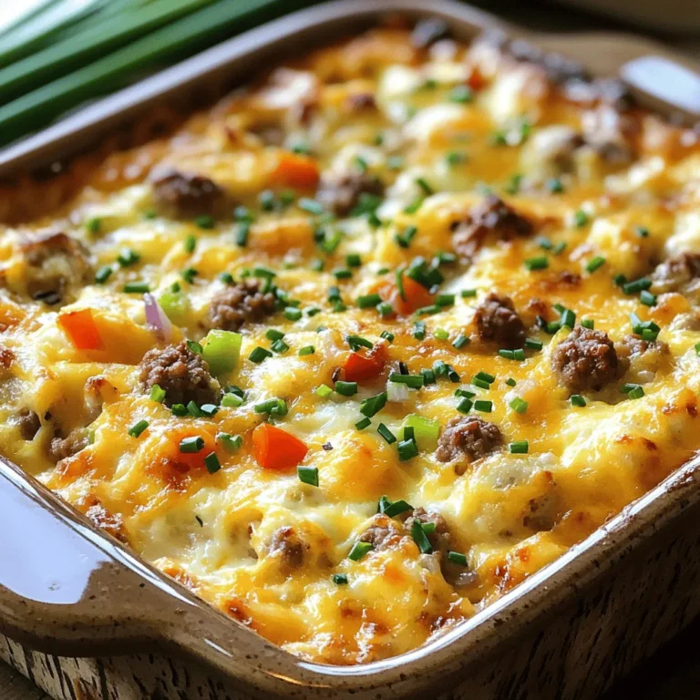 - Breakfast sausage options: You can choose mild sausage for a gentle flavor or spicy sausage for a kick. Both add great taste to the casserole. - Types of bread for ideal texture: Use day-old bread, like sourdough or ciabatta. This gives the dish a nice texture. - Recommended cheese selections: Sharp cheddar cheese works best for this recipe. It melts beautifully and adds rich flavor. - Vegetables to include: Diced bell peppers and finely diced onions add color and flavor. You can pick any color bell pepper you like. - Seasoning essentials: Garlic powder and oregano are key. Don't forget salt and pepper to taste. These seasonings bring out the best flavors. - Garnish options: Fresh chives or parsley make great garnishes. They add a pop of color and freshness to the dish. Using high-quality ingredients makes a big difference in flavor. Each choice you make adds to the overall taste and enjoyment of your sausage breakfast casserole. First, preheat your oven to 350°F (175°C). This step warms the oven for even cooking. Next, take a 9x13 inch baking dish. Lightly grease it with cooking spray or butter. This helps the casserole not stick. In a large skillet, add 1 pound of breakfast sausage. Crumble the sausage into small pieces. Cook over medium heat for about 5 to 7 minutes. Stir it occasionally until it turns brown. Once cooked, drain any excess fat. Set the sausage aside to cool a bit. Grab a large mixing bowl. Add 6 large eggs and 2 cups of milk. Use a whisk to mix them well. Add 1 teaspoon of garlic powder and 1 teaspoon of dried oregano. Also, sprinkle in some salt and pepper. Whisk until the mixture is smooth and fully combined. Now, carefully fold in 4 cups of cubed bread. Use a spatula to mix gently. You want each piece coated but not mushy. Next, stir in the cooked sausage, 1 diced bell pepper, and 1 small diced onion. Ensure everything is even in the mixture. Pour this mixture into your prepared baking dish. Spread it out so it forms an even layer. Top it with 2 cups of shredded sharp cheddar cheese. This will melt into a tasty layer on top. Place the baking dish in the oven. Bake for 30 to 35 minutes. Keep an eye on it. The eggs should be set, and the top should be golden brown. When done, take it out and let it cool for about 5 to 10 minutes. This helps it firm up. Cut into squares and serve. You can add fresh chives or parsley for a nice touch. Enjoy your hearty breakfast casserole! Using day-old bread is key. Fresh bread can make the dish soggy. Day-old bread soaks up the egg mixture well, giving a nice texture. I like using sourdough or ciabatta for their sturdy structure. To evenly distribute the ingredients, fold gently. This keeps the bread from breaking apart. Make sure every piece gets coated in the egg mixture. To boost flavor, consider adding spices like paprika or thyme. You could also try mixing in some diced jalapeños for a spicy kick. Fresh herbs like basil or parsley can brighten the dish too. When seasoning, taste the mixture before baking. Adjust salt and pepper as needed. Good seasoning makes all the difference in flavor. One common mistake is overmixing the bread in the egg mixture. This can lead to a mushy casserole. Mix just enough to combine everything. Another mistake is not letting the casserole cool before slicing. If you cut it too soon, it may fall apart. Allow it to sit for about 5-10 minutes after baking. This will help it set and hold its shape better. {{image_4}} You can easily swap the sausage for a vegetarian option. Look for plant-based sausage that gives you that same great taste. You can also try turkey sausage for a leaner choice. For cheese, cheddar is the classic pick. You might also like pepper jack for a little heat. Feta adds a nice, tangy flavor too. Want to boost the veggie power? Add spinach or mushrooms to your mix. They cook down well and add great flavor. You can spice things up with jalapeños if you like heat. Sun-dried tomatoes give a sweet and savory twist that pairs perfectly with the other ingredients. Serve your casserole with fresh fruit or a simple salad. These sides balance the richness of the dish. If you need gluten-free options, use gluten-free bread for your base. This keeps the dish tasty while meeting dietary needs. Enjoy your hearty meal with friends and family! To keep your sausage breakfast casserole fresh, store it properly. First, let it cool to room temperature. Then, cut it into squares. Place the squares in an airtight container. You can also wrap each piece in plastic wrap. This method helps keep the casserole moist. Store it in the fridge for up to 3 days. For best results, use glass or BPA-free plastic containers. Glass is great for reheating, while plastic is lightweight and easy to stack. Label your container with the date. This way, you can track how long it has been stored. If you want to save leftovers for later, freezing is a good option. First, cool the casserole completely. Cut it into individual portions. Wrap each piece tightly in plastic wrap. Then, place the wrapped pieces in a freezer-safe bag. Remove as much air as possible. This helps prevent freezer burn. You can freeze the casserole for up to 2 months. When you’re ready to eat, thaw it in the fridge overnight. Reheat it in the oven or microwave until hot. When reheating, you have two main options: the microwave or oven. The microwave is quick but may change the texture. Place a piece on a microwave-safe plate. Cover it with a damp paper towel. Heat for 1-2 minutes, checking often. For the oven, preheat to 350°F (175°C). Place the casserole in an oven-safe dish. Cover it with foil to keep it moist. Bake for about 15-20 minutes, or until hot. This method keeps the texture nice and fluffy. Enjoy your tasty breakfast again! Yes, you can make this casserole ahead. Prepare it the night before. Assemble all the ingredients in the baking dish. Cover it tightly with plastic wrap. Store it in the fridge overnight. When ready, just bake it in the morning. This saves time and makes breakfast easy. Look for a few signs to know if it's done. The eggs should be set and no longer jiggly. The top should be golden brown. You can insert a knife in the center. If it comes out clean, it’s ready to go. Let it cool for a few minutes before cutting. This casserole pairs well with many sides. Fresh fruit adds a sweet touch. You can also serve it with crispy bacon for extra flavor. A side of hash browns is great too. For drinks, try coffee or orange juice to complete the meal. This blog post covered the ins and outs of making a delicious sausage breakfast casserole. We explored key ingredients, cooking steps, tips for flavor, and variations to fit your tastes. Remember, using day-old bread and not overmixing are crucial for the perfect texture. Feel free to adjust the ingredients to suit your dietary needs. Enjoy your time in the kitchen, and don’t hesitate to experiment. You’re now ready to bake a wonderful breakfast that brings joy to your table. Happy cooking!