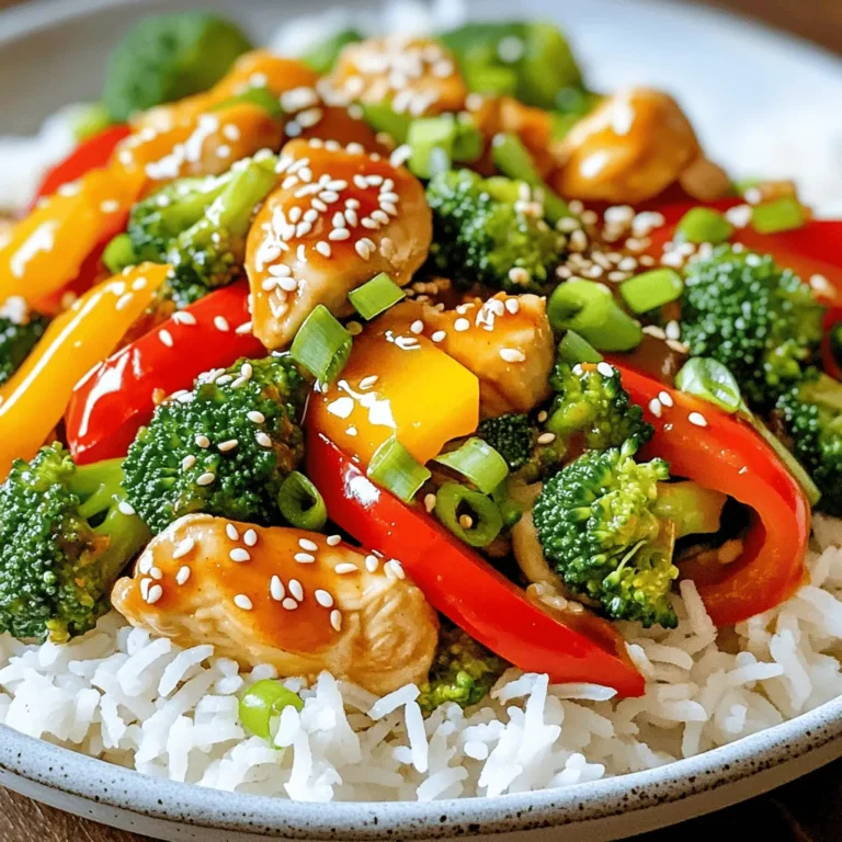 - 1 lb boneless, skinless chicken breast, thinly sliced - 2 cups mixed bell peppers (red, yellow, green), sliced into thin strips - 1 medium onion, sliced into wedges - 2 cups broccoli florets, bite-sized - 3 cloves garlic, finely minced - 1 tablespoon fresh ginger, finely minced - 1/4 cup sweet chili sauce - 2 tablespoons soy sauce - 1 tablespoon cornstarch - 2 tablespoons vegetable oil - 1 teaspoon sesame oil - Salt and pepper, to taste - Cooked jasmine rice, for serving - Sesame seeds - Chopped green onions In this dish, the main ingredients bring a mix of flavors and colors. The chicken offers protein, while the bell peppers and broccoli add crunch and nutrients. Garlic and ginger bring a fantastic aroma. Sweet chili sauce adds a nice touch of heat and sweetness. Soy sauce gives it a savory depth. The cornstarch helps the chicken crisp up nicely, making every bite delightful. When it comes to garnishes, sesame seeds and chopped green onions are not just pretty; they add texture and flavor. Using fresh ingredients makes this stir fry pop. You can adjust the amounts based on your taste. Don't be afraid to experiment a bit! To start, take your thinly sliced chicken breast and place it in a medium bowl. Sprinkle in the cornstarch. This will help make the chicken crispy. Next, add a pinch of salt and a dash of pepper. Mix well to coat each piece evenly. This coating is key for texture. Now, heat the vegetable oil in a large skillet or wok over medium-high heat. Wait until the oil shimmers; this shows it's hot enough. Carefully add the coated chicken in a single layer. Cook the chicken for about 5-7 minutes, stirring often. You want it to turn a lovely golden brown and be fully cooked. Once done, remove the chicken and set it aside on a plate. In the same skillet, add the sliced onion, bell peppers, and broccoli. Stir-fry these colorful vegetables for about 3-4 minutes. You want them to be tender but still a bit crisp. After that, add the minced garlic and ginger. Sauté for one more minute. This step fills your kitchen with a wonderful aroma. Return the cooked chicken to the skillet. Pour in the sweet chili sauce and soy sauce. Stir well to coat all the ingredients evenly. Let it cook for another 2-3 minutes over medium-low heat. This will let the flavors blend nicely and warm everything through. Drizzle the stir-fry with sesame oil for a nutty flavor. Give it a gentle stir. Taste the stir-fry and adjust with more salt and pepper if needed. This is where you make it just right for your taste. Serve this delightful stir-fry over fluffy jasmine rice. For a beautiful touch, garnish with sesame seeds and chopped green onions. This adds a fresh crunch and a burst of flavor to your meal. Enjoy your tasty creation! To make a great stir fry, heat is key. High heat helps cook the food quickly, sealing in flavors. This gives a nice sear to the chicken and veggies. Using a wok is best for stir frying. It has a round bottom that heats evenly. If you don’t have a wok, a large skillet works too. Just ensure it can handle high heat. To boost flavor, consider adding sauces. You can try hoisin sauce for a sweet twist or oyster sauce for depth. Adjust the spice level to fit your taste. If you like it hot, add red pepper flakes or chili paste. They can elevate the dish and make it exciting. Cooking in batches is smart. It helps keep the chicken and veggies crispy. If you overcrowd the pan, they will steam instead of fry. Fry the chicken first, then set it aside. Next, cook the veggies in stages. This way, each part holds its flavor and texture. Remember, patience pays off in taste! {{image_4}} You can mix and match vegetables in your stir fry. Try adding snap peas, carrots, or zucchini for extra crunch. Seasonal options like asparagus in spring or pumpkin in fall can add a unique twist to your dish. The key is to use vegetables you enjoy. Fresh and vibrant colors make your meal appealing and fun. If you want to switch the chicken, consider shrimp, beef, or tofu. Shrimp cooks quickly and tastes great with the sweet chili sauce. Beef adds a hearty flavor, while tofu gives a nice protein boost for vegetarians. Each option offers a different taste, so don’t hesitate to experiment! For a gluten-free option, use gluten-free soy sauce. This alternative works just as well in the recipe. Always check labels on sauces to avoid hidden gluten. If the sweet chili sauce has gluten, you can make your own with simple ingredients. Adjusting your sauces keeps the dish tasty for everyone. Store your sweet chili chicken stir fry in a sealed container. This keeps it fresh. You can use glass or plastic containers with tight lids. In the fridge, it stays good for about three days. To reheat, use a skillet over medium heat. This method keeps the chicken juicy. Stir often for even heating. If you want to use a microwave, place it in a microwave-safe bowl. Heat for one to two minutes, stirring halfway through. You can freeze the stir fry for later. Let it cool before putting it in a freezer-safe bag or container. Make sure to squeeze out all the air to avoid freezer burn. To thaw, place it in the fridge overnight. When ready, reheat it as mentioned above for best results. To make homemade sweet chili sauce, you need a few simple ingredients: - 1 cup sugar - 1/2 cup water - 1/4 cup rice vinegar - 2 tablespoons soy sauce - 2 tablespoons cornstarch - 1/4 cup water (for cornstarch) - 2-3 teaspoons red pepper flakes (to taste) 1. In a small pot, mix sugar, water, rice vinegar, and soy sauce. 2. Heat the mixture over medium heat until the sugar dissolves. 3. In another bowl, mix cornstarch with the extra water to form a slurry. 4. Slowly add the slurry to the pot while stirring. 5. Cook until the sauce thickens, about 2-3 minutes. 6. Add red pepper flakes for heat. Cool and store in a jar. Yes, you can use frozen vegetables. Here are the pros and cons: Pros: - Convenient and quick to use. - They are often pre-washed and cut. - They can save time in meal prep. Cons: - They may have more water, leading to a soggier stir fry. - Fresh vegetables have a better texture and flavor. - Frozen veggies may lack some nutrients compared to fresh ones. Here are some great side dish suggestions for your stir fry: - Cooked jasmine rice - Quinoa for a healthy twist - Noodles for a different texture - Steamed dumplings for added flavor - A light salad for a fresh side To add more spice, try these recommendations: - Add fresh sliced chili peppers for instant heat. - Use chili garlic sauce for a flavor boost. - Sprinkle in red pepper flakes to taste. - Try a dash of hot sauce during cooking. - Mix in Sriracha for a tangy kick. This blog covered how to make a tasty Sweet Chili Chicken Stir Fry. We looked at key ingredients, preparation steps, and useful tips to make it perfect. Remember to coat your chicken well and cook with high heat for best results. You can mix vegetables and proteins to suit your taste. Storing and reheating your stir fry correctly keeps it fresh. Use the FAQs for any extra questions. Enjoy your cooking adventures and make this dish your own!