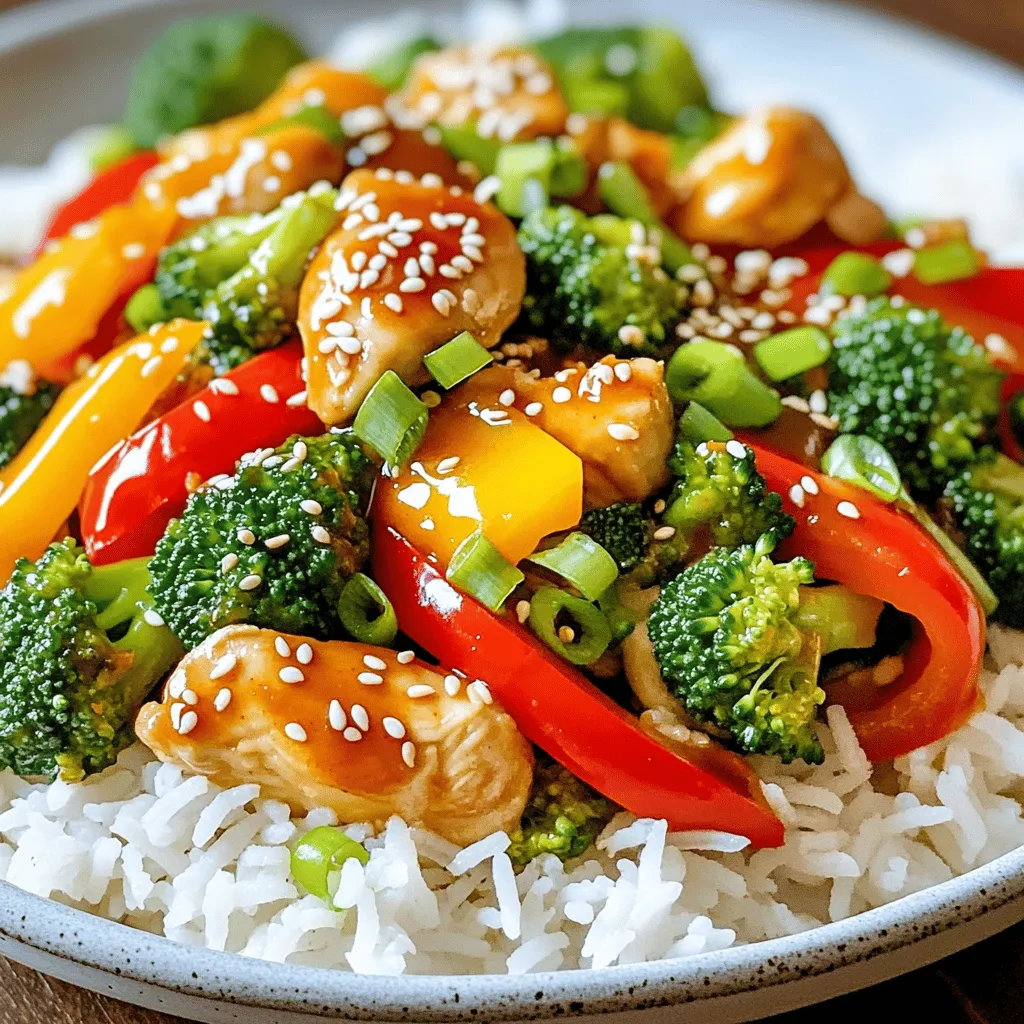 - 1 lb boneless, skinless chicken breast, thinly sliced - 2 cups mixed bell peppers (red, yellow, green), sliced into thin strips - 1 medium onion, sliced into wedges - 2 cups broccoli florets, bite-sized - 3 cloves garlic, finely minced - 1 tablespoon fresh ginger, finely minced - 1/4 cup sweet chili sauce - 2 tablespoons soy sauce - 1 tablespoon cornstarch - 2 tablespoons vegetable oil - 1 teaspoon sesame oil - Salt and pepper, to taste - Cooked jasmine rice, for serving - Sesame seeds - Chopped green onions In this dish, the main ingredients bring a mix of flavors and colors. The chicken offers protein, while the bell peppers and broccoli add crunch and nutrients. Garlic and ginger bring a fantastic aroma. Sweet chili sauce adds a nice touch of heat and sweetness. Soy sauce gives it a savory depth. The cornstarch helps the chicken crisp up nicely, making every bite delightful. When it comes to garnishes, sesame seeds and chopped green onions are not just pretty; they add texture and flavor. Using fresh ingredients makes this stir fry pop. You can adjust the amounts based on your taste. Don't be afraid to experiment a bit! To start, take your thinly sliced chicken breast and place it in a medium bowl. Sprinkle in the cornstarch. This will help make the chicken crispy. Next, add a pinch of salt and a dash of pepper. Mix well to coat each piece evenly. This coating is key for texture. Now, heat the vegetable oil in a large skillet or wok over medium-high heat. Wait until the oil shimmers; this shows it's hot enough. Carefully add the coated chicken in a single layer. Cook the chicken for about 5-7 minutes, stirring often. You want it to turn a lovely golden brown and be fully cooked. Once done, remove the chicken and set it aside on a plate. In the same skillet, add the sliced onion, bell peppers, and broccoli. Stir-fry these colorful vegetables for about 3-4 minutes. You want them to be tender but still a bit crisp. After that, add the minced garlic and ginger. Sauté for one more minute. This step fills your kitchen with a wonderful aroma. Return the cooked chicken to the skillet. Pour in the sweet chili sauce and soy sauce. Stir well to coat all the ingredients evenly. Let it cook for another 2-3 minutes over medium-low heat. This will let the flavors blend nicely and warm everything through. Drizzle the stir-fry with sesame oil for a nutty flavor. Give it a gentle stir. Taste the stir-fry and adjust with more salt and pepper if needed. This is where you make it just right for your taste. Serve this delightful stir-fry over fluffy jasmine rice. For a beautiful touch, garnish with sesame seeds and chopped green onions. This adds a fresh crunch and a burst of flavor to your meal. Enjoy your tasty creation! To make a great stir fry, heat is key. High heat helps cook the food quickly, sealing in flavors. This gives a nice sear to the chicken and veggies. Using a wok is best for stir frying. It has a round bottom that heats evenly. If you don’t have a wok, a large skillet works too. Just ensure it can handle high heat. To boost flavor, consider adding sauces. You can try hoisin sauce for a sweet twist or oyster sauce for depth. Adjust the spice level to fit your taste. If you like it hot, add red pepper flakes or chili paste. They can elevate the dish and make it exciting. Cooking in batches is smart. It helps keep the chicken and veggies crispy. If you overcrowd the pan, they will steam instead of fry. Fry the chicken first, then set it aside. Next, cook the veggies in stages. This way, each part holds its flavor and texture. Remember, patience pays off in taste! {{image_4}} You can mix and match vegetables in your stir fry. Try adding snap peas, carrots, or zucchini for extra crunch. Seasonal options like asparagus in spring or pumpkin in fall can add a unique twist to your dish. The key is to use vegetables you enjoy. Fresh and vibrant colors make your meal appealing and fun. If you want to switch the chicken, consider shrimp, beef, or tofu. Shrimp cooks quickly and tastes great with the sweet chili sauce. Beef adds a hearty flavor, while tofu gives a nice protein boost for vegetarians. Each option offers a different taste, so don’t hesitate to experiment! For a gluten-free option, use gluten-free soy sauce. This alternative works just as well in the recipe. Always check labels on sauces to avoid hidden gluten. If the sweet chili sauce has gluten, you can make your own with simple ingredients. Adjusting your sauces keeps the dish tasty for everyone. Store your sweet chili chicken stir fry in a sealed container. This keeps it fresh. You can use glass or plastic containers with tight lids. In the fridge, it stays good for about three days. To reheat, use a skillet over medium heat. This method keeps the chicken juicy. Stir often for even heating. If you want to use a microwave, place it in a microwave-safe bowl. Heat for one to two minutes, stirring halfway through. You can freeze the stir fry for later. Let it cool before putting it in a freezer-safe bag or container. Make sure to squeeze out all the air to avoid freezer burn. To thaw, place it in the fridge overnight. When ready, reheat it as mentioned above for best results. To make homemade sweet chili sauce, you need a few simple ingredients: - 1 cup sugar - 1/2 cup water - 1/4 cup rice vinegar - 2 tablespoons soy sauce - 2 tablespoons cornstarch - 1/4 cup water (for cornstarch) - 2-3 teaspoons red pepper flakes (to taste) 1. In a small pot, mix sugar, water, rice vinegar, and soy sauce. 2. Heat the mixture over medium heat until the sugar dissolves. 3. In another bowl, mix cornstarch with the extra water to form a slurry. 4. Slowly add the slurry to the pot while stirring. 5. Cook until the sauce thickens, about 2-3 minutes. 6. Add red pepper flakes for heat. Cool and store in a jar. Yes, you can use frozen vegetables. Here are the pros and cons: Pros: - Convenient and quick to use. - They are often pre-washed and cut. - They can save time in meal prep. Cons: - They may have more water, leading to a soggier stir fry. - Fresh vegetables have a better texture and flavor. - Frozen veggies may lack some nutrients compared to fresh ones. Here are some great side dish suggestions for your stir fry: - Cooked jasmine rice - Quinoa for a healthy twist - Noodles for a different texture - Steamed dumplings for added flavor - A light salad for a fresh side To add more spice, try these recommendations: - Add fresh sliced chili peppers for instant heat. - Use chili garlic sauce for a flavor boost. - Sprinkle in red pepper flakes to taste. - Try a dash of hot sauce during cooking. - Mix in Sriracha for a tangy kick. This blog covered how to make a tasty Sweet Chili Chicken Stir Fry. We looked at key ingredients, preparation steps, and useful tips to make it perfect. Remember to coat your chicken well and cook with high heat for best results. You can mix vegetables and proteins to suit your taste. Storing and reheating your stir fry correctly keeps it fresh. Use the FAQs for any extra questions. Enjoy your cooking adventures and make this dish your own!