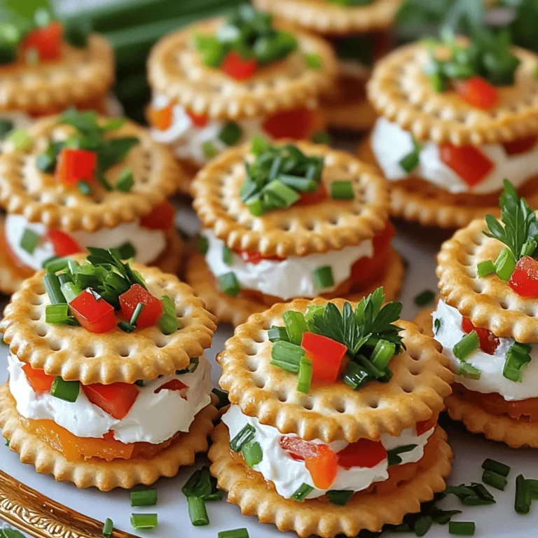 - 1 box of RITZ Crackers - 8 oz cream cheese, softened to room temperature - Sliced deli turkey or ham (optional for a heartier option) RITZ Crackers form the base of these tasty sandwiches. Their buttery flavor pairs well with every filling. Cream cheese acts as the heart of the sandwich. It adds creaminess and binds all the flavors together. For those who want more protein, you can add deli turkey or ham. This makes your bites more filling and satisfying. - 1/2 cup red bell pepper, finely diced - 1/4 cup green onions, chopped - 1/2 tsp garlic powder - 1/4 tsp cayenne pepper (optional for heat) Red bell pepper brings sweetness and crunch, while green onions add a mild sharpness. Garlic powder gives a nice depth of flavor. If you like a bit of heat, cayenne pepper is a great addition. These flavor enhancers take your sandwiches to a new level of taste. - Fresh parsley or chives, chopped, for garnish For a lovely finish, sprinkle fresh parsley or chives on top. This not only adds color but also fresh flavor. You can arrange the sandwiches on a colorful platter for a fun presentation. Consider placing a small bowl of extra herbs on the side. This gives guests the option to add more freshness if they want. Start by mixing your cream cheese and veggies. In a bowl, add 8 oz of softened cream cheese. Then, stir in 1/2 cup of finely diced red bell pepper and 1/4 cup of chopped green onions. Also, sprinkle in 1/2 tsp of garlic powder and 1/4 tsp of cayenne pepper if you want some heat. Mix well until it is smooth. The right texture is key. If it’s too thick, you may want to add a bit more cream cheese. The mix should spread easily but not drip. The proportions matter here. Too many veggies can make it runny. A good balance gives flavor and creaminess. Now, let’s make the sandwiches. Take one RITZ cracker and spread about a tablespoon of the cream cheese mixture on top. Be sure to cover the whole cracker. If you want, layer a slice of deli turkey or ham on top. This adds a nice heartiness to the sandwich. Next, place another RITZ cracker on top. Gently press down to stick everything together. Repeat this until you’ve used all the cream cheese mixture. You can make as many sandwiches as you like. Once the sandwiches are ready, it’s time to plate them. Arrange them neatly on a colorful platter. A good arrangement makes them look more inviting. For a pop of color, sprinkle chopped parsley or chives on top. This not only adds beauty but also enhances the flavor. If you want, include a small bowl of extra herbs on the side for guests to add more if they like. This step is simple but makes a big difference in how your sandwiches look and taste. To make great RITZ cracker sandwiches, focus on the texture and flavor. Start with softened cream cheese. This helps create a smooth mix. Use fresh ingredients like red bell pepper and green onions. They add crunch and flavor. If you want a little kick, add cayenne pepper carefully. It gives a nice warmth without overpowering the taste. Make sure to blend until everything is well mixed. A good mix makes a big difference. If you prepare sandwiches ahead of time, store them in an airtight container. This keeps them fresh longer. You can make them a few hours in advance. Just keep them in the fridge. Serve them cold or at room temperature. They taste best when served fresh but can still please when slightly chilled. Arrange the sandwiches on a colorful platter. This makes them look inviting and fun. You can try different flavors with your sandwiches. Use a mix of cream cheese and herbs for a fresh twist. You can also swap out the turkey or ham for veggies. Spinach, hummus, or roasted peppers work great too. This makes it easy to create vegetarian or vegan options. Be creative! The key is to balance flavors and textures for the best bites. {{image_4}} You can make RITZ Cracker sandwiches fun by mixing in new fillings. One tasty option is a spinach and artichoke spread. This spread adds a creamy texture and a burst of flavor. Just blend cream cheese with spinach and artichoke hearts for a rich taste. You might also want to try other cheese options. Goat cheese or feta can add depth. These cheeses bring a tangy contrast to the cream cheese. You can mix and match to find your favorite flavor combinations. Let’s explore some creative flavor profiles. For a Mediterranean twist, use sun-dried tomatoes, olives, and a hint of basil. This combo gives a fresh and bright taste. You can even add a drizzle of olive oil for richness. If you prefer a bolder taste, go for a Southwest style. Mix cream cheese with black beans, corn, and salsa. This will make your sandwiches zesty and full of life. RITZ Cracker sandwiches fit any event. For holiday parties, add festive colors and flavors. Use cranberry sauce, cream cheese, and turkey for a holiday spin. This will impress your guests with both taste and look. For game days, build exciting flavor combinations. Try pepper jack cheese paired with deli meats and jalapeños. These sandwiches will keep your crowd cheering and satisfied. To keep your RITZ Cracker sandwiches fresh, store them in the fridge. Use an airtight container to prevent them from getting soggy. This helps maintain their crunch. You can stack them gently, but avoid pressing down too hard. If you have leftover cream cheese mix, store it in a separate container. This keeps the crackers from getting too soft. You can freeze RITZ Cracker sandwiches, but it's best to freeze them unassembled. Place the cream cheese mix in an airtight container. You can freeze RITZ crackers in a separate bag. When you want to eat them, take them out and thaw the cream cheese mix in the fridge overnight. Assemble the sandwiches just before serving for the best taste and texture. In the fridge, RITZ Cracker sandwiches last about three days. Check for any signs of spoilage like a change in smell or texture. If the cream cheese mix looks watery or has an off smell, it’s best to throw it away. Keeping an eye on freshness ensures you enjoy these tasty bites at their best! Yes, you can make RITZ Cracker sandwiches ahead. Prep the cream cheese mix a day before. Store it in the fridge. Assemble the sandwiches just before serving. This keeps the crackers crisp. You can also layer the spread on the crackers and store them. Just cover them tightly with plastic wrap. These sandwiches pair well with several drinks. Try lemonade or iced tea for a refreshing touch. For a savory option, serve them with a light beer. You can also try a fruit salad on the side. It adds a nice contrast to the creamy sandwiches. Yes, you can easily make swaps. For gluten-free, use gluten-free crackers. For dairy-free, try a vegan cream cheese. You can also use hummus for a fun twist. Add veggies like cucumber or avocado for extra flavor. These swaps keep the spirit of the dish while catering to needs. You learned how to make RITZ Cracker sandwiches with simple ingredients and tasty flavors. Remember to mix cream cheese well and layer your choice of proteins and veggies. Garnish for a fun look. Store leftovers properly to keep them fresh. Feel free to explore different flavors and customize them for your events. Now, get creative and enjoy your delicious creations!