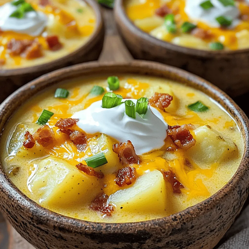 To make this soup, gather these key items: - 6 medium russet potatoes, peeled and diced - 1 medium onion, finely chopped - 3 cloves garlic, minced - 4 cups vegetable broth (low-sodium is best) - 1 cup heavy cream or coconut cream - 1 cup shredded sharp cheddar cheese - 1 cup cooked bacon bits or tempeh bacon - 1 teaspoon dried thyme - 1 teaspoon onion powder - 1 teaspoon garlic powder - Salt and freshly ground black pepper - Chopped green onions, for garnish - Sour cream (optional) These ingredients build layers of flavor. The potatoes give the soup its base. The broth adds depth, while the cream brings a rich texture. You can add your twist with these optional ingredients: - Fresh herbs like parsley or chives - Different cheese types, such as mozzarella or gouda - Spicy elements like jalapeños or red pepper flakes - Vegetables like carrots or celery for extra nutrition These extras help you personalize the soup. Feel free to use what you have at home. If you need alternatives, try these substitutes: - For vegetable broth, use chicken broth or water - Coconut cream can be swapped with almond milk for a lighter option - Use Greek yogurt instead of sour cream for a tangy touch - For a dairy-free option, try cashew cheese instead of cheddar Substituting ingredients can keep the soup fresh and exciting. It allows you to enjoy this dish no matter your dietary needs. First, gather all your ingredients. You will need six medium russet potatoes. Peel and dice them into small pieces. Next, finely chop one medium onion. Mince three cloves of garlic. These flavors will add depth to your soup. Now, take your slow cooker. Add the diced potatoes, chopped onion, and minced garlic. Pour in four cups of vegetable broth. This will be the soup's base. Then, add one teaspoon each of dried thyme, onion powder, and garlic powder. Don’t forget to add salt and pepper to taste. Mix everything well so the flavors blend. Cover the slow cooker. Set it to cook on low for seven to eight hours. If you are short on time, you can set it to high for four to five hours. You want the potatoes to be tender. When the cooking time is up, check the potatoes. They should be soft. Use a potato masher or an immersion blender. Smash or blend the soup until it’s creamy. Leave some potato chunks for texture. Now, add one cup of heavy cream or coconut cream. Both work well for creaminess. Next, stir in one cup of shredded sharp cheddar cheese. Keep stirring until the cheese melts completely. Taste the soup. Adjust the salt and pepper if needed. Just before you serve, fold in one cup of cooked bacon bits. If you prefer a vegetarian option, use tempeh bacon. Let the mixture heat for another ten minutes. This step helps meld the flavors. Ladle the soup into bowls. Top each bowl with more shredded cheese. Sprinkle with chopped green onions for color. You can add a dollop of sour cream if you want. It adds a nice touch of creaminess. Enjoy every warm and delicious bite! To make your soup creamy, use heavy cream or coconut cream. Coconut cream gives a nice twist if you want a dairy-free option. Blend the soup with a potato masher or an immersion blender. This keeps some potato chunks for texture and adds creaminess. If you want extra creaminess, add more cheese as a final touch. Remember to stir well after adding it. To enhance flavors, use fresh herbs like thyme and green onions. They bring a bright taste. Do not skip the garlic and onion; they add depth to the soup. Adding cooked bacon bits or tempeh bacon also boosts flavor. For an extra kick, sprinkle in some cayenne pepper or smoked paprika. Taste and adjust salt and pepper to your liking. One common mistake is adding too much liquid. Stick to the broth amount in the recipe. If you add too much, the soup can be too thin. Another mistake is not blending well. Ensure you create a creamy base with some chunks. Avoid overcooking the potatoes; they should be tender but not mushy. Lastly, remember to taste your soup before serving. You want it to be perfect when you dish it out. {{image_4}} You can easily make this soup vegetarian or vegan. Instead of bacon, use tempeh bacon. It gives a nice, smoky taste. For a vegan version, swap heavy cream for coconut cream. This change keeps the soup rich and creamy. Use vegetable broth as your base. It adds great flavor without meat. To make a low-carb or keto-friendly soup, skip the potatoes. Instead, use cauliflower. Cauliflower gives a creamy texture when blended. You can also add more cheese for richness. Make sure to check your broth for added sugars. Opt for a low-carb vegetable broth to keep your soup on track. You can switch up the flavors by changing a few ingredients. Try adding different herbs like rosemary or dill for a fresh twist. You can use gouda or pepper jack cheese for a unique taste. Add some diced jalapeños for a bit of heat. For a richer flavor, sauté the onions and garlic before adding them to the slow cooker. These small changes can make a big difference! To keep your loaded potato soup fresh, store it in an airtight container. Make sure it cools down before sealing it. This will help prevent moisture buildup. Refrigerate the soup within two hours of cooking. It stays good for about 3 to 5 days in the fridge. If you want to store it longer, consider freezing it. When you're ready to enjoy leftovers, reheat the soup gently. You can use a pot on the stove or a microwave. Heat it on low to avoid burning. Stir the soup often to make sure it warms evenly. If it looks thick, add a splash of broth or cream to loosen it up. If you plan to freeze the soup, do so in individual portions. This makes it easy to thaw just what you need. Use freezer-safe containers or bags. Label them with the date. To thaw, place the soup in the fridge overnight. You can also use the microwave for quick thawing. Once thawed, reheat it as noted above. Avoid refreezing soup after it has been thawed. Yes, you can make this soup ahead of time. It tastes great when made in advance. Cook the soup as directed and let it cool. Store it in an airtight container in the fridge. It can last for about three to four days. When you are ready, just reheat it on the stove or in the microwave. For best taste, do not add cheese and bacon until you reheat. To make the soup healthier, use low-fat cream or milk instead of heavy cream. You can also add more vegetables. Try adding carrots, celery, or spinach for extra nutrients. Use turkey bacon or skip the bacon altogether. This keeps the flavor while cutting down on fat. You can also reduce the amount of cheese. This soup is great on its own, but it pairs well with many sides. Try serving it with a fresh salad or a nice piece of crusty bread. For a fun twist, serve it in a bread bowl. You can also add toppings like jalapeños or avocado for extra flavor. Don't forget to add a dollop of sour cream for creaminess! This article covered how to make Slow Cooker Loaded Potato Soup step by step. You learned about essential and optional ingredients, including helpful substitutions. I shared tips for creaminess and flavor, plus common mistakes to avoid. The variations section gave options for different diets, like vegan and low-carb. Finally, I discussed the best ways to store and reheat your soup. With these details, I hope you enjoy cooking and sharing this delicious soup!