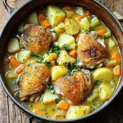 - 1 lb boneless, skinless chicken thighs - 3 medium potatoes - 1 large onion - 2 cloves garlic - 4 cups low-sodium chicken broth - 2 carrots - 1 celery stalk - Dried thyme and rosemary - Salt and pepper - Olive oil - Fresh parsley Gathering the right ingredients is key for a great chicken soup. I love using boneless, skinless chicken thighs. They stay juicy and tender. You will need three medium potatoes, which add heartiness to the soup. I prefer Yukon Gold or Russet for their creamy texture. A large onion adds depth of flavor. Plus, two cloves of garlic give it a nice kick. The broth is the base of the soup. I like low-sodium chicken broth to keep it healthy. For extra flavor, add two sliced carrots and one chopped celery stalk. Dried thyme and rosemary are my go-to herbs. They bring warmth and earthiness. Don’t forget to season with salt and pepper. A drizzle of olive oil enhances the taste. Finally, fresh parsley is perfect for garnish. It adds a pop of color and freshness. With these ingredients, you can create a cozy and satisfying chicken soup that warms the soul. - Start by chopping the chicken thighs into small pieces. - Peel and dice the potatoes into 1-inch cubes. - Finely chop the onion and mince the garlic. Now, let’s sauté the onion and garlic. Heat two tablespoons of olive oil in a large pot over medium heat. Add the onion and garlic to the pot. Stir them often until the onion turns soft and smells great. This should take about 3-4 minutes. Next, it’s time to brown the chicken. Add the chopped chicken to the pot. Season it with salt and pepper. Sauté the chicken until it turns golden brown on all sides. This will take about 5-7 minutes. Now, add the diced potatoes, sliced carrots, and chopped celery to the pot. Mix everything well so the veggies combine with the chicken and onion. Pour in 4 cups of low-sodium chicken broth. Make sure all the ingredients are covered by the broth. Sprinkle one teaspoon of dried thyme and one teaspoon of dried rosemary over the top. Stir gently to mix the herbs evenly. Increase the heat to bring the soup to a boil. Once it boils, reduce the heat to low. Cover the pot with a lid and let it simmer for 25-30 minutes. This helps the chicken cook through and makes the potatoes tender. After simmering, taste the soup. Adjust the seasoning with more salt and pepper if needed. To serve, ladle the hot chicken and potato soup into bowls. Top with fresh parsley for color and flavor. For an even cozier meal, pair it with a slice of crusty bread. You can even drizzle a bit of olive oil on top for extra richness. Enjoy your hearty and comforting chicken soup! To make your chicken soup shine, add herbs like thyme and rosemary. These herbs bring warmth and depth. Season your soup as you cook. Taste it often and adjust salt and pepper. A little tweak can change everything. If you want bold flavors, try adding a pinch of cayenne for a kick! Start by sautéing the onion and garlic. This step builds a strong base of flavor. Then, brown the chicken in the same pot. This keeps the chicken juicy and adds color. Avoid boiling the chicken too much; it can dry out. Instead, let it simmer gently. This method helps the meat stay tender and moist. When you serve your soup, ladle it into deep bowls. This makes it look inviting. Add a slice of crusty bread on the side. It’s perfect for dipping! For a finishing touch, drizzle some olive oil on top. This adds richness and a nice sheen. Don’t forget to sprinkle fresh parsley for color and flavor. {{image_4}} You can switch out the chicken for other poultry. Turkey works well in this soup. It adds a rich flavor and is a great way to use leftovers. You can also try duck for a unique taste. If you want more green, add leafy greens like spinach. Spinach wilts nicely and adds a pop of color. Kale is another good option; it holds its shape and adds texture. Want to spice things up? Add chopped peppers to the soup. Jalapeños or bell peppers give it a nice kick. This makes the soup warm and exciting. If you prefer creamy soup, try adding a splash of heavy cream. This gives the dish a rich, smooth texture that feels like a hug in a bowl. If you want a vegan version, you can replace the chicken and broth. Use chickpeas or tofu as your protein. For broth, vegetable broth works great. You can also use water with added spices. This keeps the soup hearty and filling while meeting your dietary needs. To keep your chicken soup fresh, follow these simple steps: - Refrigeration: Cool the soup first. Once cool, transfer it to an airtight container. Store in the fridge for up to 3 days. - Freezing: For longer storage, use freezer-safe containers. The soup can last up to 3 months in the freezer. Just leave some space in the container. This allows for expansion as it freezes. When you're ready to enjoy your soup again, reheating is key: - Stovetop Method: Pour the soup into a pot. Heat over medium until it simmers. Stir often to keep the flavors even. - Microwave Method: Use a microwave-safe bowl. Cover it loosely to avoid splatters. Heat in short bursts, stirring in between, until hot. This keeps the taste fresh and yummy. Wondering how long your soup lasts? Here’s the scoop: - In the fridge, your soup stays good for 3 days. - In the freezer, it can last up to 3 months. Just remember to label the containers with the date. This helps you track how long it’s been stored. Yes, you can use many types of potatoes. Here are some good options: - Yukon Gold: These are creamy and flavorful. - Red Potatoes: They hold their shape well. - Sweet Potatoes: They add a nice sweetness. Feel free to mix and match your favorites. Just cut them into 1-inch cubes for even cooking. No worries! Here are some great alternatives: - Vegetable broth: It adds a nice flavor. - Water: You can use this in a pinch. Just add more herbs. - Homemade broth: If you have leftover bones, simmer them with water. These options will still give your soup good taste. Making this soup gluten-free is simple. Here are some tips: - Use gluten-free broth: Check labels to be sure. - Skip any gluten-containing additives: Always read ingredient lists. - Use cornstarch: If you want a thicker soup, mix cornstarch with water. These changes will keep your soup tasty and safe for gluten-free diets. This blog post offered a simple guide to making a hearty chicken soup. We covered the key ingredients, step-by-step cooking instructions, tips for flavor, and various adaptations. You can enhance your soup with fresh herbs or adjust it to fit dietary needs. Remember, the right storage and reheating methods keep your soup tasting great. With these insights, you can create a dish that warms the heart and satisfies the taste buds. Enjoy your cooking adventure!