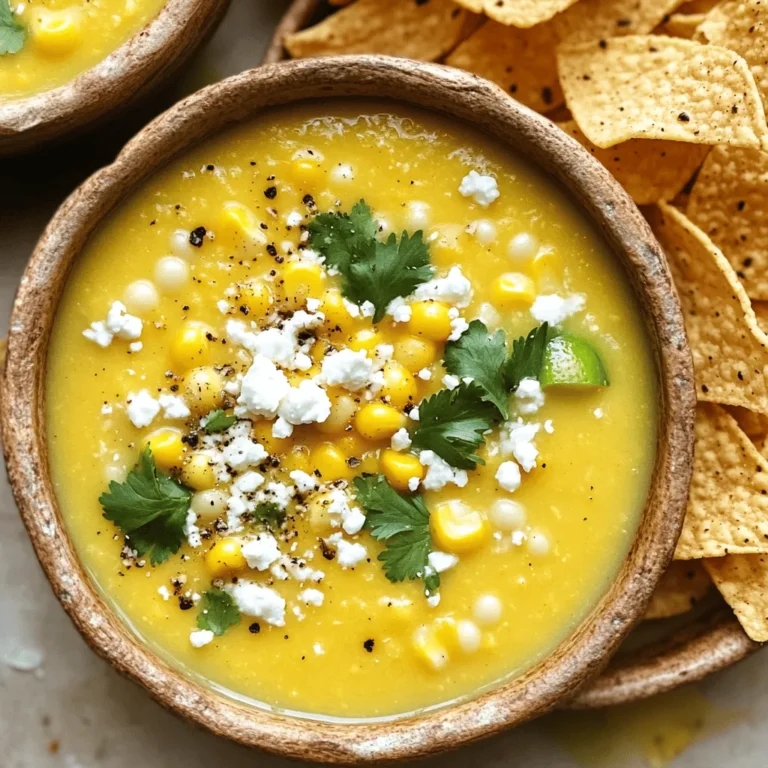 Fresh corn is the star of this soup. You need 4 ears of corn. First, husk the corn and remove the kernels. This adds a sweet, juicy flavor. You can also use frozen corn if fresh is not available. Just make sure to thaw it before adding to the pot. Aromatics give depth to the soup. Start with 1 tablespoon of olive oil. Heat it in your pot. Then add 1 medium onion, finely chopped. Cook it until soft, about 5 minutes. Next, add 3 cloves of minced garlic. Stir for a minute until fragrant. For flavor, use 1 medium potato, peeled and diced. It helps thicken the soup. Add 4 cups of vegetable broth for a hearty base. Spice it up with 1 teaspoon of smoked paprika and 1 teaspoon of ground cumin. Don’t forget salt and pepper to taste! For creaminess, we use 1 cup of coconut milk. It adds a rich, smooth texture. You can also add ½ cup of crumbled feta or cotija cheese. This gives the soup a nice salty bite. Lastly, finish with 1 tablespoon of freshly squeezed lime juice. It brightens the flavors beautifully. Start by heating olive oil in a large pot over medium heat. Add the finely chopped onion. Sauté it for about five minutes until it becomes soft and clear. Next, toss in the minced garlic. Stir it for a minute until it smells great. The garlic should be golden, adding flavor to the mix. Now, add the diced potato into the pot. Cook it for three to four minutes. This will help the edges soften a bit. After that, mix in the fresh corn kernels. Pour in the vegetable broth, then add smoked paprika and ground cumin. Bring the soup to a boil. Once it's boiling, lower the heat and let it simmer for 15 to 20 minutes. You want the potato to be tender. Check this by poking it with a fork. After cooking, remove the pot from the heat. Use an immersion blender to purée the soup. You can make it smooth or leave some chunks if you like. Then stir in the creamy coconut milk and lime juice. Mix it well. Season the soup with salt and pepper to your taste. Finally, warm the soup on low heat, stirring now and then to avoid sticking. To get the best texture in your soup, use an immersion blender. This tool makes it easy to blend the soup right in the pot. Blend until it’s smooth or leave some chunks for a hearty feel. If you want a thicker soup, cook it a bit longer. If you like it thinner, add more vegetable broth. To boost the flavor, try adding lime zest along with the lime juice. This adds a bright note. You can also mix in fresh herbs like cilantro or parsley. If you enjoy spice, a pinch of cayenne pepper or chili powder can add a nice kick. Experiment with the smoked paprika for a deeper flavor too. When serving, ladle the soup into bowls and top it with crumbled feta cheese. Fresh cilantro makes a great garnish. A squeeze of lime juice adds freshness. For extra crunch, serve crispy tortilla chips on the side. This soup is great for family dinners or gatherings. Enjoy every vibrant bite! {{image_4}} You can easily make this soup vegan. Simply replace the feta cheese with a plant-based cheese or skip it altogether. Use vegetable broth and coconut milk, which are both vegan-friendly. This keeps the soup creamy and rich without any animal products. It’s still full of flavor, and you won't miss the dairy! If you like heat, add some diced jalapeños or serrano peppers. Stir them in with the onions for that spicy kick. You can also sprinkle in some cayenne pepper or chili powder. Adjust the amount based on your spice level. This twist makes the soup lively and exciting! Toppings can make your soup even better. Consider adding fresh avocado slices for creaminess. You can also top it with crispy tortilla strips for crunch. A drizzle of hot sauce adds an extra layer of flavor. Don’t forget to add some lime juice right before eating. It brightens every bite! After you make the soup, let it cool. Pour it into an airtight container. Store it in the fridge for up to three days. You can enjoy the soup as leftovers. Just make sure it is cool before you seal it. If you want to save the soup for later, freezing is a great option. Use freezer-safe containers or bags. Make sure to leave some space for the soup to expand. It can last up to three months in the freezer. When you’re ready to eat, just thaw it overnight in the fridge. To reheat, you can use a pot on the stove. Heat it over low to medium heat. Stir it often to avoid burning. If the soup is thick, add a splash of broth or water to thin it out. You can also use a microwave. Heat it in short bursts, stirring in between. Enjoy your warm and tasty soup! Mexican Street Corn Soup is a creamy dish inspired by elote, a popular Mexican street food. It features fresh corn, sautéed onions, and garlic. I love adding spices like smoked paprika and cumin for warmth. The soup gets its creaminess from coconut milk, giving it a rich flavor. Topped with crumbled cheese and cilantro, it’s bright and tasty. This soup is comforting and perfect for any meal. Yes, you can make this soup ahead of time. It stores well in the fridge for up to three days. Just let it cool before placing it in an airtight container. When you’re ready to eat, reheat it over low heat. You might need to add a splash of broth to loosen it up. The flavors will deepen as it sits, making it even more delicious. If you don’t have coconut milk, you can use heavy cream or regular milk. For a lighter option, try almond milk or oat milk. Just keep in mind that these choices will change the flavor. If you want to maintain a creamy texture, choose full-fat options. Each substitute will still make a tasty soup, so feel free to experiment! In this article, we explored how to make Mexican Street Corn Soup. We looked at key ingredients like fresh corn, seasonings, and dairy additions. I shared steps for sautéing, cooking potatoes, and blending the soup. Tips on achieving perfect consistency and flavor options were discussed. We also covered variations, storage tips, and answered common questions. You can enjoy this soup in many ways. Don't be afraid to get creative with flavors and toppings. This dish is sure to delight your taste buds. Enjoy making it!