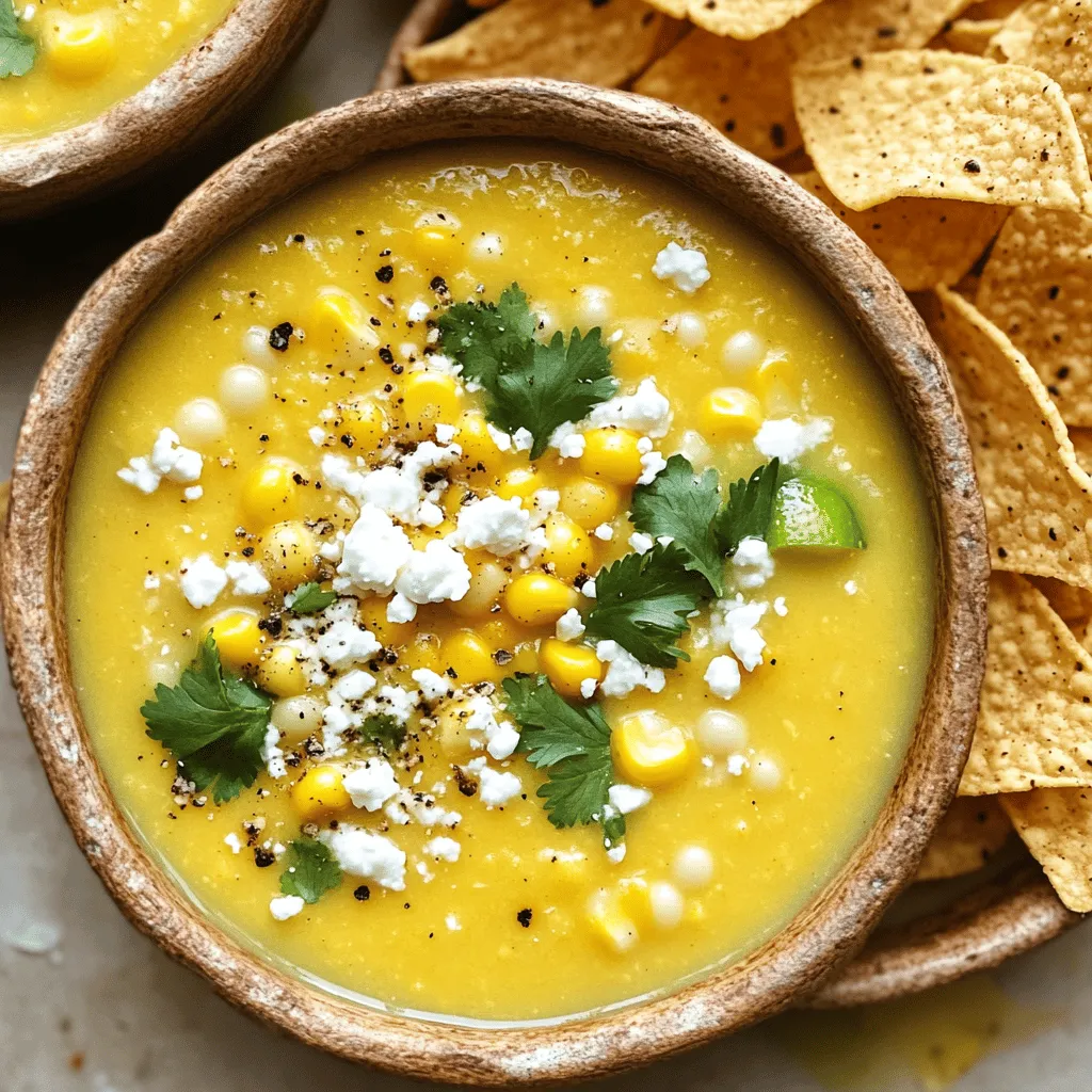 Fresh corn is the star of this soup. You need 4 ears of corn. First, husk the corn and remove the kernels. This adds a sweet, juicy flavor. You can also use frozen corn if fresh is not available. Just make sure to thaw it before adding to the pot. Aromatics give depth to the soup. Start with 1 tablespoon of olive oil. Heat it in your pot. Then add 1 medium onion, finely chopped. Cook it until soft, about 5 minutes. Next, add 3 cloves of minced garlic. Stir for a minute until fragrant. For flavor, use 1 medium potato, peeled and diced. It helps thicken the soup. Add 4 cups of vegetable broth for a hearty base. Spice it up with 1 teaspoon of smoked paprika and 1 teaspoon of ground cumin. Don’t forget salt and pepper to taste! For creaminess, we use 1 cup of coconut milk. It adds a rich, smooth texture. You can also add ½ cup of crumbled feta or cotija cheese. This gives the soup a nice salty bite. Lastly, finish with 1 tablespoon of freshly squeezed lime juice. It brightens the flavors beautifully. Start by heating olive oil in a large pot over medium heat. Add the finely chopped onion. Sauté it for about five minutes until it becomes soft and clear. Next, toss in the minced garlic. Stir it for a minute until it smells great. The garlic should be golden, adding flavor to the mix. Now, add the diced potato into the pot. Cook it for three to four minutes. This will help the edges soften a bit. After that, mix in the fresh corn kernels. Pour in the vegetable broth, then add smoked paprika and ground cumin. Bring the soup to a boil. Once it's boiling, lower the heat and let it simmer for 15 to 20 minutes. You want the potato to be tender. Check this by poking it with a fork. After cooking, remove the pot from the heat. Use an immersion blender to purée the soup. You can make it smooth or leave some chunks if you like. Then stir in the creamy coconut milk and lime juice. Mix it well. Season the soup with salt and pepper to your taste. Finally, warm the soup on low heat, stirring now and then to avoid sticking. To get the best texture in your soup, use an immersion blender. This tool makes it easy to blend the soup right in the pot. Blend until it’s smooth or leave some chunks for a hearty feel. If you want a thicker soup, cook it a bit longer. If you like it thinner, add more vegetable broth. To boost the flavor, try adding lime zest along with the lime juice. This adds a bright note. You can also mix in fresh herbs like cilantro or parsley. If you enjoy spice, a pinch of cayenne pepper or chili powder can add a nice kick. Experiment with the smoked paprika for a deeper flavor too. When serving, ladle the soup into bowls and top it with crumbled feta cheese. Fresh cilantro makes a great garnish. A squeeze of lime juice adds freshness. For extra crunch, serve crispy tortilla chips on the side. This soup is great for family dinners or gatherings. Enjoy every vibrant bite! {{image_4}} You can easily make this soup vegan. Simply replace the feta cheese with a plant-based cheese or skip it altogether. Use vegetable broth and coconut milk, which are both vegan-friendly. This keeps the soup creamy and rich without any animal products. It’s still full of flavor, and you won't miss the dairy! If you like heat, add some diced jalapeños or serrano peppers. Stir them in with the onions for that spicy kick. You can also sprinkle in some cayenne pepper or chili powder. Adjust the amount based on your spice level. This twist makes the soup lively and exciting! Toppings can make your soup even better. Consider adding fresh avocado slices for creaminess. You can also top it with crispy tortilla strips for crunch. A drizzle of hot sauce adds an extra layer of flavor. Don’t forget to add some lime juice right before eating. It brightens every bite! After you make the soup, let it cool. Pour it into an airtight container. Store it in the fridge for up to three days. You can enjoy the soup as leftovers. Just make sure it is cool before you seal it. If you want to save the soup for later, freezing is a great option. Use freezer-safe containers or bags. Make sure to leave some space for the soup to expand. It can last up to three months in the freezer. When you’re ready to eat, just thaw it overnight in the fridge. To reheat, you can use a pot on the stove. Heat it over low to medium heat. Stir it often to avoid burning. If the soup is thick, add a splash of broth or water to thin it out. You can also use a microwave. Heat it in short bursts, stirring in between. Enjoy your warm and tasty soup! Mexican Street Corn Soup is a creamy dish inspired by elote, a popular Mexican street food. It features fresh corn, sautéed onions, and garlic. I love adding spices like smoked paprika and cumin for warmth. The soup gets its creaminess from coconut milk, giving it a rich flavor. Topped with crumbled cheese and cilantro, it’s bright and tasty. This soup is comforting and perfect for any meal. Yes, you can make this soup ahead of time. It stores well in the fridge for up to three days. Just let it cool before placing it in an airtight container. When you’re ready to eat, reheat it over low heat. You might need to add a splash of broth to loosen it up. The flavors will deepen as it sits, making it even more delicious. If you don’t have coconut milk, you can use heavy cream or regular milk. For a lighter option, try almond milk or oat milk. Just keep in mind that these choices will change the flavor. If you want to maintain a creamy texture, choose full-fat options. Each substitute will still make a tasty soup, so feel free to experiment! In this article, we explored how to make Mexican Street Corn Soup. We looked at key ingredients like fresh corn, seasonings, and dairy additions. I shared steps for sautéing, cooking potatoes, and blending the soup. Tips on achieving perfect consistency and flavor options were discussed. We also covered variations, storage tips, and answered common questions. You can enjoy this soup in many ways. Don't be afraid to get creative with flavors and toppings. This dish is sure to delight your taste buds. Enjoy making it!