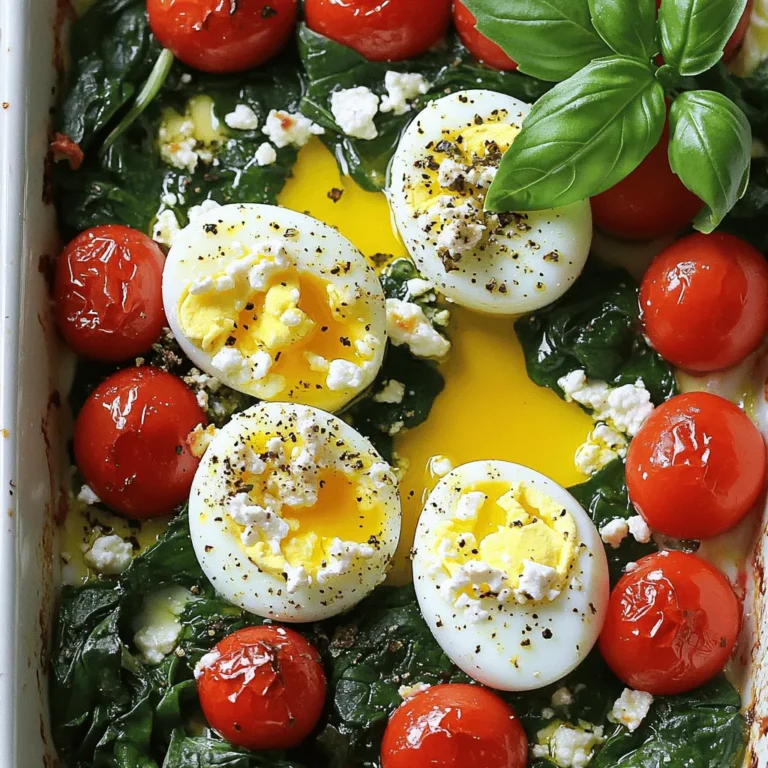 - 200g feta cheese, crumbled - 4 large eggs - 200g fresh spinach, thoroughly washed - 150g cherry tomatoes, halved - 2 tablespoons extra virgin olive oil - 1 teaspoon dried oregano - Salt and freshly ground black pepper to taste - Fresh basil leaves for garnish (optional) Using fresh ingredients makes a big difference in flavor. Fresh spinach brings a vibrant taste and helps your dish feel light. Cherry tomatoes add a sweet burst that pairs well with feta. Feta cheese should be creamy and tangy. It melts beautifully in the oven. When eggs are fresh, they taste richer and fluffier. Freshness helps you enjoy this meal to the fullest. You can swap out some ingredients if needed. Try kale instead of spinach for a different taste. Any small tomatoes will work if cherry tomatoes are not available. You can use goat cheese if you want a tangy twist. For a spicy kick, add red pepper flakes. If you prefer more protein, mix in cooked bacon or sausage. These ideas help you customize the dish based on what you have. First, preheat your oven to 375°F (190°C). This step makes sure your dish cooks well. A hot oven helps the eggs and cheese to bake just right. Grab a medium-sized baking dish. Drizzle 1 tablespoon of olive oil on the bottom. This keeps the food from sticking. Next, spread the washed spinach evenly in the dish. This gives a nice base to hold the other ingredients. Now, scatter the halved cherry tomatoes over the spinach. This adds bright color and flavor. Crumble the feta cheese on top of the tomatoes and spinach. The creamy cheese will melt and blend beautifully. Use a spoon to make four small wells in the cheese and veggies. Crack one egg into each well. Try to keep the yolks whole. Drizzle the last tablespoon of olive oil over the eggs. Then, sprinkle dried oregano, salt, and black pepper on top. Place the dish in the oven and bake it for 20-25 minutes. Watch closely! The egg whites should set, while the yolks stay soft. After baking, let the dish cool for about 5 minutes. Garnish with fresh basil if you like. Enjoy your easy, flavorful breakfast! To get perfectly baked eggs, watch the baking time. Bake for 20-25 minutes. Check when egg whites are set but yolks are still soft. If you prefer firmer yolks, bake a few minutes longer. Use a medium-sized dish to give eggs enough space. This helps cook evenly. If you have leftovers, store them in an airtight container. Keep them in the fridge for up to three days. To reheat, warm the dish in the oven at 350°F (175°C) for about 10 minutes. You can also microwave them in short bursts. Just watch for overheating. Add your favorite herbs to boost flavor. Fresh basil is great for garnish. You can also use fresh parsley or thyme. For a kick, sprinkle some red pepper flakes. A dash of paprika adds warmth, too. Don't forget to season with salt and pepper to taste. {{image_4}} You can make baked feta eggs even better by adding veggies or proteins. Try adding bell peppers, zucchini, or mushrooms for extra flavor. These add color and make the dish more filling. If you want protein, consider adding cooked sausage or bacon. Just chop them up and mix them in with the spinach and tomatoes. Feta cheese gives this dish a great taste, but you can try other cheeses too. Goat cheese works well for a tangy flavor. Mozzarella adds a mild taste and melts nicely. If you want a stronger flavor, try blue cheese or aged cheddar. Just crumble or shred the cheese and sprinkle it on top of the veggies before adding the eggs. You can cook baked feta eggs in different ways. If you don’t have an oven, try using a skillet on the stove. Heat some olive oil, add the veggies, and stir until soft. Then, add the feta and eggs. Cover the skillet and cook on low heat until the eggs are set. You can also try making this dish in an air fryer. Just set it to 350°F (175°C) and cook for about 10-15 minutes. Each method gives a unique taste and texture. To store leftovers, let them cool first. Use an airtight container for best results. Place the baked feta eggs inside the container. Seal it tightly to keep out air. This helps maintain flavor and texture for longer. You can keep your leftovers in the fridge for 3 to 4 days. Make sure to label the container with the date. If you smell anything off, throw it away. Always trust your senses when it comes to food safety. If you want to freeze your baked feta eggs, let them cool completely first. Cut them into portions for easy use later. Wrap each portion tightly in plastic wrap. Place the wrapped portions in a freezer-safe bag or container. They can stay in the freezer for up to 2 months. When ready to eat, thaw them in the fridge overnight. Reheat gently in the oven or microwave before serving. Yes, you can swap feta for other cheeses. Goat cheese adds a tangy flavor. Mozzarella gives a creamy melt. Try ricotta for a softer texture. Each cheese changes the dish slightly. Experiment to find your favorite! Look for firm whites and runny yolks. The whites should not jiggle. If you prefer firmer yolks, bake them longer. Start checking at 20 minutes. Cooking time can vary based on your oven. Baked feta eggs pair great with crusty bread. Dip the bread into the eggs. A light salad adds a fresh touch. Fresh herbs like basil or parsley enhance the dish. You can also enjoy them with roasted veggies. Yes, you can prep the dish early. Layer the ingredients in the dish. Cover it and store in the fridge. Bake it fresh when you’re ready to eat. This saves time on busy mornings. This blog post guides you through baked feta eggs, from ingredients to storage tips. Fresh ingredients are key for the best flavor. You can explore variations with veggies and proteins or try different cheeses. Remember to store leftovers properly to keep them fresh. Experiment with seasonings to enhance taste. This dish is simple, tasty, and flexible. Enjoy creating it your way!