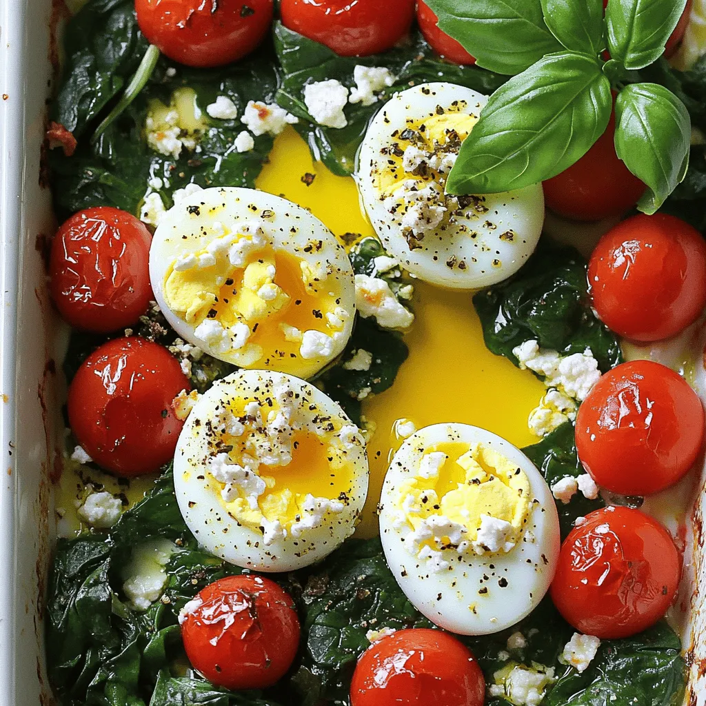 - 200g feta cheese, crumbled - 4 large eggs - 200g fresh spinach, thoroughly washed - 150g cherry tomatoes, halved - 2 tablespoons extra virgin olive oil - 1 teaspoon dried oregano - Salt and freshly ground black pepper to taste - Fresh basil leaves for garnish (optional) Using fresh ingredients makes a big difference in flavor. Fresh spinach brings a vibrant taste and helps your dish feel light. Cherry tomatoes add a sweet burst that pairs well with feta. Feta cheese should be creamy and tangy. It melts beautifully in the oven. When eggs are fresh, they taste richer and fluffier. Freshness helps you enjoy this meal to the fullest. You can swap out some ingredients if needed. Try kale instead of spinach for a different taste. Any small tomatoes will work if cherry tomatoes are not available. You can use goat cheese if you want a tangy twist. For a spicy kick, add red pepper flakes. If you prefer more protein, mix in cooked bacon or sausage. These ideas help you customize the dish based on what you have. First, preheat your oven to 375°F (190°C). This step makes sure your dish cooks well. A hot oven helps the eggs and cheese to bake just right. Grab a medium-sized baking dish. Drizzle 1 tablespoon of olive oil on the bottom. This keeps the food from sticking. Next, spread the washed spinach evenly in the dish. This gives a nice base to hold the other ingredients. Now, scatter the halved cherry tomatoes over the spinach. This adds bright color and flavor. Crumble the feta cheese on top of the tomatoes and spinach. The creamy cheese will melt and blend beautifully. Use a spoon to make four small wells in the cheese and veggies. Crack one egg into each well. Try to keep the yolks whole. Drizzle the last tablespoon of olive oil over the eggs. Then, sprinkle dried oregano, salt, and black pepper on top. Place the dish in the oven and bake it for 20-25 minutes. Watch closely! The egg whites should set, while the yolks stay soft. After baking, let the dish cool for about 5 minutes. Garnish with fresh basil if you like. Enjoy your easy, flavorful breakfast! To get perfectly baked eggs, watch the baking time. Bake for 20-25 minutes. Check when egg whites are set but yolks are still soft. If you prefer firmer yolks, bake a few minutes longer. Use a medium-sized dish to give eggs enough space. This helps cook evenly. If you have leftovers, store them in an airtight container. Keep them in the fridge for up to three days. To reheat, warm the dish in the oven at 350°F (175°C) for about 10 minutes. You can also microwave them in short bursts. Just watch for overheating. Add your favorite herbs to boost flavor. Fresh basil is great for garnish. You can also use fresh parsley or thyme. For a kick, sprinkle some red pepper flakes. A dash of paprika adds warmth, too. Don't forget to season with salt and pepper to taste. {{image_4}} You can make baked feta eggs even better by adding veggies or proteins. Try adding bell peppers, zucchini, or mushrooms for extra flavor. These add color and make the dish more filling. If you want protein, consider adding cooked sausage or bacon. Just chop them up and mix them in with the spinach and tomatoes. Feta cheese gives this dish a great taste, but you can try other cheeses too. Goat cheese works well for a tangy flavor. Mozzarella adds a mild taste and melts nicely. If you want a stronger flavor, try blue cheese or aged cheddar. Just crumble or shred the cheese and sprinkle it on top of the veggies before adding the eggs. You can cook baked feta eggs in different ways. If you don’t have an oven, try using a skillet on the stove. Heat some olive oil, add the veggies, and stir until soft. Then, add the feta and eggs. Cover the skillet and cook on low heat until the eggs are set. You can also try making this dish in an air fryer. Just set it to 350°F (175°C) and cook for about 10-15 minutes. Each method gives a unique taste and texture. To store leftovers, let them cool first. Use an airtight container for best results. Place the baked feta eggs inside the container. Seal it tightly to keep out air. This helps maintain flavor and texture for longer. You can keep your leftovers in the fridge for 3 to 4 days. Make sure to label the container with the date. If you smell anything off, throw it away. Always trust your senses when it comes to food safety. If you want to freeze your baked feta eggs, let them cool completely first. Cut them into portions for easy use later. Wrap each portion tightly in plastic wrap. Place the wrapped portions in a freezer-safe bag or container. They can stay in the freezer for up to 2 months. When ready to eat, thaw them in the fridge overnight. Reheat gently in the oven or microwave before serving. Yes, you can swap feta for other cheeses. Goat cheese adds a tangy flavor. Mozzarella gives a creamy melt. Try ricotta for a softer texture. Each cheese changes the dish slightly. Experiment to find your favorite! Look for firm whites and runny yolks. The whites should not jiggle. If you prefer firmer yolks, bake them longer. Start checking at 20 minutes. Cooking time can vary based on your oven. Baked feta eggs pair great with crusty bread. Dip the bread into the eggs. A light salad adds a fresh touch. Fresh herbs like basil or parsley enhance the dish. You can also enjoy them with roasted veggies. Yes, you can prep the dish early. Layer the ingredients in the dish. Cover it and store in the fridge. Bake it fresh when you’re ready to eat. This saves time on busy mornings. This blog post guides you through baked feta eggs, from ingredients to storage tips. Fresh ingredients are key for the best flavor. You can explore variations with veggies and proteins or try different cheeses. Remember to store leftovers properly to keep them fresh. Experiment with seasonings to enhance taste. This dish is simple, tasty, and flexible. Enjoy creating it your way!