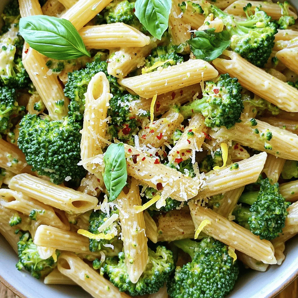For this dish, I recommend using whole wheat pasta. I like penne or fusilli for their shape. Both hold the sauce well. They add a nice, nutty flavor to the meal. You can find these types in most grocery stores. Make sure to check the package for cooking times. Fresh broccoli florets are key for this recipe. They add color and crunch. Use about 2 cups, which is roughly one medium head of broccoli. Make sure to cut the broccoli into bite-sized pieces. This helps them cook evenly and blend well with the pasta. The flavor comes from a few simple seasonings and garnishes. You need: - 3 cloves of garlic, finely minced - 1/4 teaspoon red pepper flakes (add more if you like spice) - 1/4 cup extra virgin olive oil - 1/2 cup freshly grated Parmesan cheese - Zest of one lemon - 2 tablespoons freshly squeezed lemon juice - Salt and freshly cracked pepper to taste - Fresh basil leaves for garnish These ingredients work together to create a bright and tasty dish. The garlic and red pepper add warmth, while lemon juice gives freshness. The Parmesan cheese adds creaminess and depth. Don't skip the fresh basil; it brightens the whole dish. Start by filling a large pot with water and add salt. Bring it to a boil. Once the water bubbles, add the whole wheat pasta. Cook it based on the package instructions until it is al dente. In the last three minutes of cooking, toss in the fresh broccoli florets. This step helps them cook lightly. After cooking, save half a cup of the pasta water. Then, drain both the pasta and the broccoli well. Set them aside for later use. In the same pot or a large skillet, pour in the extra virgin olive oil. Heat it over medium heat until warm. Next, add the minced garlic and red pepper flakes. Sauté this mixture for about one to two minutes. Stir it often to keep the garlic from browning. Browned garlic can taste bitter, and we want to avoid that. With your garlic oil ready, add the drained pasta and broccoli back into the pot or skillet. Gently toss them together. Make sure the pasta and broccoli are coated with the oil and garlic. Now, add the lemon zest, lemon juice, and grated Parmesan cheese. If the dish looks dry, gradually mix in some reserved pasta water. This will help create a creamy texture. Finally, season with salt and freshly cracked pepper. Toss everything to spread the flavors evenly. Serve hot, topped with fresh basil leaves and extra Parmesan if you like. Enjoy! To cook pasta right, use a big pot. Fill it with water and add salt. Bring it to a rolling boil. Add the whole wheat pasta. Cook it until it's al dente. This means it should still have a little bite. For this recipe, follow the package time. When there are three minutes left, toss in the broccoli florets. This step gives the broccoli a light cook and keeps it bright. Pasta water is magic for this dish. Before draining your pasta, save half a cup of that starchy water. After mixing in the garlic and oil, add the pasta and broccoli. If it looks dry, pour in a bit of the reserved water. Stir well. The pasta will soak up the flavors and become creamy. You control how creamy it gets based on how much water you add. Garlic adds a great taste, but burnt garlic is bitter. To avoid this, heat the olive oil over medium heat. Once it's warm, add the minced garlic and red pepper flakes. Stir it often for one to two minutes. You want it to smell amazing, but not brown. If it starts to turn dark, lower the heat. This keeps the flavor fresh and bright. {{image_4}} You can easily add protein to your Italian broccoli pasta. Chicken or shrimp works great. If you choose chicken, use boneless, skinless breasts. Cut them into bite-sized pieces. Sauté the chicken in the garlic oil until cooked through. This takes about 6-7 minutes. If using shrimp, add them after the garlic oil is ready. Cook until they turn pink, which takes about 3-4 minutes. This boost of protein makes the meal more filling. For a vegan version, swap the Parmesan cheese with a plant-based option. Nutritional yeast adds a cheesy flavor without dairy. You can also use cashew cream for a creamy texture. To make cashew cream, blend soaked cashews with water until smooth. This gives a rich, creamy taste. Use the same amount as you would for cheese. You can also add more veggies like spinach or mushrooms for extra nutrition and flavor. If you need a gluten-free option, choose gluten-free pasta. Many brands offer great textures that mimic traditional pasta. Look for rice or corn-based pasta. Cook them according to package directions. The flavor of the dish remains just as delicious. Just keep an eye on the cooking time, as gluten-free pasta can cook faster than wheat pasta. This way, everyone can enjoy this tasty dish! After enjoying your Italian broccoli pasta, you might have some leftovers. Store them in an airtight container. This helps keep the flavors fresh. Make sure to let the pasta cool down before sealing it. It is best to eat leftovers within three days. To reheat your pasta, use a skillet over low heat. Add a splash of water or olive oil to prevent it from drying out. Stir the pasta gently until it’s warm. You can also microwave it. Just cover the bowl with a lid or wrap to keep moisture in. Heat in 30-second bursts, stirring in between. If you want to save your pasta for later, freezing is a great option. Portion the pasta into freezer-safe bags. Remove as much air as possible before sealing. Label each bag with the date. You can freeze it for up to three months. When you’re ready to eat, thaw it in the fridge overnight. Then reheat as mentioned above. Yes, you can use frozen broccoli. It saves time and is convenient. Just be sure to thaw it first. If you add it straight to the pasta, it may become mushy. To spice it up, add more red pepper flakes. Start with a pinch and taste. You can also add fresh chopped chili peppers for heat. If you like it really hot, try a dash of hot sauce. If you need a substitute for Parmesan cheese, use nutritional yeast for a vegan option. Grated pecorino or Romano cheese also works well. Both give a similar salty and nutty flavor. This blog post explored a tasty dish made with whole wheat pasta and fresh broccoli. You learned about the right ingredients, cooking methods, and tips to enhance flavor. We also covered various options, like adding protein and making it vegan. Proper storage information ensures you can enjoy leftovers later. Using these ideas, you can create a meal that fits your needs. Enjoy your cooking journey!