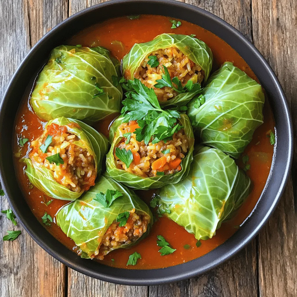 To make stuffed cabbage rolls, you will need the following ingredients: - Large head of green cabbage - 1 cup cooked rice (white or brown) - 1 pound ground turkey or chicken - 1 small onion, finely chopped - 2 cloves garlic, minced - 1 carrot, grated - 1 teaspoon dried oregano - 1 teaspoon smoked paprika - 1 teaspoon salt - ½ teaspoon black pepper - 1 can (15 oz) tomato sauce - 1 can (15 oz) diced tomatoes, undrained - 2 tablespoons olive oil - 1 tablespoon fresh lemon juice - Fresh parsley, chopped, for garnish These ingredients create a hearty and flavorful meal. The cabbage provides a nice wrap for the filling. Rice adds texture and helps absorb flavors. Ground turkey or chicken gives the rolls a tender protein base. Fresh herbs and spices elevate the taste. The tomato sauce and diced tomatoes form a rich sauce. Olive oil adds healthy fats, while lemon juice brightens the dish. Finally, parsley makes for a lovely garnish. Each ingredient plays a role in creating a balanced, delicious meal. Blanching the cabbage leaves Start by boiling water in a big pot. While you wait, cut out the core of the cabbage. Once the water boils, put the whole cabbage in for 3 minutes. This makes the leaves soft. After blanching, take it out and let it cool. Peel off the leaves and set them aside. Removing the core Cutting out the core helps the leaves come off easily. Use a sharp knife and be careful. This step makes stuffing the rolls much easier. Mixing the meat and vegetables In a large bowl, mix the cooked rice, ground turkey or chicken, chopped onion, minced garlic, and grated carrot. Add dried oregano, smoked paprika, salt, and pepper. Stir well. Each bite should burst with flavor. Ensuring even flavor distribution Make sure all the ingredients blend well. This way, each cabbage roll has the same great taste. Don’t skip this step; it’s key for tasty rolls! Folding and rolling the cabbage leaves Take a cabbage leaf and lay it flat, with the stem toward you. Spoon 2-3 tablespoons of filling at the bottom. Fold in the sides and roll it tightly from the bottom up. Securing the filling Make sure the filling stays inside as you roll. Tuck in the sides to keep everything secure. Repeat this for all the leaves and filling. Combining tomato sauce and diced tomatoes In a bowl, mix together the tomato sauce and diced tomatoes. Keep the juice from the diced tomatoes; it adds flavor. Mixing in olive oil and lemon juice Add olive oil and lemon juice to the tomato mix. Stir well until everything combines. This sauce will be the base for your rolls. Spreading sauce at the bottom Before adding the rolls, pour a layer of sauce in the bottom of a large pot. This keeps the rolls from sticking and adds flavor. Placement of stuffed rolls Place the stuffed cabbage rolls seam-side down in the pot. Fit them snugly together. Pour the rest of the sauce on top to cover all the rolls. Cooking time and temperature Cover the pot and set the heat to low. Let them cook for 40-50 minutes. This slow cooking helps all the flavors meld together. Importance of slow simmering Simmering gently is key for tender rolls. It cooks the meat fully and keeps the cabbage soft. Enjoy the wonderful aroma that fills your kitchen! When making stuffed cabbage rolls, choose a large head of green cabbage. This type is perfect for rolling because its leaves are soft and pliable. Look for heads that feel heavy for their size. The leaves should be crisp and bright green. Avoid any cabbage with brown spots or wilting leaves. These signs indicate poor quality. You can use ground turkey or chicken in your filling. If you want a twist, try using ground beef or pork. For a plant-based option, swap the meat for lentils or quinoa. Adding grains gives texture and makes it hearty. To enhance the flavor, include fresh herbs like parsley or basil. Adding a splash of hot sauce can make your filling pop. Cabbage rolls pair well with sides like mashed potatoes or a fresh salad. You can serve them with crusty bread, too. For a nice touch, garnish with chopped parsley or a dollop of sour cream. This adds color and flavor to your dish. Arrange the rolls on a platter for a beautiful presentation. {{image_4}} You can make stuffed cabbage rolls without meat. Use plant-based proteins like lentils or chickpeas. They add a hearty texture. Mix in extra vegetables for flavor and color. Try chopped bell peppers, zucchini, or mushrooms. This makes the dish vibrant and nutritious. Many cultures have their own twist on stuffed cabbage. Eastern Europe has rich flavors and spices. You can find variations with rice, meat, and herbs. In the Middle East, spices like cumin or cinnamon shine. Each region brings a unique taste to this dish. Want some heat? Add chili peppers or cayenne to your filling. This will wake up your taste buds. You can also use spicy sausage instead of ground turkey. Adjust the spices to fit your heat level. This gives a fun kick to your meal. Store cooked cabbage rolls in an airtight container. This keeps them fresh and tasty. They last in the fridge for about 3 to 4 days. Make sure to cool them first. To freeze, wrap each roll tightly in plastic wrap. Place them in a freezer bag. They can stay good in the freezer for up to 3 months. When ready, thaw in the fridge overnight. Reheat them in a pot over low heat or in the oven at 350°F until warm. For easy weeknight meals, prep your ingredients ahead of time. You can cook the rice and chop the vegetables a day before. This makes the stuffing process quick and simple. Keep the filling in the fridge until you are ready to roll. To stop the cabbage from tearing, use these simple tips: - Blanch the cabbage leaves in boiling water for 3 minutes. This makes them soft. - Gently peel the leaves off the head. Be careful with the thin parts. - Use a sharp knife to trim the stem of each leaf. This helps it roll better. - Roll the leaf loosely, so it has room to expand while cooking. Yes, you can use other meats! Here are some good options: - Ground beef gives a rich flavor. - Ground pork adds a nice sweetness. - Ground lamb brings a unique taste. - For a lighter option, try ground chicken. - If you prefer plant-based, use lentils or chickpeas instead. Stuffed cabbage rolls go well with many sides. Here are my favorites: - Mashed potatoes make a creamy contrast. - A simple green salad adds freshness. - Crusty bread is perfect for soaking up the sauce. - Steamed veggies add color and nutrition too. - For a twist, serve with a side of sauerkraut. Stuffed cabbage rolls last about 3 to 4 days in the fridge. To keep them safe: - Store them in an airtight container. - Let them cool down before sealing. - Check for any signs of spoilage before eating. Yes, you can prepare them in advance! Here’s how: - Stuff the cabbage rolls and place them in the pot. - Cover them with the sauce, but do not cook yet. - Store them in the fridge for up to 24 hours. - When ready, simmer them on the stove as planned. To reheat stuffed cabbage rolls, follow these methods: - Use the microwave for quick heating. Place them in a bowl with some sauce. - Heat in a pot on low heat. Add some water to keep them moist. - Bake them in the oven at 350°F. Cover with foil for 20 minutes. This keeps them warm and tasty! This blog post covered how to make stuffed cabbage rolls. We discussed essential ingredients, step-by-step instructions, and helpful tips. I provided tasty variations and storage advice to keep them fresh. In conclusion, stuffed cabbage rolls are versatile and can fit any taste. Whether you choose meat or go vegetarian, these rolls can be a satisfying meal. Enjoy cooking and sharing this dish with your loved ones!