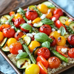- 1 cup cherry tomatoes, halved - 1 medium zucchini, sliced into half-moons - 1 bell pepper, diced - 1 large red onion, sliced - 1 cup asparagus, cut into thirds - 2 cups kale, chopped Fresh vegetables make this dish vibrant and tasty. Cherry tomatoes burst with flavor when roasted. Zucchini adds a soft texture, while bell peppers give a sweet crunch. Red onion brings a nice bite, and asparagus adds a tender crunch. Finally, kale becomes soft and flavorful when mixed with hot veggies. - ¼ cup balsamic vinegar - 2 tablespoons olive oil - 1 tablespoon pure maple syrup - Sea salt and freshly ground black pepper to taste - 1 teaspoon dried oregano - 1 teaspoon garlic powder This marinade is where the magic happens. Balsamic vinegar gives a tangy depth. Olive oil helps everything cook evenly and adds richness. Maple syrup balances the tang with sweetness. The spices—sea salt, black pepper, oregano, and garlic powder—enhance all the flavors in the bowl. - Cooked quinoa or brown rice (about 2 cups) - Crumbled feta cheese or dairy-free alternative - Fresh basil leaves These toppings take your bowl to the next level! Quinoa or brown rice adds heartiness and fiber. Feta cheese gives a creamy touch, while fresh basil adds a pop of flavor. You can mix and match these toppings based on what you like. Enjoy making your bowl unique! - Preheat your oven to 425°F (220°C). - Line a sheet pan with parchment paper. This makes for easy cleanup. - In a large bowl, mix the halved cherry tomatoes, sliced zucchini, diced bell pepper, sliced red onion, and cut asparagus. Make sure everything is well combined. - In a separate bowl, whisk together: - ¼ cup balsamic vinegar - 2 tablespoons olive oil - 1 tablespoon pure maple syrup - Sea salt, to taste - Freshly ground black pepper, to taste - 1 teaspoon dried oregano - 1 teaspoon garlic powder - Drizzle the balsamic dressing over the veggies. Toss gently to coat them evenly. - Spread the seasoned veggies on the sheet pan in a single layer. - Roast for 20 to 25 minutes, stirring halfway through. This helps them cook evenly. - While the veggies roast, cook your quinoa or brown rice. Follow the package instructions for best results. - Once the veggies are done, stir in the chopped kale. The heat will soften the kale slightly. - To serve, start with a scoop of quinoa or brown rice. Top with the roasted veggies. - If you like, sprinkle crumbled feta cheese on top. Finish with torn fresh basil leaves for flavor. To get the best roasted veggies, space them out well on the sheet pan. If they are too close, they will steam instead of roast. This makes a big difference in texture. Aim for a single layer for even cooking. I recommend roasting at 425°F (220°C). This high heat helps to caramelize the veggies, bringing out their natural sweetness. Keep an eye on them around the 20-minute mark. The edges should be golden and slightly crispy. To boost flavor, try adding spices like smoked paprika or chili powder. These can add warmth and depth. You can also mix in fresh herbs like thyme or rosemary for a fragrant touch. Using different vinegars can change the taste too. Apple cider vinegar adds a fruity note, while red wine vinegar gives a bold kick. Experiment to find your favorite blend! For leftovers, store the veggie bowls in airtight containers. This keeps them fresh for up to four days. When you are ready to eat, just reheat in the microwave or oven. If you want to keep the veggies crisp, reheat them in a pan. This helps maintain their texture. Enjoy your tasty meal prep! {{image_4}} You can switch up the veggies based on the season. For spring, try adding peas or radishes. In the summer, zucchini and eggplant work well. Fall brings great choices like sweet potatoes or butternut squash. In winter, root veggies like carrots and parsnips shine. Each season gives a new twist to the dish. If you want a vegan bowl, skip the feta cheese. Use a dairy-free alternative made from nuts or soy. Nutritional yeast is also a great choice. It adds a cheesy flavor without dairy. You can even toss in some avocado for creaminess. These options keep your bowls tasty and plant-based. You can serve these veggie bowls in many ways. Try them as a fresh salad topped with greens. Wrap the veggies in a tortilla for a fun lunch. You can also layer them over grains like couscous or farro. Each style adds a unique touch to your meal. To keep your Sheet Pan Balsamic Veggie Bowls fresh, store them in airtight containers. I recommend glass containers since they do not hold odors. Place a layer of parchment paper between the veggies and the lid to prevent sogginess. Store the bowls in the fridge. Avoid stacking them too high to keep veggies from getting squished. In the fridge, these veggie bowls last about four days. If you want to save them longer, consider freezing. They can last up to three months in the freezer. Just make sure to let them cool completely before freezing. Use freezer-safe containers for best results. Remember, some veggies may change texture after thawing. To reheat, the oven works best. Preheat it to 350°F (175°C). Spread the veggies on a baking sheet, and cover them with foil to keep moisture in. Heat for about 15 minutes or until warm. You can also use a microwave. Place the veggie bowls in a microwave-safe dish, cover, and heat for about two to three minutes. Stir halfway through to ensure even heating. Yes, you can use frozen vegetables! They save time and reduce waste. Frozen veggies often cook faster, so lower the roasting time. Check them around 15 minutes in the oven. You may want to add a little more balsamic dressing to keep them flavorful. If you don’t have balsamic vinegar, try apple cider vinegar or red wine vinegar. Both add a nice tang. Apple cider vinegar is sweet and fruity, while red wine vinegar is more robust. Adjust the amount to taste, as some vinegars can be stronger than balsamic. Making these bowls gluten-free is easy! Use quinoa or brown rice as your base. Both are gluten-free grains and add great texture. If you want more options, try millet or cauliflower rice. They all work well with the roasted veggies! This blog post covers a delicious roasted vegetable dish with a sweet balsamic marinade. You learned about the fresh veggies you'll need, like cherry tomatoes and zucchini, and how to make a flavorful dressing. I shared tips on roasting veggies perfectly and how to make meal prep easy. You also saw variations for seasonal veggies and vegan options. Enjoy experimenting with this recipe! It's a simple way to eat healthy and delicious. Happy cooking!