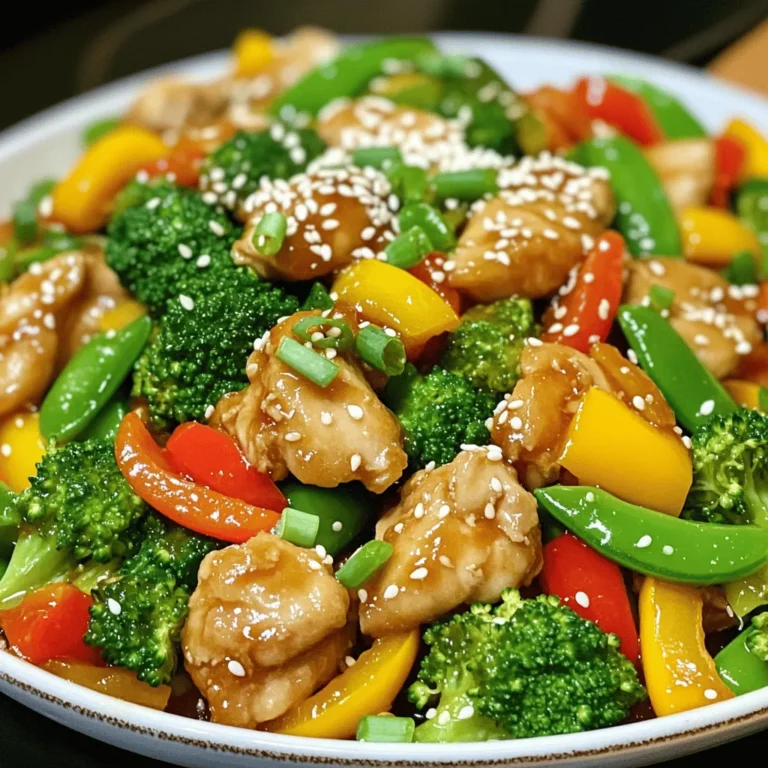 - 1 lb boneless, skinless chicken thighs, cut into bite-sized pieces - 2 tablespoons fresh ginger, minced - 3 cloves garlic, minced - 2 cups mixed bell peppers, sliced (red, yellow, and green) - 1 cup broccoli florets - 1 cup snap peas - 3 tablespoons low-sodium soy sauce - 1 tablespoon rice vinegar - 1 tablespoon honey - 2 teaspoons cornstarch mixed with 2 tablespoons water (for thickening) - Sesame seeds for garnish - Fresh cilantro for garnish (optional) Gathering these ingredients is key for a tasty and quick meal. The chicken thighs bring a rich flavor, while the fresh ginger and garlic add a warm, zesty taste. Mixed bell peppers, broccoli, and snap peas provide crunch and color. The sauce, made from soy sauce, rice vinegar, and honey, gives the dish a sweet and savory kick. Lastly, sesame seeds and cilantro make the stir fry look beautiful and add extra layers of flavor. To start, you need to heat your skillet. Pour one tablespoon of sesame oil into a large skillet over medium-high heat. Wait until the oil shimmers, which means it's ready. Now, add the bite-sized chicken pieces in a single layer. Cook the chicken for about 5 to 7 minutes. Stir it often to help it cook evenly. You want it to be fully cooked and golden brown outside. Once done, take the chicken out and set it aside on a plate. Next, it’s time for the vegetables. In the same skillet, add the remaining tablespoon of sesame oil. When the oil is hot, toss in the minced ginger and garlic. Sauté them for about 30 seconds, stirring all the time. You want them fragrant but not burnt. Now, add the sliced mixed bell peppers, broccoli florets, and snap peas. Stir-fry these veggies for about 3 to 4 minutes. Toss them to coat with the oil and cook until they are tender-crisp. Now, let’s bring it all together. Reintroduce the cooked chicken to the skillet with the veggies. Pour in the low-sodium soy sauce, rice vinegar, and honey. Stir everything well so the sauce spreads evenly. Then, slowly add the cornstarch mixture. Keep stirring as the sauce heats up. After about 1 to 2 minutes, the sauce will thicken. Finally, toss in the sliced green onions and mix everything for a final toss. Your stir fry is now ready to serve! Using high heat is key for stir-frying. This method cooks food fast, locking in flavors. When you heat your skillet or wok until it shimmers, it’s ready for action. Stirring constantly helps everything cook evenly. This prevents burning and keeps the chicken juicy. Remember, the goal is to get a nice golden brown on your chicken. To adjust sweetness, use honey. It adds a nice touch to the dish. You can start with one tablespoon. If you want it sweeter, add a little more. Using fresh ingredients, like ginger and garlic, makes a big difference. Fresh veggies also boost the flavor. They stay bright and crisp, giving your stir fry a delicious taste. When serving, consider using a large bowl or individual plates. This makes it easy for everyone to enjoy. Distribute the chicken and veggies evenly. For a shiny finish, drizzle a bit of extra honey on top. Serve it with steamed jasmine rice. The rice soaks up the sauce and adds a nice contrast to the dish. {{image_4}} You can switch the chicken for other proteins. Tofu is a great choice for a vegetarian meal. It absorbs flavors well and adds a nice texture. If you prefer seafood, shrimp works nicely too. Cook shrimp until they are pink and firm. This keeps the dish light and tasty. Feel free to mix in other veggies. Carrots, zucchini, or snap peas add color and crunch. In summer, use fresh corn or green beans. In winter, try using hearty greens like kale or Swiss chard. Seasonal veggies not only taste better but also add nutrients. You can change the sauce to fit your needs. For a low-sugar option, use less honey or a sugar substitute. If you need it gluten-free, use tamari instead of soy sauce. Want some heat? Add red pepper flakes or sriracha. Adjust the sauce to make it just right for you! Store your leftover sesame ginger chicken stir fry in an airtight container. This keeps it fresh and safe. You can keep it in the fridge for up to three days. After that, the flavors may fade, and the texture could change. Always let it cool before you seal it up. To freeze your stir fry, let it cool completely. Then, place it in a freezer-safe bag or container. Try to remove as much air as possible. This helps prevent freezer burn. You can freeze it for up to three months. When you want to eat it, thaw it in the fridge overnight. When reheating, heat it gently on the stove or in the microwave. Add a splash of water or broth to help steam it. This keeps the chicken and veggies from drying out. Stir it well as it heats. Get creative with your leftovers! You can make a tasty wrap by adding the stir fry to a tortilla. Serve it with rice for lunch or over noodles for a quick dinner. You can also mix it into a salad for a fresh twist. For meal prep, portion the stir fry into individual containers. This makes it easy to grab for lunch or dinner during the week. You’ll have a delicious meal ready in no time! Yes, you can use chicken breasts. The main difference is texture. Chicken thighs are juicier and richer in flavor. Breasts are leaner and can dry out if overcooked. If you use breasts, cook them quickly to keep them moist. If you need a soy sauce substitute, try tamari or coconut aminos. Both options work well for gluten-free diets. You can also use liquid aminos for a similar taste. If you're avoiding soy, these options add flavor without the allergens. You can store the stir fry in the fridge for up to four days. Make sure to use an airtight container. If you want to keep it longer, freeze it for up to three months. Thaw in the fridge and reheat gently on the stove. This blog post offers a complete guide to making sesame ginger chicken stir fry. We explored the main ingredients, like chicken, fresh ginger, and veggies. I shared step-by-step instructions for cooking and combining everything. We discussed tips to enhance flavor and variations to suit your tastes. Finally, I covered how to store leftovers and answered common questions. Enjoy this tasty dish with the helpful tips provided. You’ll create a meal that’s both fast and delicious!