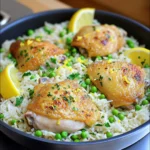 - 4 boneless, skinless chicken thighs - 1 cup jasmine rice - 2 cups chicken broth - 1 medium onion, finely chopped - 3 cloves garlic, minced - 1 lemon, zested and juiced The main ingredients in this dish create a bright and fresh flavor. Chicken thighs are juicy and tender, making them perfect for this one-pan meal. Jasmine rice adds a light, fragrant base that absorbs all the tasty broth. The onion and garlic provide a savory depth, while the lemon gives a zesty twist that brightens everything up. - 2 tablespoons olive oil - 1 teaspoon dried oregano - 1 teaspoon dried thyme - Salt and freshly ground black pepper to taste Seasonings elevate this dish. Olive oil helps to crisp the chicken and adds richness. Dried oregano and thyme give an earthy taste that pairs well with the lemon. Salt and pepper bring all the flavors together, enhancing each bite. - 1 cup green peas (fresh or frozen) - Fresh parsley sprigs for garnish Adding green peas brings a pop of color and sweetness. They also add nutrients and fiber to the dish. Fresh parsley is optional but recommended. It adds a fresh note and makes the dish look beautiful and inviting. - Seasoning the chicken thighs Start by seasoning the chicken thighs. Use salt, pepper, oregano, and thyme. Make sure to cover both sides well. This adds great flavor to the chicken. - Searing the chicken Heat olive oil in a large skillet over medium heat. When the oil is hot, add the seasoned chicken thighs. Sear them for 6-7 minutes on each side. Look for a nice golden crust before removing them from the pan. - Sautéing onion and garlic In the same pan, add finely chopped onion. Sauté for about three minutes until the onion is soft. Then, add minced garlic and cook for one more minute. The garlic should smell great! - Adding rice and toasting Now, add jasmine rice to the pan. Stir the rice to coat it with the onion and garlic. Toast the rice for one to two minutes. This step gives the rice a tasty flavor. - Pouring in the chicken broth Carefully pour in the chicken broth. Then add lemon zest and lemon juice. Stir everything well to mix the flavors. - Reintroducing the chicken and simmering Place the seared chicken thighs back in the pan. Make sure the skin side is facing up. Bring the mixture to a gentle simmer. Cover the pan and reduce the heat to low. Let it cook for 15-20 minutes until the rice is fluffy and the chicken is fully cooked. To make the chicken shine, you need a golden crust. Start with dry chicken thighs. Pat them with a paper towel. This helps the skin get crispy. Season them well with salt, pepper, oregano, and thyme. When the oil is hot, place the chicken in the pan. Cook it for 6 to 7 minutes on each side. This gives a nice, brown color. To check if the chicken is ready, use a meat thermometer. The center must reach 165°F (75°C). This ensures it is safe to eat and juicy. To get fluffy rice, rinse it under cold water first. This helps remove excess starch. If you want to avoid sticky rice, use a 1:2 ratio of rice to broth. For jasmine rice, this ratio works great. It makes the rice light and fluffy. If you use brown rice, you may need more liquid and cooking time. Adjust the broth to 2.5 cups for brown rice. This makes sure it cooks properly. Feel free to switch up the herbs. Instead of oregano and thyme, try rosemary or dill. These herbs can change the dish's taste. If you want some heat, sprinkle in red pepper flakes or diced jalapeños. This adds a spicy kick and wakes up the flavors. Lemon is also key here. Add more zest or juice for an extra tangy taste. A little extra lemon can brighten the whole dish. {{image_4}} You can change the chicken thighs to chicken breasts. This option makes the dish leaner. Chicken breasts cook faster, so check them sooner. You can also try fish like salmon or cod. Fish cooks quickly and adds a nice flavor. Tofu is another great choice for a vegetarian meal. It absorbs flavors well and is a good protein source. If you want a change, use quinoa or brown rice instead of jasmine rice. Quinoa cooks faster and has a nutty flavor. Brown rice is heartier and adds fiber. For added taste, use chicken or vegetable broth instead of water. This will give the rice a richer flavor. Adding seasonal veggies can make this dish even better. Think about bell peppers, zucchini, or carrots. They add color and more nutrients. Spinach is a great choice too; it cooks down well. Asparagus also pairs nicely with the lemon and herbs. Just chop them up and toss them in with the rice. To keep your One-Pan Lemon Herb Chicken and Rice fresh, use airtight containers. Glass or plastic containers work well. Make sure to cool the dish to room temperature before sealing. This helps prevent moisture build-up. In the fridge, your leftovers will last for about three to four days. Always check for any off smells or changes in color before eating. You can freeze this dish for later enjoyment. First, let it cool completely. Then, portion it into freezer-safe bags or containers. Label each bag with the date. To thaw, place it in the fridge overnight. If you’re in a hurry, you can use the microwave. Reheat in short bursts, stirring often to ensure even warming. Make sure the chicken reaches 165°F (75°C) before serving. For easy meals, portion the chicken and rice into individual servings. This way, you can grab them quickly during busy days. When reheating, add a splash of chicken broth for moisture. This keeps the rice fluffy. Serve with a fresh side salad or steamed veggies for a complete meal. Enjoy the zesty flavor even on a busy night! To make One-Pan Lemon Herb Chicken and Rice, start by heating olive oil in a large skillet. Season the chicken thighs with salt, pepper, oregano, and thyme. Sear them for about 6-7 minutes on each side until they turn golden brown. Remove the chicken and set it aside. In the same pan, add chopped onion and sauté for about 3 minutes. Then, stir in minced garlic and cook for another minute. Next, add jasmine rice to the pan and toast it for 1-2 minutes. Pour in chicken broth, lemon zest, and lemon juice. Place the chicken back in the pan, skin-side up, and bring to a simmer. Cover the pan and cook on low for 15-20 minutes. In the last five minutes, add green peas. Fluff the rice and adjust seasoning before serving. You can serve One-Pan Lemon Herb Chicken and Rice with a variety of sides. Here are some great options: - Steamed broccoli: This adds color and nutrition. - Mixed green salad: A light salad balances the meal. - Roasted vegetables: Carrots, zucchini, or bell peppers work well. - Garlic bread: For a comforting touch. - Cucumber salad: Refreshing and crisp, it pairs nicely. Feel free to mix and match based on your taste! Yes, you can make One-Pan Lemon Herb Chicken and Rice in advance. Here are some meal prep tips: - Cook the dish fully: Let it cool, then store in an airtight container. - Refrigerate: It lasts about 3-4 days in the fridge. - Freeze: You can freeze it for up to 3 months. When ready to eat, thaw overnight in the fridge. - Reheat: Warm it on the stove or in the microwave. Add a splash of broth to keep it moist. By planning ahead, you can enjoy this dish anytime! This blog post covered how to make One-Pan Lemon Herb Chicken and Rice. We explored the main ingredients, seasonings, and helpful tips for success. I shared variations for protein and rice, plus storage info to keep meals fresh. In the end, this dish is easy and fun to make. You can change it to suit your taste, making it a perfect fit for any meal. Enjoy cooking this tasty meal and savor every bite!