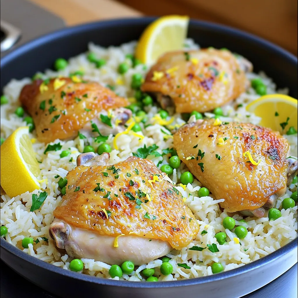 - 4 boneless, skinless chicken thighs - 1 cup jasmine rice - 2 cups chicken broth - 1 medium onion, finely chopped - 3 cloves garlic, minced - 1 lemon, zested and juiced The main ingredients in this dish create a bright and fresh flavor. Chicken thighs are juicy and tender, making them perfect for this one-pan meal. Jasmine rice adds a light, fragrant base that absorbs all the tasty broth. The onion and garlic provide a savory depth, while the lemon gives a zesty twist that brightens everything up. - 2 tablespoons olive oil - 1 teaspoon dried oregano - 1 teaspoon dried thyme - Salt and freshly ground black pepper to taste Seasonings elevate this dish. Olive oil helps to crisp the chicken and adds richness. Dried oregano and thyme give an earthy taste that pairs well with the lemon. Salt and pepper bring all the flavors together, enhancing each bite. - 1 cup green peas (fresh or frozen) - Fresh parsley sprigs for garnish Adding green peas brings a pop of color and sweetness. They also add nutrients and fiber to the dish. Fresh parsley is optional but recommended. It adds a fresh note and makes the dish look beautiful and inviting. - Seasoning the chicken thighs Start by seasoning the chicken thighs. Use salt, pepper, oregano, and thyme. Make sure to cover both sides well. This adds great flavor to the chicken. - Searing the chicken Heat olive oil in a large skillet over medium heat. When the oil is hot, add the seasoned chicken thighs. Sear them for 6-7 minutes on each side. Look for a nice golden crust before removing them from the pan. - Sautéing onion and garlic In the same pan, add finely chopped onion. Sauté for about three minutes until the onion is soft. Then, add minced garlic and cook for one more minute. The garlic should smell great! - Adding rice and toasting Now, add jasmine rice to the pan. Stir the rice to coat it with the onion and garlic. Toast the rice for one to two minutes. This step gives the rice a tasty flavor. - Pouring in the chicken broth Carefully pour in the chicken broth. Then add lemon zest and lemon juice. Stir everything well to mix the flavors. - Reintroducing the chicken and simmering Place the seared chicken thighs back in the pan. Make sure the skin side is facing up. Bring the mixture to a gentle simmer. Cover the pan and reduce the heat to low. Let it cook for 15-20 minutes until the rice is fluffy and the chicken is fully cooked. To make the chicken shine, you need a golden crust. Start with dry chicken thighs. Pat them with a paper towel. This helps the skin get crispy. Season them well with salt, pepper, oregano, and thyme. When the oil is hot, place the chicken in the pan. Cook it for 6 to 7 minutes on each side. This gives a nice, brown color. To check if the chicken is ready, use a meat thermometer. The center must reach 165°F (75°C). This ensures it is safe to eat and juicy. To get fluffy rice, rinse it under cold water first. This helps remove excess starch. If you want to avoid sticky rice, use a 1:2 ratio of rice to broth. For jasmine rice, this ratio works great. It makes the rice light and fluffy. If you use brown rice, you may need more liquid and cooking time. Adjust the broth to 2.5 cups for brown rice. This makes sure it cooks properly. Feel free to switch up the herbs. Instead of oregano and thyme, try rosemary or dill. These herbs can change the dish's taste. If you want some heat, sprinkle in red pepper flakes or diced jalapeños. This adds a spicy kick and wakes up the flavors. Lemon is also key here. Add more zest or juice for an extra tangy taste. A little extra lemon can brighten the whole dish. {{image_4}} You can change the chicken thighs to chicken breasts. This option makes the dish leaner. Chicken breasts cook faster, so check them sooner. You can also try fish like salmon or cod. Fish cooks quickly and adds a nice flavor. Tofu is another great choice for a vegetarian meal. It absorbs flavors well and is a good protein source. If you want a change, use quinoa or brown rice instead of jasmine rice. Quinoa cooks faster and has a nutty flavor. Brown rice is heartier and adds fiber. For added taste, use chicken or vegetable broth instead of water. This will give the rice a richer flavor. Adding seasonal veggies can make this dish even better. Think about bell peppers, zucchini, or carrots. They add color and more nutrients. Spinach is a great choice too; it cooks down well. Asparagus also pairs nicely with the lemon and herbs. Just chop them up and toss them in with the rice. To keep your One-Pan Lemon Herb Chicken and Rice fresh, use airtight containers. Glass or plastic containers work well. Make sure to cool the dish to room temperature before sealing. This helps prevent moisture build-up. In the fridge, your leftovers will last for about three to four days. Always check for any off smells or changes in color before eating. You can freeze this dish for later enjoyment. First, let it cool completely. Then, portion it into freezer-safe bags or containers. Label each bag with the date. To thaw, place it in the fridge overnight. If you’re in a hurry, you can use the microwave. Reheat in short bursts, stirring often to ensure even warming. Make sure the chicken reaches 165°F (75°C) before serving. For easy meals, portion the chicken and rice into individual servings. This way, you can grab them quickly during busy days. When reheating, add a splash of chicken broth for moisture. This keeps the rice fluffy. Serve with a fresh side salad or steamed veggies for a complete meal. Enjoy the zesty flavor even on a busy night! To make One-Pan Lemon Herb Chicken and Rice, start by heating olive oil in a large skillet. Season the chicken thighs with salt, pepper, oregano, and thyme. Sear them for about 6-7 minutes on each side until they turn golden brown. Remove the chicken and set it aside. In the same pan, add chopped onion and sauté for about 3 minutes. Then, stir in minced garlic and cook for another minute. Next, add jasmine rice to the pan and toast it for 1-2 minutes. Pour in chicken broth, lemon zest, and lemon juice. Place the chicken back in the pan, skin-side up, and bring to a simmer. Cover the pan and cook on low for 15-20 minutes. In the last five minutes, add green peas. Fluff the rice and adjust seasoning before serving. You can serve One-Pan Lemon Herb Chicken and Rice with a variety of sides. Here are some great options: - Steamed broccoli: This adds color and nutrition. - Mixed green salad: A light salad balances the meal. - Roasted vegetables: Carrots, zucchini, or bell peppers work well. - Garlic bread: For a comforting touch. - Cucumber salad: Refreshing and crisp, it pairs nicely. Feel free to mix and match based on your taste! Yes, you can make One-Pan Lemon Herb Chicken and Rice in advance. Here are some meal prep tips: - Cook the dish fully: Let it cool, then store in an airtight container. - Refrigerate: It lasts about 3-4 days in the fridge. - Freeze: You can freeze it for up to 3 months. When ready to eat, thaw overnight in the fridge. - Reheat: Warm it on the stove or in the microwave. Add a splash of broth to keep it moist. By planning ahead, you can enjoy this dish anytime! This blog post covered how to make One-Pan Lemon Herb Chicken and Rice. We explored the main ingredients, seasonings, and helpful tips for success. I shared variations for protein and rice, plus storage info to keep meals fresh. In the end, this dish is easy and fun to make. You can change it to suit your taste, making it a perfect fit for any meal. Enjoy cooking this tasty meal and savor every bite!
