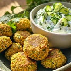 - 1 cup dried chickpeas, soaked overnight - 1 small onion, roughly chopped - 3 cloves garlic, minced - 1/4 cup fresh parsley, finely chopped - 1/4 cup fresh cilantro, finely chopped - 1 teaspoon ground cumin - 1 teaspoon ground coriander - 1/2 teaspoon baking powder - 1 teaspoon salt - 1/2 teaspoon black pepper - 2 tablespoons olive oil - 1 cup Greek yogurt - 1/2 cucumber, grated with excess water squeezed out - 1 clove garlic, minced - 1 tablespoon fresh lemon juice - Salt to taste - Paprika for color - Fresh herbs for a bright touch - Warm pita bread for serving - Fresh greens for a healthy base These simple ingredients make a big impact. The chickpeas give a rich flavor. Fresh herbs add brightness. Using Greek yogurt in the tzatziki brings creaminess. Each part works together for a tasty meal. Enjoying falafel with tzatziki feels like a special treat. Don't skip the garnishes; they add a lovely finish! Start by soaking 1 cup of dried chickpeas overnight. This helps them soften. Next, place the soaked chickpeas in a food processor. Add in 1 small roughly chopped onion, 3 minced garlic cloves, 1/4 cup chopped parsley, and 1/4 cup chopped cilantro. Also, add 1 teaspoon ground cumin, 1 teaspoon ground coriander, 1/2 teaspoon baking powder, 1 teaspoon salt, and 1/2 teaspoon black pepper. Pulse the mixture until it is coarse but well mixed. You want it to have some texture for a great bite. Now, use your hands to take about 2 tablespoons of the falafel mixture. Roll it into a ball or flatten it slightly into a patty. Repeat this until you shape all the mixture into about 12-15 falafel balls. Keep them uniform for even cooking. Preheat your air fryer to 375°F (190°C) for about 5 minutes. This step ensures even cooking. Lightly brush or spray the falafel balls with olive oil. This helps them crisp up nicely. Place the falafel in a single layer in the air fryer basket. If needed, work in batches. Cook for 12-15 minutes, shaking the basket halfway through. They should be golden brown and crispy. While the falafel cooks, it’s time to make the tzatziki. In a medium bowl, mix 1 cup of Greek yogurt with 1/2 grated cucumber. Make sure to squeeze out any excess water from the cucumber. Add 1 minced garlic clove and 1 tablespoon of fresh lemon juice. Stir everything together until it’s well blended. Taste and add salt as needed. Once the falafel is cooked, serve them warm. Place them next to the creamy tzatziki on a platter or in individual bowls. This lets everyone scoop and enjoy. For a fun touch, you can garnish with a sprinkle of paprika or fresh herbs. Serve with warm pita bread or over fresh greens for a delightful meal. To get the right texture, soak dried chickpeas overnight. This makes them soft. Blend the chickpeas with onion and herbs until coarse, not smooth. You want some chunkiness for a good bite. Add baking powder to help them fluff up while cooking. This mix should hold together but not be too wet. If it feels too soft, add a bit of flour to bind it. Preheat your air fryer to 375°F (190°C) for even cooking. Lightly coat falafel balls with olive oil. This helps them crisp up. Avoid overcrowding the basket. Cook in batches if needed. Shake the basket halfway through cooking. This ensures all sides turn golden brown. Cooking time is key; aim for 12-15 minutes for the best results. For a tasty tzatziki, start with quality Greek yogurt. Grate the cucumber and squeeze out excess water. This keeps the sauce from being runny. Mix in minced garlic and fresh lemon juice for a zing. Adjust salt to your taste. For extra flavor, add fresh dill or mint. These herbs uplift the sauce and pair well with falafel. {{image_4}} You can change the flavor of your falafel by adding different herbs and spices. Try adding mint, dill, or even a pinch of chili powder for heat. If you like a nutty taste, mix in some tahini. You can also swap chickpeas for other beans like black beans or lentils. Each bean brings a unique taste and texture. This makes falafel fun and new every time! Tzatziki is creamy and cool, but you can try other dips too. Hummus is a great choice and adds a rich flavor. You might enjoy a spicy harissa sauce for a kick. Another option is a simple garlic yogurt dip, mixing yogurt with garlic and lemon. Each dip can change the whole meal! Serve your falafel in many ways. You can place them in pita bread with fresh veggies. This makes a tasty sandwich. Another idea is to serve them over a salad with greens, tomatoes, and cucumbers. You can also make a falafel bowl with grains like quinoa or rice. This gives you a hearty meal! To store leftover falafel, let them cool first. Place them in an airtight container. You can keep them in the fridge for up to three days. If you want to store them longer, freeze the falafel. Wrap each falafel in plastic wrap and place them in a freezer bag. They will last for about three months in the freezer. After making tzatziki, store it in a clean, airtight container. Place it in the fridge, where it will stay fresh for about four days. If you want to keep it longer, you can freeze tzatziki. Just keep in mind that the texture might change slightly once thawed. To reheat falafel, use the air fryer for the best results. Preheat the air fryer to 350°F (175°C). Place the falafel in the basket and cook for about 5-7 minutes. This will make them crispy again. If using the microwave, heat them for about 30 seconds, but they may not be as crispy. Enjoy your falafel warm with tzatziki! Yes, you can use canned chickpeas. Just rinse and drain them well. This change saves time, but dried chickpeas give a better texture. If you use canned chickpeas, cut back on the water used to soak. If your falafel mix is too wet, add a bit of flour. Use chickpea flour or regular flour. Start with a tablespoon and mix. Check the texture; it should hold together but not be sticky. Yes, you can make it gluten-free. Just use gluten-free flour in the mixture. Chickpea flour works well as a substitute. The rest of the ingredients are naturally gluten-free, making it simple to adapt. Tzatziki lasts about 3 to 4 days in the fridge. Store it in an airtight container to keep it fresh. If it separates, just stir it before serving. Falafel and tzatziki go great with pita bread or fresh veggies. You can also serve them on a salad. Try pairing with rice or quinoa for a complete meal. They are tasty in wraps too! Making air fryer falafel is easy and fun. You learned about the key ingredients, like chickpeas and herbs. I shared step-by-step instructions to guide you through the cooking process. We discussed tips to achieve perfect texture and ways to enhance your tzatziki flavor. You also discovered some tasty variations and smart storage tips. By trying these recipes and tips, you can enjoy delicious, homemade falafel and tzatziki anytime. It's time to get cooking!