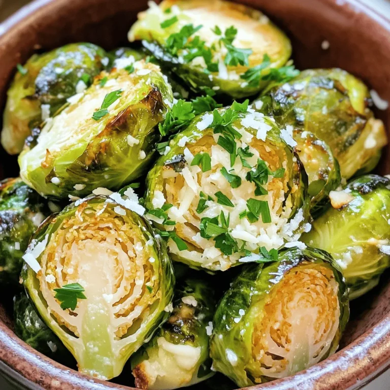 - 1 lb Brussels sprouts, trimmed and halved - 3 tablespoons extra virgin olive oil - 4 cloves garlic, finely minced - 1/2 cup freshly grated Parmesan cheese - 1 teaspoon garlic powder - 1 teaspoon onion powder - 1/2 teaspoon red pepper flakes (optional for heat) - Sea salt and freshly cracked black pepper, to taste - Fresh parsley, finely chopped, for a vibrant garnish In this recipe, Brussels sprouts shine with great taste. Start with fresh, firm Brussels sprouts. Trim the ends and cut them in half. This helps them cook evenly and get crispy. Next, I use extra virgin olive oil to coat them. This oil adds flavor and helps with crispiness. I also love garlic, so I finely mince four cloves. Fresh garlic brings a strong, tasty punch. For seasoning, I add grated Parmesan cheese. This cheese melts and creates a rich, savory crust. Garlic powder and onion powder enhance the flavor even more. If you like a bit of heat, sprinkle in red pepper flakes. Finally, I season with sea salt and black pepper. A dash of each brings out the sprouts' natural taste. I finish with fresh parsley for a pop of color and freshness. Together, these ingredients make a delicious dish. You’ll love the blend of flavors in every bite! First, preheat your air fryer to 375°F (190°C). This step helps cook the Brussels sprouts evenly. A hot air fryer gives you that perfect crunch we all love. In a large bowl, add 1 pound of halved Brussels sprouts. Pour in 3 tablespoons of extra virgin olive oil. Add 4 minced garlic cloves, 1 teaspoon of garlic powder, and 1 teaspoon of onion powder. If you like some heat, toss in 1/2 teaspoon of red pepper flakes. Season with sea salt and black pepper to taste. Mix everything well until the sprouts are coated with all the flavors. Next, sprinkle 1/2 cup of freshly grated Parmesan cheese over the seasoned sprouts. Toss gently. This ensures the cheese sticks to each piece, adding a rich taste. Carefully place the seasoned Brussels sprouts into the air fryer basket. Arrange them in a single layer. This step is key to getting them crispy. You might need to cook in batches if your air fryer is small. Cook the Brussels sprouts for 15 to 18 minutes. Don’t forget to shake the basket halfway through. This helps them brown evenly. When done, they should be golden and crispy on the outside and tender inside. Once they are finished, take them out and place them on a serving dish. They will look beautiful and inviting. Enjoy the delightful crunch and rich flavors right away! To get that perfect crunch, avoid overcrowding the basket. If the sprouts are too close, they won’t cook evenly. Always arrange them in a single layer. Shake the basket halfway through cooking. This helps all sides crisp up nicely. Trust me, those little shakes make a big difference! You can add more flavor by trying different spices. Smoked paprika or cumin can bring a fun twist. If you want a stronger garlic taste, use more minced garlic or add garlic powder. Adjust it to match your taste buds. Feel free to experiment until you find your favorite mix. These Brussels sprouts shine on their own, but you can pair them with dips or sauces. A creamy ranch or tangy balsamic glaze works well. For side dishes, consider serving them with grilled chicken or a fresh salad. The sprouts add a crunchy contrast, making every bite enjoyable! {{image_4}} You can switch up the cheese in this recipe. Try using Asiago or Pecorino Romano for a bold taste. If you want a milder cheese, go for mozzarella. For those avoiding dairy, there are great options too. Look for dairy-free Parmesan made from nuts or coconut. These alternatives melt well and give a nice flavor. Want to add some crunch? Toss in walnuts or almonds. These nuts pair well with the sprouts and add a nice texture. You can also boost the flavor with balsamic glaze. Drizzle it on right before serving for a tangy kick. A squeeze of lemon juice can brighten the dish too. If you want to make this dish vegan, skip the cheese. You won’t miss it! Instead, use nutritional yeast. It adds a cheesy taste without any dairy. Feel free to experiment with herbs or spices to enhance the flavor. Enjoy these Brussels sprouts your way! To store your leftover Air Fryer Garlic Parmesan Brussels Sprouts, place them in an airtight container. Make sure they cool down first. This helps keep them fresh and tasty. They will last for about 3 to 5 days in the fridge. Always check for any signs of spoilage before you eat them. To keep the Brussels sprouts crispy, reheating in the air fryer works best. Set your air fryer to 350°F (175°C) and heat for about 5 minutes. This method revives their crunch. Using a microwave is quicker, but it can make them soggy. If you choose this method, heat in short bursts to avoid overcooking. You can freeze cooked Brussels sprouts if you want to save some for later. Place them in a freezer-safe bag. They can last for up to 3 months in the freezer. To thaw, move them to the fridge overnight. Once thawed, reheat in the air fryer or oven. This will help them regain their original texture. Yes, you can use frozen Brussels sprouts. They are easy to cook and save time. First, do not thaw them. Just toss the frozen sprouts in olive oil and spices. - Tips for cooking from frozen: - Increase the cooking time by 3-5 minutes. - Shake the basket more often to help them cook evenly. - Check for doneness by looking for a golden color and crispy edges. If you need a substitute for Parmesan cheese, there are great options. You can use nutritional yeast for a vegan choice. It adds a cheesy flavor without dairy. - Dairy-free and vegan alternatives: - Use cashew cheese for a creamy texture. - Try store-bought vegan Parmesan. - Grate some Pecorino Romano for a similar taste. You will know the Brussels sprouts are done when they are golden and crispy. They should feel tender inside but firm outside. - Signs of perfect cooking: - Look for a nice brown color on the edges. - The sprouts should be crisp and not mushy. - Taste one to check for the right texture and flavor. In this post, we covered how to make crispy air-fried Brussels sprouts. We talked about key ingredients, step-by-step instructions, and helpful tips for perfect results. You can mix spices, try new cheese, or even go vegan. Remember to store leftovers properly to enjoy later. Experiment and have fun with these ideas. Cooking should be enjoyable, and I hope this guide helps you create tasty dishes with ease. Enjoy your crispy Brussels sprouts!