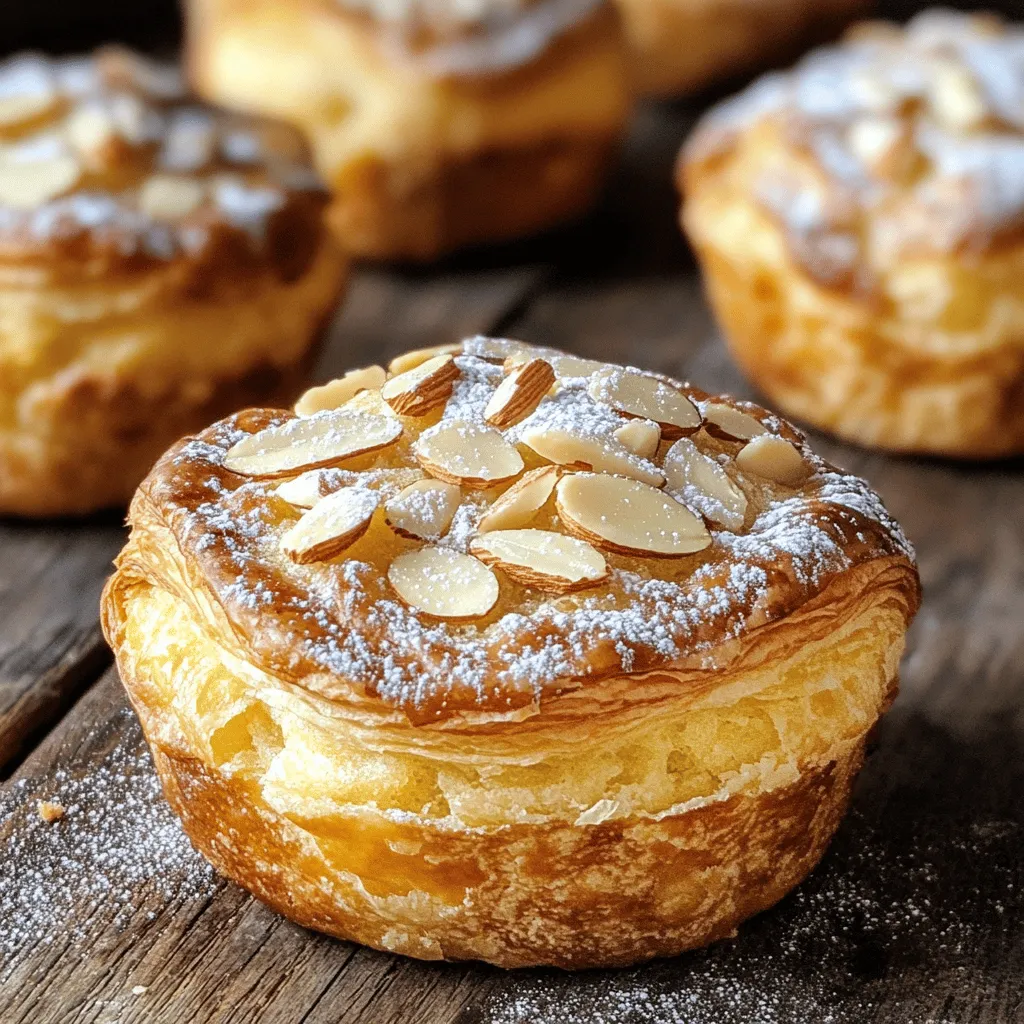 To make Almond Croissant Muffins, gather these ingredients: - 1 cup almond flour - 1 cup all-purpose flour - 1/2 cup granulated sugar - 1 tablespoon baking powder - 1/2 teaspoon salt - 1/2 cup unsalted butter, melted - 1 cup milk (at room temperature) - 2 large eggs (lightly beaten) - 1 teaspoon almond extract - 1/2 cup sliced almonds (plus extra for topping if desired) - 1/4 cup powdered sugar (for dusting) You can swap some ingredients if needed. Here are some options: - Use coconut flour instead of almond flour for a different flavor. - Substitute brown sugar for granulated sugar to add a caramel taste. - If you don’t have unsalted butter, use salted butter and skip the added salt. - Almond milk can replace regular milk for a dairy-free version. - Instead of eggs, try applesauce or flaxseed meal mixed with water for a vegan option. Using high-quality ingredients makes a big difference in your muffins. Fresh almond flour gives a rich taste. Granulated sugar adds sweetness, while good butter brings a lovely texture. When you use fresh eggs and real almond extract, your muffins will shine. They will taste better and have a more delightful aroma. Quality ingredients lead to better results in both flavor and texture, making your baking experience enjoyable. First, preheat your oven to 350°F (175°C). This step is key for even baking. Next, line your muffin tin with paper liners. This makes it easy to remove the muffins later. Each cup should be ready to hold your batter. In a large mixing bowl, combine the almond flour, all-purpose flour, granulated sugar, baking powder, and salt. Use a whisk to mix them well. This helps break up any lumps and ensures even flavor throughout the muffins. In another bowl, mix the melted butter, milk, lightly beaten eggs, and almond extract. Stir until the mixture is smooth. This blend adds moisture and flavor to your muffins. Now, slowly pour the wet ingredients into the dry ingredients. Use a spatula to fold them together gently. Be careful not to overmix; some lumps are perfectly fine. Lumps give the muffins a nice texture that you will love. Spoon the batter into each muffin cup, filling them about three-quarters full. This allows room for the muffins to rise. Bake them in the oven for 20 to 25 minutes. They should turn a lovely golden brown. To check doneness, insert a toothpick into the center. If it comes out clean, your muffins are ready. Once baked, take the muffins out of the oven. Let them cool in the tin for about 5 minutes. Then, move them to a wire rack to cool completely. For a special touch, dust the tops with powdered sugar right before serving. You can also sprinkle more sliced almonds on top for extra crunch and flavor. To make your almond croissant muffins light and fluffy, use fresh ingredients. Fresh baking powder helps your muffins rise well. Combine the dry ingredients well to avoid lumps. When mixing the wet ingredients, ensure they are smooth. Be gentle when folding the dry and wet mixes. Overmixing can lead to dense muffins, which we want to avoid. One common mistake is filling the muffin cups too much. Fill them only three-quarters full. This allows space for the muffins to rise. Another mistake is not checking for doneness. Use a toothpick to test if they are baked inside. If it comes out clean, your muffins are ready. Don’t skip dusting with powdered sugar; it adds a nice touch. Accurate measuring is key to great baking. Use dry measuring cups for flour and almond flour. Level off the top with a straight edge for accuracy. For sticky ingredients like sugar, pack it gently into the cup. Use a liquid measuring cup for milk and melted butter. Always measure at eye level for the best results. This ensures your muffins turn out just right. {{image_4}} You can make these muffins even better by adding chocolate chips. Just fold in 1/2 cup of mini chocolate chips when mixing in the sliced almonds. The sweet chocolate pairs well with the almond flavor. It adds a fun twist that both kids and adults will love. You can switch up the nuts for a new taste. Try using chopped walnuts or pecans instead of sliced almonds. Each nut brings its own unique crunch and flavor. This simple change can make your muffins feel fresh and new. Just remember to keep the nut amount the same. Add extra flavor by using different extracts. Instead of almond extract, you can use vanilla or hazelnut extract. Just swap it out one-for-one. This choice lets you create a new flavor profile. It’s a fun way to experiment and find your favorite taste. To keep your almond croissant muffins fresh, store them in an airtight container. Place them at room temperature for up to three days. This method helps maintain their soft texture and rich flavor. If you live in a humid area, consider refrigerating them. Wrap each muffin in plastic wrap before placing them in a container. This will reduce moisture and prevent them from drying out. If you want to enjoy warm muffins, reheating is simple. Preheat your oven to 350°F (175°C). Place the muffins on a baking sheet and cover them with foil. Heat for about 10 minutes. You can also use a microwave, but be careful. Heat each muffin for about 15-20 seconds. Check to avoid overheating, as that can make them tough. Freezing muffins is a great way to save extras for later. Allow the muffins to cool completely before freezing. Wrap each muffin in plastic wrap and then place them in a freezer bag. Label the bag with the date. You can freeze the muffins for up to three months. When you're ready to enjoy, remove a muffin from the freezer and let it thaw in the fridge overnight. Reheat as needed for a fresh taste. Yes, you can make these muffins gluten-free. Just replace the all-purpose flour with a gluten-free blend. Look for a blend that works well in baking. This will help keep the texture light and fluffy. These muffins stay fresh for about 3 to 5 days at room temperature. Store them in an airtight container to keep them from drying out. If you want them to last longer, you can freeze them for up to three months. Absolutely! Almond milk works great in this recipe. It adds a nice subtle flavor that pairs well with the almond extract. Just make sure to choose unsweetened almond milk to control the sweetness. You can find Almond Croissant Muffins at local bakeries or cafes. Some grocery stores may also carry them in their bakery section. If you're feeling adventurous, try making them at home using my recipe! To make great Almond Croissant Muffins, you need quality ingredients and careful steps. We discussed what ingredients to use, how to prep your muffin tin, and tips for perfect texture. Experiment with variations like chocolate chips and different nuts for added flavor. Remember to store your muffins correctly to keep them fresh. Enjoy your baking and share these delicious treats with friends! The key lies in practice, so have fun as you create these tasty muffins.