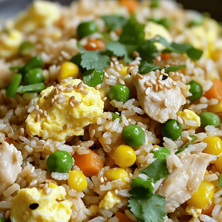 - 2 cups cooked jasmine rice - 1 cup cooked chicken breast, diced - 2 tablespoons sesame oil - 1 cup mixed vegetables (peas, carrots, corn) - 2 green onions, sliced (white and green parts) - 2 large eggs, beaten - 3 tablespoons low-sodium soy sauce - 1 tablespoon rice vinegar - 1 tablespoon toasted sesame seeds - Salt and pepper to taste - Fresh cilantro leaves (optional) Using the right ingredients makes a big difference in flavor. I recommend using jasmine rice. It has a light, floral note and a great texture. Day-old rice works best. It stays firm, so it won’t get mushy. For protein, diced chicken breast is a solid choice. You can also use shrimp or tofu if you prefer. The chicken adds a nice chew. Sesame oil is key for a rich flavor. It adds a nutty warmth that brings the dish to life. Mix in colorful veggies. I like peas, carrots, and corn for taste and color. Add sliced green onions too. They bring a fresh crunch. Don’t forget the eggs! They add protein and creaminess. Scramble them before mixing them into the rice. Seasoning is vital. Low-sodium soy sauce gives saltiness without a lot of sodium. Rice vinegar adds a bit of tang. Finally, sprinkle toasted sesame seeds on top. They add crunch and a nice finish. If you want, add fresh cilantro for a pop of green and flavor. With these ingredients, you will create a tasty and satisfying meal! Make rice prep easier with day-old rice. It helps the grains stay separate. Use chilled jasmine rice for the best texture. For chicken, first, ensure it’s cooked. Then, cut it into small, bite-sized pieces. This helps it mix well with the rice. When slicing green onions, separate the white and green parts. The white part adds a strong flavor to the dish. The green part is perfect for garnish. Start by heating the sesame oil in a large skillet. Set the heat to medium-high. Wait until the oil shimmers. This shows it’s ready and will add rich flavor. Next, scramble the eggs. Pour the beaten eggs into the hot skillet. Stir them continuously. Cook until they form fluffy curds. Then, remove the eggs and set them aside. Now, cook the mixed vegetables. Add them along with the sliced white parts of the green onions. Sauté for about 3-4 minutes until they are tender and bright. Incorporate the chicken and cold rice next. Add the diced chicken to the skillet. Use a spatula to break up any clumps in the rice. Cook this mixture for about 5 minutes until everything heats up. Perfectly season the rice by drizzling soy sauce and rice vinegar. Stir well so the flavors spread evenly. Allow it to cook for an extra 2 minutes. Finally, combine everything. Gently fold the scrambled eggs back in. Add the green parts of the green onions too. Toss until well-mixed. Taste and adjust seasoning with salt and pepper as needed. Using day-old rice gives the best texture. Freshly cooked rice can be too sticky. Let your rice cool completely before using. You can even spread it on a baking tray to speed up cooling. Adjust the soy sauce and vinegar based on your taste. If you like it salty, add more soy sauce. For a tangy kick, increase the vinegar. Stir-frying is key to great fried rice. Heat your pan before adding oil. This helps to prevent sticking. Use high heat to get a nice sear on your ingredients. Stir quickly to ensure even cooking. Toss everything well so each piece gets heated. Keep your ingredients moving in the pan for the best results. Garnishing can elevate your dish. Sprinkle toasted sesame seeds on top for crunch. Use sliced green onions for a pop of color. For a restaurant-style finish, add chopped cilantro. Serve the fried rice in a bowl for an appealing look. You can also use a ring mold for a perfect shape. {{image_4}} You can easily change the protein in your fried rice. Instead of chicken, use shrimp or tofu. Shrimp adds a sweet flavor, while tofu gives a nice texture. Both options fit well with the sesame oil. For vegetables, feel free to mix and match. You can use bell peppers, broccoli, or snap peas. Just pick what you love or have on hand. This makes the dish more fun and colorful. Want to spice things up? Add garlic or ginger for an extra kick. A splash of chili sauce can also bring heat. You can try hoisin sauce for a sweet twist. Each addition will give your dish a new flair. Fresh herbs can make a big difference, too. While cilantro is great, try basil or mint. These herbs will brighten the flavors and provide freshness. If you need a gluten-free meal, swap soy sauce for tamari. This keeps the flavor while being safe for gluten-free diets. For a low-carb option, you can replace rice with cauliflower rice. This change keeps the dish light but still filling. You won’t miss the rice, and it’s a great way to eat more veggies. To keep your sesame chicken fried rice fresh, store it in an airtight container. Make sure to cool it down first. This helps prevent moisture buildup. Place the container in the fridge. It can stay good for up to four days. For longer storage, you can add a splash of soy sauce before sealing. This adds flavor and moisture. Always check for any off smells before eating leftovers. If it smells bad, it's best to toss it. You can reheat fried rice in two ways: a skillet or a microwave. When using a skillet, add a splash of water or broth. Heat on medium, stirring often. This keeps the rice moist. It should take about 5-7 minutes to warm through. If you use a microwave, place the rice in a bowl. Add a few drops of water and cover it with a damp paper towel. Heat in short bursts of 30 seconds. Stir in between to ensure even heating. Both methods help keep the flavor intact. Yes, you can freeze fried rice! Just let it cool completely before packing it. Use a freezer-safe container or bag. Remove as much air as possible to prevent freezer burn. To thaw, place it in the fridge overnight. For a quick option, microwave it straight from the freezer. Just add a little water to keep it moist. Reheat until it’s hot, stirring often. With these storage and reheating tips, your sesame chicken fried rice will taste fresh and delicious every time! For fried rice, I love using jasmine rice. It has a lovely aroma and fluffy texture. Jasmine rice holds its shape well when cooked. You can also use basmati rice for a different flavor. Just avoid sticky rice types. These can turn your dish mushy. Day-old rice works best for fried rice. It dries out a bit, so it won't clump together. To make fried rice taste real, focus on your seasonings. Use low-sodium soy sauce for a rich flavor. Rice vinegar adds a nice touch of acidity. Don't forget the sesame oil; it gives that yummy nutty taste. Fresh green onions are key for a burst of freshness. Mix in different veggies for added color and crunch. You can also add spices like garlic or ginger for depth. Yes, you can prep this dish ahead. Cook the rice and chicken in advance. Store them separately in the fridge. You can also chop the veggies early. Just keep everything in airtight containers. When you're ready to cook, it saves time and stress. For best results, use the fried rice within a couple of days. This blog post shows you how to make delicious fried rice. We covered the main ingredients like jasmine rice, chicken, and vegetables. I offered step-by-step instructions for cooking and tips to boost flavor. You can personalize the dish with variations, and we discussed storage for leftovers. Fried rice is versatile and easy to prepare. With practice, you can impress anyone with your skills. Enjoy cooking and trying new flavors!