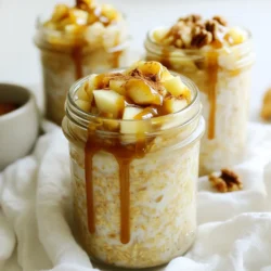 - 1 cup rolled oats - 1 1/2 cups unsweetened almond milk - 1 medium apple, diced - 2 tablespoons caramel sauce - 1 tablespoon chia seeds - 1 teaspoon ground cinnamon - 1 tablespoon maple syrup - A pinch of salt - Chopped nuts Caramel apple overnight oats blend sweet and crunchy flavors. You start with rolled oats, which give a hearty base. They soak up flavors well and keep you full. Next, unsweetened almond milk adds creaminess without extra sugar. Diced apples are the star here. They provide natural sweetness and a crisp bite. Choose a sweet apple like Fuji or Honeycrisp for the best taste. Then, add caramel sauce. This is what makes the oats taste like dessert. Chia seeds are small but mighty. They help thicken the oats and add fiber. Ground cinnamon is key for warmth and spice. A pinch of salt balances all the sweetness. If you want extra sweetness, add maple syrup. Finally, top with chopped nuts. They add crunch and a nutty flavor. Walnuts or pecans work great for this recipe. These ingredients come together for a tasty breakfast. Each bite is sweet, creamy, and satisfying. You can change the milk or nuts as you like. With just a few simple steps, you’ll have a delicious meal ready for the morning. Start by mixing the dry ingredients. In a medium bowl, combine 1 cup of rolled oats, 1 tablespoon of chia seeds, and 1 teaspoon of ground cinnamon. Add a pinch of salt to enhance the flavor. Stir everything well until it is mixed evenly. Next, combine the wet ingredients. Pour in 1 ½ cups of unsweetened almond milk. If you prefer, you can use any milk you like. This will make your oats creamy and delicious. Now, let's fold in the apples and caramel. Dice 1 medium apple and add it to the bowl. I like to use a sweet apple like Fuji or Honeycrisp. Then, drizzle in 2 tablespoons of caramel sauce. If you want extra sweetness, add 1 tablespoon of maple syrup. Gently mix so the apple and caramel coat the oats. After that, divide the oat mixture into two jars or airtight containers. This makes it easy to grab in the morning. Seal each container with a lid. Place them in the refrigerator to chill overnight. This soaking time is important. It allows the oats to absorb the milk and become soft. For overnight soaking tips, make sure to stir the oats in the morning. Taste them to check the sweetness. If you like it sweeter, add a little more maple syrup. Enjoy your tasty and easy breakfast! You can make your caramel apple overnight oats sweeter. Try adding maple syrup for a touch of natural sweetness. One tablespoon is a good start. If you like it sweeter, add more syrup to taste. You can also adjust the caramel amount. Use two tablespoons for a rich flavor. If you prefer a lighter touch, reduce the caramel. Taste your mix before sealing it in jars. This way, you can find your perfect level of sweetness. Adding nuts can give your oats a nice crunch. Chopped walnuts or pecans work well in this recipe. They add flavor and healthy fats. You can also play with milk options. Unsweetened almond milk is great, but you can try oat or coconut milk too. Each milk brings a unique taste. This lets you customize your oats even more. Serving your oats in mason jars is fun and easy. Clear bowls also look nice. These options show off the layers of oats, apples, and caramel. For a pretty touch, garnish with a thin slice of apple. A light dusting of cinnamon on top adds color and flavor. You can drizzle extra caramel sauce for a sweet finish. This makes your breakfast not just tasty but also beautiful! {{image_4}} You can change the fruit in your overnight oats. Try using pears or bananas instead of apples. Both fruits give a nice taste. Pears add sweetness, while bananas create creaminess. You can also mix in dried fruits. Raisins, cranberries, or apricots work well. They add a chewy texture and extra flavor. Want to boost the taste? Add vanilla extract or a pinch of nutmeg. These ingredients make your oats more exciting. You can also switch up the toppings. Instead of nuts, try adding coconut flakes or chocolate chips. Both options create a new twist on your breakfast. If you need gluten-free options, choose certified gluten-free oats. They will work great in this recipe. For vegan modifications, use plant-based milk and ensure your caramel sauce is dairy-free. This way, everyone can enjoy a tasty breakfast. To keep your caramel apple overnight oats fresh, use airtight containers. Glass jars work great for this. They help seal in the flavors and keep the oats soft. In the refrigerator, your oats will stay fresh for up to four days. Just remember to keep the toppings separate until you're ready to eat. You can enjoy your overnight oats cold, but if you like them warm, reheating is easy. Use a microwave for quick heating. Just place your oats in a bowl and heat for about a minute. Stir halfway through for even warmth. You can also heat them on the stovetop. Just place them in a small pot over low heat. Stir until warm. If you want to store your oats for longer, you can freeze them. Pour the mixture into freezer-safe containers. Leave some space at the top, as the oats will expand when frozen. They can last up to three months in the freezer. To thaw, move them to the fridge the night before. You can also microwave them directly from the freezer. Just add a splash of milk to help them soften. You can store caramel apple overnight oats for up to 5 days in the fridge. The oats stay soft, and the flavors blend well over time. Just keep them in airtight containers to ensure freshness. If you notice any change in texture or smell, it's best to toss them. Yes, you can make overnight oats without chia seeds. If you prefer, use flaxseeds or omit them entirely. Chia seeds add fiber and help thicken the oats. If you skip them, just remember to adjust the liquid amount slightly, as they absorb some of it. Overnight oats can be healthier than traditional oatmeal. They often contain more fiber and protein, especially if you add nuts or seeds. The cold soaking method retains nutrients better than cooking. Plus, you get to control the sugar by choosing your sweeteners. Enjoying a variety of toppings can also boost nutrient intake. In this post, we explored how to make delicious caramel apple overnight oats. We covered the key ingredients like oats, almond milk, and caramel sauce. You learned step-by-step instructions for mixing, assembling, and storing your oats. I shared tips to customize sweetness and enhance texture. Finally, consider different fruits or flavors to make your oats unique. Enjoy your tasty creation!